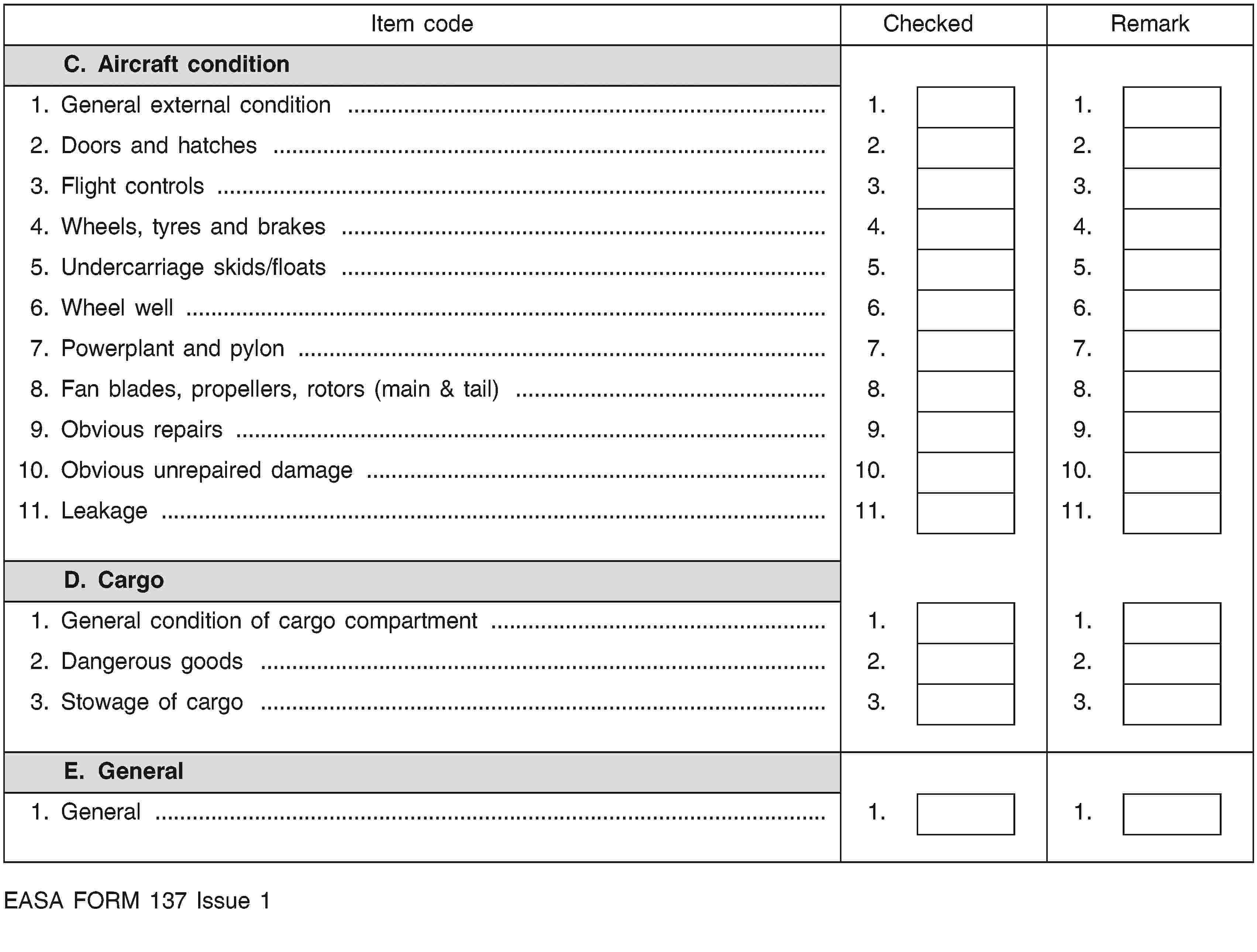 Item codeCheckedRemarkC. Aircraft condition1. General external condition …1.1.2. Doors and hatches …2.2.3. Flight controls …3.3.4. Wheels, tyres and brakes …4.4.5. Undercarriage skids/floats …5.5.6. Wheel well …6.6.7. Powerplant and pylon …7.7.8. Fan blades, propellers, rotors (main & tail) …8.8.9. Obvious repairs …9.9.10. Obvious unrepaired damage …10.10.11. Leakage …11.11.D. Cargo1. General condition of cargo compartment …1.1.2. Dangerous goods …2.2.3. Stowage of cargo …3.3.E. General1. General …1.1.EASA FORM 137 Issue 1