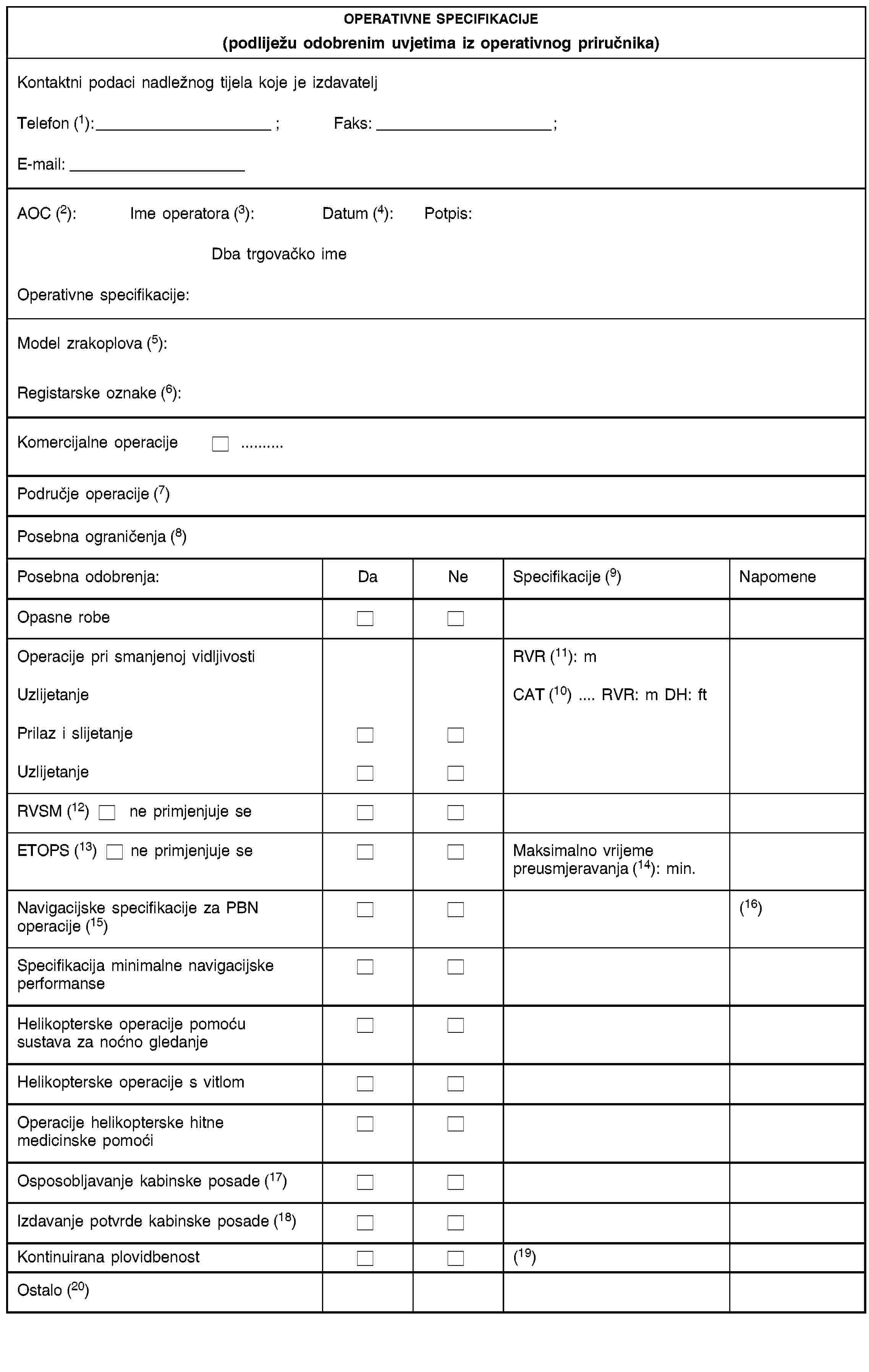 OPERATIVNE SPECIFIKACIJE(podliježu odobrenim uvjetima iz operativnog priručnika)Kontaktni podaci nadležnog tijela koje je izdavateljTelefon (1): ;Faks: ;E-mail:AOC (2):Ime operatora (3):Datum (4):Potpis:Dba trgovačko imeOperativne specifikacije:Model zrakoplova (5):Registarske oznake (6):Komercijalne operacije …Područje operacije (7)Posebna ograničenja (8)Posebna odobrenja:DaNeSpecifikacije (9)NapomeneOpasne robeOperacije pri smanjenoj vidljivostiRVR (11): mUzlijetanjeCAT (10) … RVR: m DH: ftPrilaz i slijetanjeUzlijetanjeRVSM (12) ne primjenjuje seETOPS (13) ne primjenjuje seMaksimalno vrijeme preusmjeravanja (14): min.Navigacijske specifikacije za PBN operacije (15)(16)Specifikacija minimalne navigacijske performanseHelikopterske operacije pomoću sustava za noćno gledanjeHelikopterske operacije s vitlomOperacije helikopterske hitne medicinske pomoćiOsposobljavanje kabinske posade (17)Izdavanje potvrde kabinske posade (18)Kontinuirana plovidbenost(19)Ostalo (20)