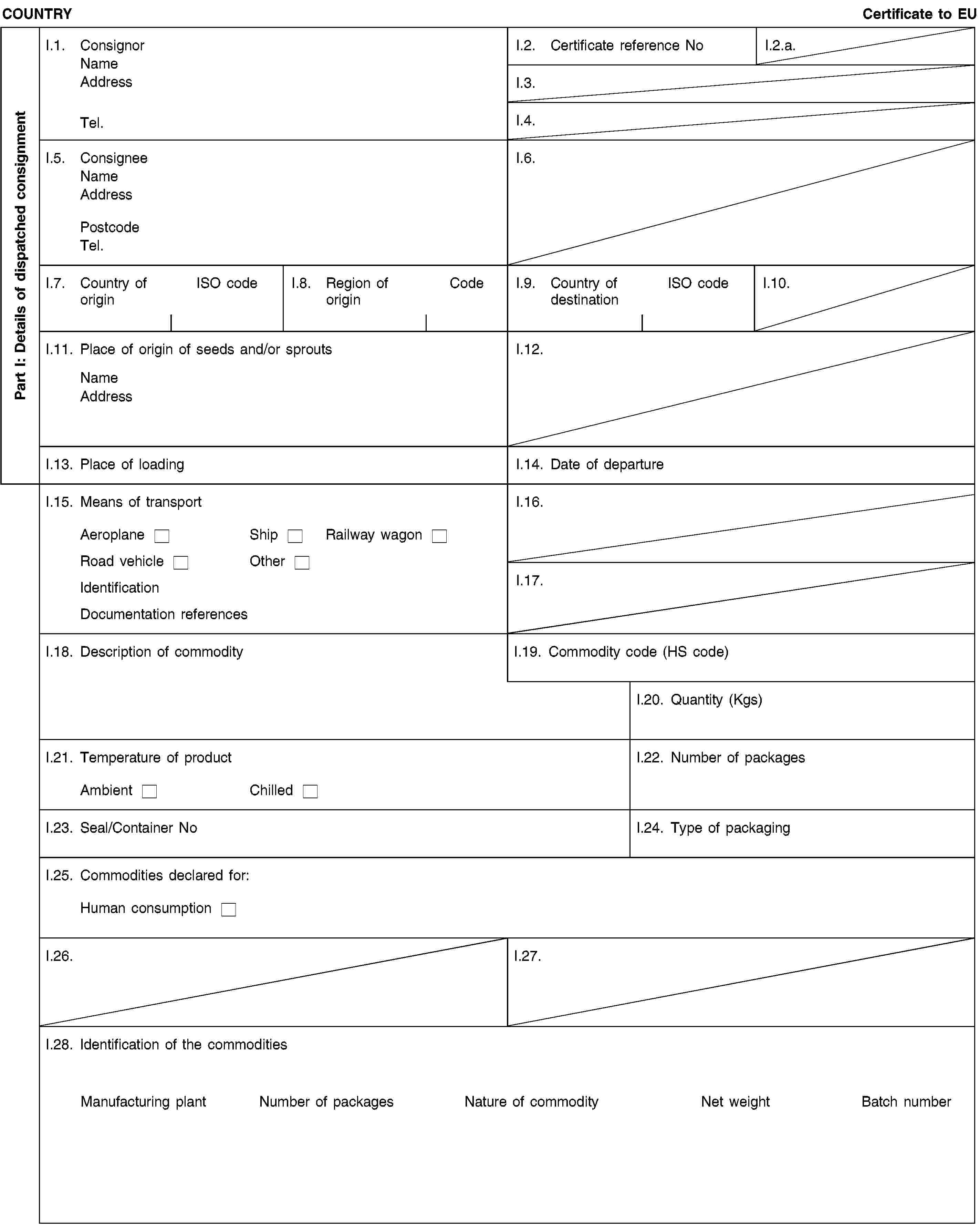 COUNTRY:Certificate to EUPart I: Details of dispatched consignmentI.1. ConsignorNameAddressTel.I.2. Certificate reference NoI.2.a.I.3.I.4.I.5. ConsigneeNameAddressPostcodeTel.I.6.I.7. Country of originISO codeI.8. Region of originCodeI.9. Country of destinationISO codeI.10.I.11. Place of origin of seeds and/or sproutsNameAddressI.12.I.13. Place of loadingI.14. Date of departureI.15. Means of transportAeroplane Ship Railway wagonRoad vehicle OtherIdentificationDocumentation referencesI.16.I.17.I.18. Description of commodityI.19. Commodity code (HS code)I.20. Quantity (Kgs)I.21. Temperature of productAmbient ChilledI.22. Number of packagesI.23. Seal/Container NoI.24. Type of packagingI.25. Commodities declared for:Human consumptionI.26.I.27.I.28. Identification of the commoditiesManufacturing plant Number of packages Nature of commodity Net weight Batch number