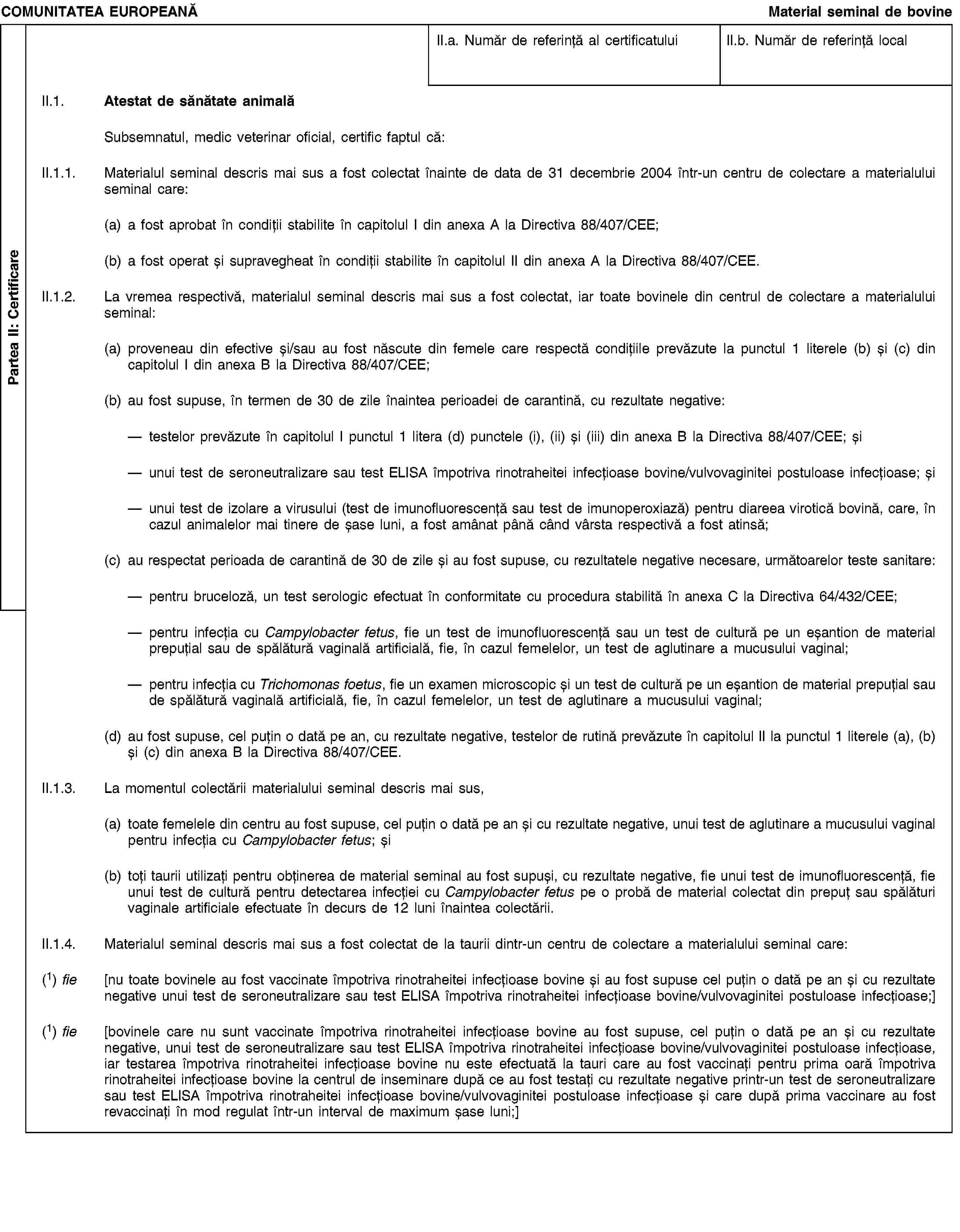 Partea II: CertificareCOMUNITATEA EUROPEANĂMaterial seminal de bovineII.a. Număr de referință al certificatuluiII.b. Număr de referință localII.1. Atestat de sănătate animalăSubsemnatul, medic veterinar oficial, certific faptul că:II.1.1. Materialul seminal descris mai sus a fost colectat înainte de data de 31 decembrie 2004 într-un centru de colectare a materialului seminal care:(a) a fost aprobat în condiții stabilite în capitolul I din anexa A la Directiva 88/407/CEE;(b) a fost operat și supravegheat în condiții stabilite în capitolul II din anexa A la Directiva 88/407/CEE.II.1.2. La vremea respectivă, materialul seminal descris mai sus a fost colectat, iar toate bovinele din centrul de colectare a materialului seminal:(a) proveneau din efective și/sau au fost născute din femele care respectă condițiile prevăzute la punctul 1 literele (b) și (c) din capitolul I din anexa B la Directiva 88/407/CEE;(b) au fost supuse, în termen de 30 de zile înaintea perioadei de carantină, cu rezultate negative:testelor prevăzute în capitolul I punctul 1 litera (d) punctele (i), (ii) și (iii) din anexa B la Directiva 88/407/CEE; șiunui test de seroneutralizare sau test ELISA împotriva rinotraheitei infecțioase bovine/vulvovaginitei postuloase infecțioase; șiunui test de izolare a virusului (test de imunofluorescență sau test de imunoperoxiază) pentru diareea virotică bovină, care, în cazul animalelor mai tinere de șase luni, a fost amânat până când vârsta respectivă a fost atinsă;(c) au respectat perioada de carantină de 30 de zile și au fost supuse, cu rezultatele negative necesare, următoarelor teste sanitare:pentru bruceloză, un test serologic efectuat în conformitate cu procedura stabilită în anexa C la Directiva 64/432/CEE;pentru infecția cu Campylobacter fetus, fie un test de imunofluorescență sau un test de cultură pe un eșantion de material prepuțial sau de spălătură vaginală artificială, fie, în cazul femelelor, un test de aglutinare a mucusului vaginal;pentru infecția cu Trichomonas foetus, fie un examen microscopic și un test de cultură pe un eșantion de material prepuțial sau de spălătură vaginală artificială, fie, în cazul femelelor, un test de aglutinare a mucusului vaginal;(d) au fost supuse, cel puțin o dată pe an, cu rezultate negative, testelor de rutină prevăzute în capitolul II la punctul 1 literele (a), (b) și (c) din anexa B la Directiva 88/407/CEE.II.1.3. La momentul colectării materialului seminal descris mai sus,(a) toate femelele din centru au fost supuse, cel puțin o dată pe an și cu rezultate negative, unui test de aglutinare a mucusului vaginal pentru infecția cu Campylobacter fetus; și(b) toți taurii utilizați pentru obținerea de material seminal au fost supuși, cu rezultate negative, fie unui test de imunofluorescență, fie unui test de cultură pentru detectarea infecției cu Campylobacter fetus pe o probă de material colectat din prepuț sau spălături vaginale artificiale efectuate în decurs de 12 luni înaintea colectării.II.1.4. Materialul seminal descris mai sus a fost colectat de la taurii dintr-un centru de colectare a materialului seminal care:(1) fie [nu toate bovinele au fost vaccinate împotriva rinotraheitei infecțioase bovine și au fost supuse cel puțin o dată pe an și cu rezultate negative unui test de seroneutralizare sau test ELISA împotriva rinotraheitei infecțioase bovine/vulvovaginitei postuloase infecțioase;](1) fie [bovinele care nu sunt vaccinate împotriva rinotraheitei infecțioase bovine au fost supuse, cel puțin o dată pe an și cu rezultate negative, unui test de seroneutralizare sau test ELISA împotriva rinotraheitei infecțioase bovine/vulvovaginitei postuloase infecțioase, iar testarea împotriva rinotraheitei infecțioase bovine nu este efectuată la tauri care au fost vaccinați pentru prima oară împotriva rinotraheitei infecțioase bovine la centrul de inseminare după ce au fost testați cu rezultate negative printr-un test de seroneutralizare sau test ELISA împotriva rinotraheitei infecțioase bovine/vulvovaginitei postuloase infecțioase și care după prima vaccinare au fost revaccinați în mod regulat într-un interval de maximum șase luni;]
