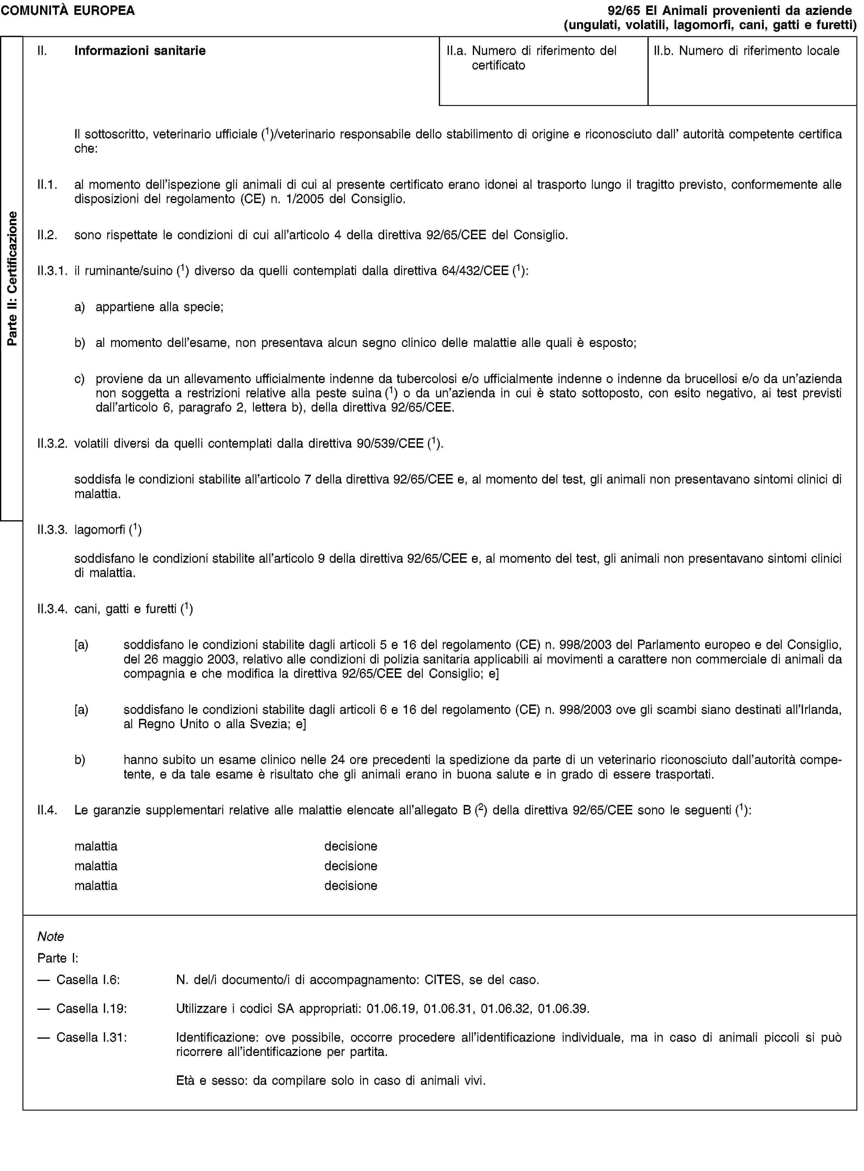 Parte II: CertificazioneCOMUNITÀ EUROPEA92/65 EI Animali provenienti da aziende (ungulati, volatili, lagomorfi, cani, gatti e furetti)II. Informazioni sanitarieII.a. Numero di riferimento del certificatoII.b. Numero di riferimento localeIl sottoscritto, veterinario ufficiale (1)/veterinario responsabile dello stabilimento di origine e riconosciuto dall’ autorità competente certifica che:II.1. al momento dell’ispezione gli animali di cui al presente certificato erano idonei al trasporto lungo il tragitto previsto, conformemente alle disposizioni del regolamento (CE) n. 1/2005 del Consiglio.II.2. sono rispettate le condizioni di cui all’articolo 4 della direttiva 92/65/CEE del Consiglio.II.3.1. il ruminante/suino (1) diverso da quelli contemplati dalla direttiva 64/432/CEE (1):a) appartiene alla specie;b) al momento dell’esame, non presentava alcun segno clinico delle malattie alle quali è esposto;c) proviene da un allevamento ufficialmente indenne da tubercolosi e/o ufficialmente indenne o indenne da brucellosi e/o da un’azienda non soggetta a restrizioni relative alla peste suina (1) o da un’azienda in cui è stato sottoposto, con esito negativo, ai test previsti dall’articolo 6, paragrafo 2, lettera b), della direttiva 92/65/CEE.II.3.2. volatili diversi da quelli contemplati dalla direttiva 90/539/CEE (1).soddisfa le condizioni stabilite all’articolo 7 della direttiva 92/65/CEE e, al momento del test, gli animali non presentavano sintomi clinici di malattia.II.3.3. lagomorfi (1)soddisfano le condizioni stabilite all’articolo 9 della direttiva 92/65/CEE e, al momento del test, gli animali non presentavano sintomi clinici di malattia.II.3.4. cani, gatti e furetti (1)[a) soddisfano le condizioni stabilite dagli articoli 5 e 16 del regolamento (CE) n. 998/2003 del Parlamento europeo e del Consiglio, del 26 maggio 2003, relativo alle condizioni di polizia sanitaria applicabili ai movimenti a carattere non commerciale di animali da compagnia e che modifica la direttiva 92/65/CEE del Consiglio; e][a) soddisfano le condizioni stabilite dagli articoli 6 e 16 del regolamento (CE) n. 998/2003 ove gli scambi siano destinati all’Irlanda, al Regno Unito o alla Svezia; e]b) hanno subito un esame clinico nelle 24 ore precedenti la spedizione da parte di un veterinario riconosciuto dall’autorità competente, e da tale esame è risultato che gli animali erano in buona salute e in grado di essere trasportati.II.4. Le garanzie supplementari relative alle malattie elencate all’allegato B (2) della direttiva 92/65/CEE sono le seguenti (1):malattiadecisionemalattiadecisionemalattiadecisioneNoteParte I:Casella I.6: N. del/i documento/i di accompagnamento: CITES, se del caso.Casella I.19: Utilizzare i codici SA appropriati: 01.06.19, 01.06.31, 01.06.32, 01.06.39.Casella I.31: Identificazione: ove possibile, occorre procedere all’identificazione individuale, ma in caso di animali piccoli si può ricorrere all’identificazione per partita.Età e sesso: da compilare solo in caso di animali vivi.