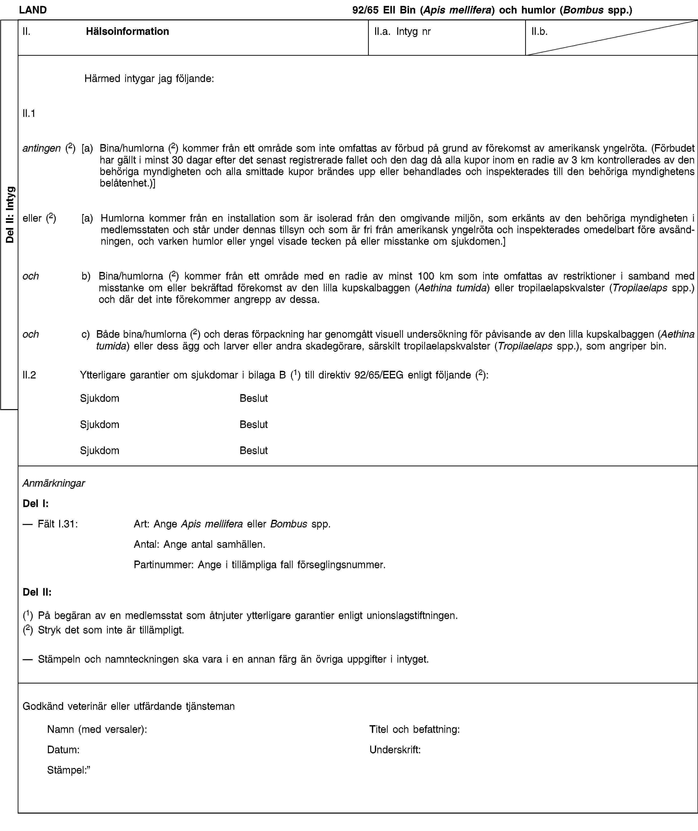 Del II: IntygLAND92/65 EII Bin (Apis mellifera) och humlor (Bombus spp.)II. HälsoinformationII.a. Intyg nrII.b.Härmed intygar jag följande:II.1antingen (2)[a) Bina/humlorna (2) kommer från ett område som inte omfattas av förbud på grund av förekomst av amerikansk yngelröta. (Förbudet har gällt i minst 30 dagar efter det senast registrerade fallet och den dag då alla kupor inom en radie av 3 km kontrollerades av den behöriga myndigheten och alla smittade kupor brändes upp eller behandlades och inspekterades till den behöriga myndighetens belåtenhet.)]eller (2)[a) Humlorna kommer från en installation som är isolerad från den omgivande miljön, som erkänts av den behöriga myndigheten i medlemsstaten och står under dennas tillsyn och som är fri från amerikansk yngelröta och inspekterades omedelbart före avsändningen, och varken humlor eller yngel visade tecken på eller misstanke om sjukdomen.]ochb) Bina/humlorna (2) kommer från ett område med en radie av minst 100 km som inte omfattas av restriktioner i samband med misstanke om eller bekräftad förekomst av den lilla kupskalbaggen (Aethina tumida) eller tropilaelapskvalster (Tropilaelaps spp.) och där det inte förekommer angrepp av dessa.ochc) Både bina/humlorna (2) och deras förpackning har genomgått visuell undersökning för påvisande av den lilla kupskalbaggen (Aethina tumida) eller dess ägg och larver eller andra skadegörare, särskilt tropilaelapskvalster (Tropilaelaps spp.), som angriper bin.II.2Ytterligare garantier om sjukdomar i bilaga B (1) till direktiv 92/65/EEG enligt följande (2):SjukdomBeslutSjukdomBeslutSjukdom BeslutAnmärkningarDel I:Fält I.31:Art: Ange Apis mellifera eller Bombus spp.Antal: Ange antal samhällen.Partinummer: Ange i tillämpliga fall förseglingsnummer.Del II:(1) På begäran av en medlemsstat som åtnjuter ytterligare garantier enligt unionslagstiftningen.(2) Stryk det som inte är tillämpligt.Stämpeln och namnteckningen ska vara i en annan färg än övriga uppgifter i intyget.Godkänd veterinär eller utfärdande tjänstemanNamn (med versaler):Titel och befattning:Datum:Underskrift:Stämpel: