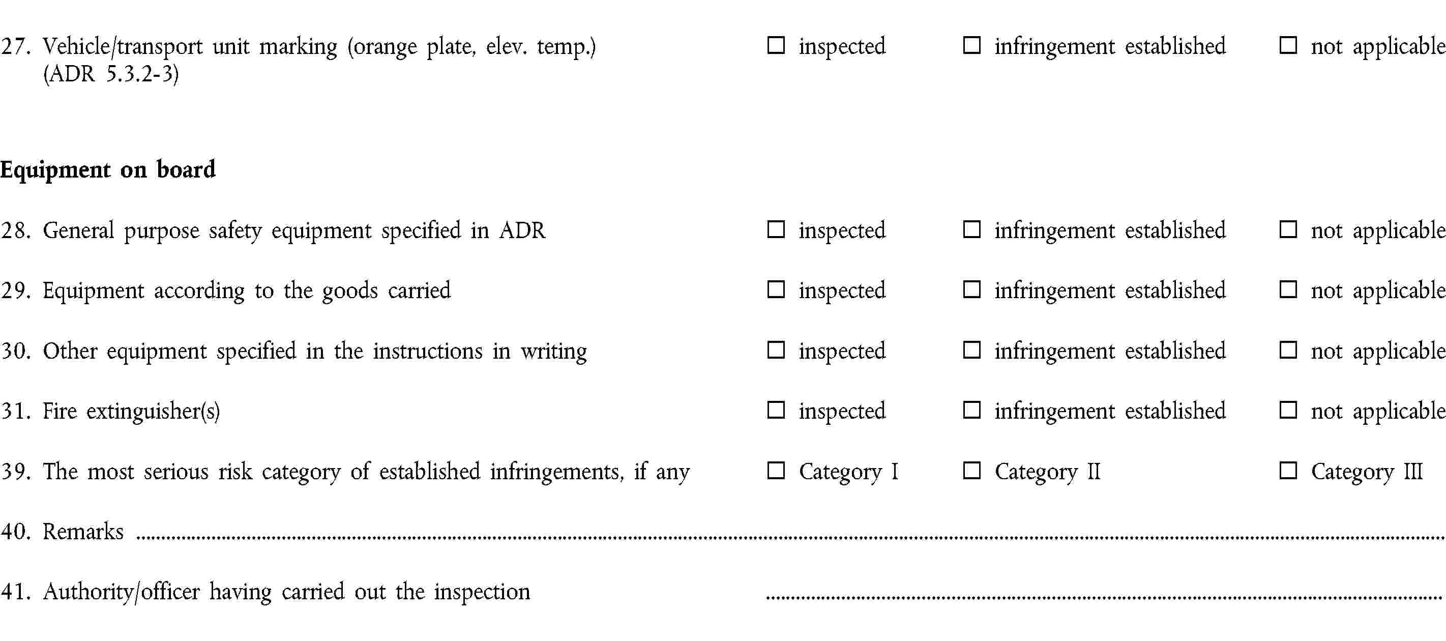 27. Vehicle/transport unit marking (orange plate, elev. temp.)(ADR 5.3.2-3)inspectedinfringement establishednot applicableEquipment on board28. General purpose safety equipment specified in ADRinspectedinfringement establishednot applicable29. Equipment according to the goods carriedinspectedinfringement establishednot applicable30. Other equipment specified in the instructions in writinginspectedinfringement establishednot applicable31. Fire extinguisher(s)inspectedinfringement establishednot applicable39. The most serious risk category of established infringements, if anyCategory ICategory IICategory III40. Remarks41. Authority/officer having carried out the inspection