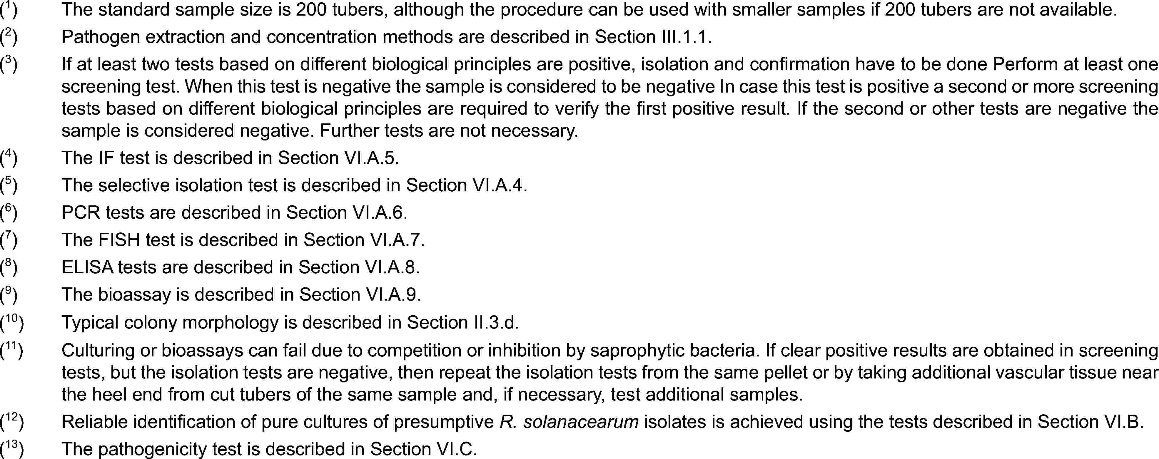 (1)The standard sample size is 200 tubers, although the procedure can be used with smaller samples if 200 tubers are not available.(2)Pathogen extraction and concentration methods are described in Section III.1.1.(3)If at least two tests based on different biological principles are positive, isolation and confirmation have to be done Perform at least one screening test. When this test is negative the sample is considered to be negative In case this test is positive a second or more screening tests based on different biological principles are required to verify the first positive result. If the second or other tests are negative the sample is considered negative. Further tests are not necessary.(4)The IF test is described in Section VI.A.5.(5)The selective isolation test is described in Section VI.A.4.(6)PCR tests are described in Section VI.A.6.(7)The FISH test is described in Section VI.A.7.(8)ELISA tests are described in Section VI.A.8.(9)The bioassay is described in Section VI.A.9.(10)Typical colony morphology is described in Section II.3.d.(11)Culturing or bioassays can fail due to competition or inhibition by saprophytic bacteria. If clear positive results are obtained in screening tests, but the isolation tests are negative, then repeat the isolation tests from the same pellet or by taking additional vascular tissue near the heel end from cut tubers of the same sample and, if necessary, test additional samples.(12)Reliable identification of pure cultures of presumptive R. solanacearum isolates is achieved using the tests described in Section VI.B.(13)The pathogenicity test is described in Section VI.C.