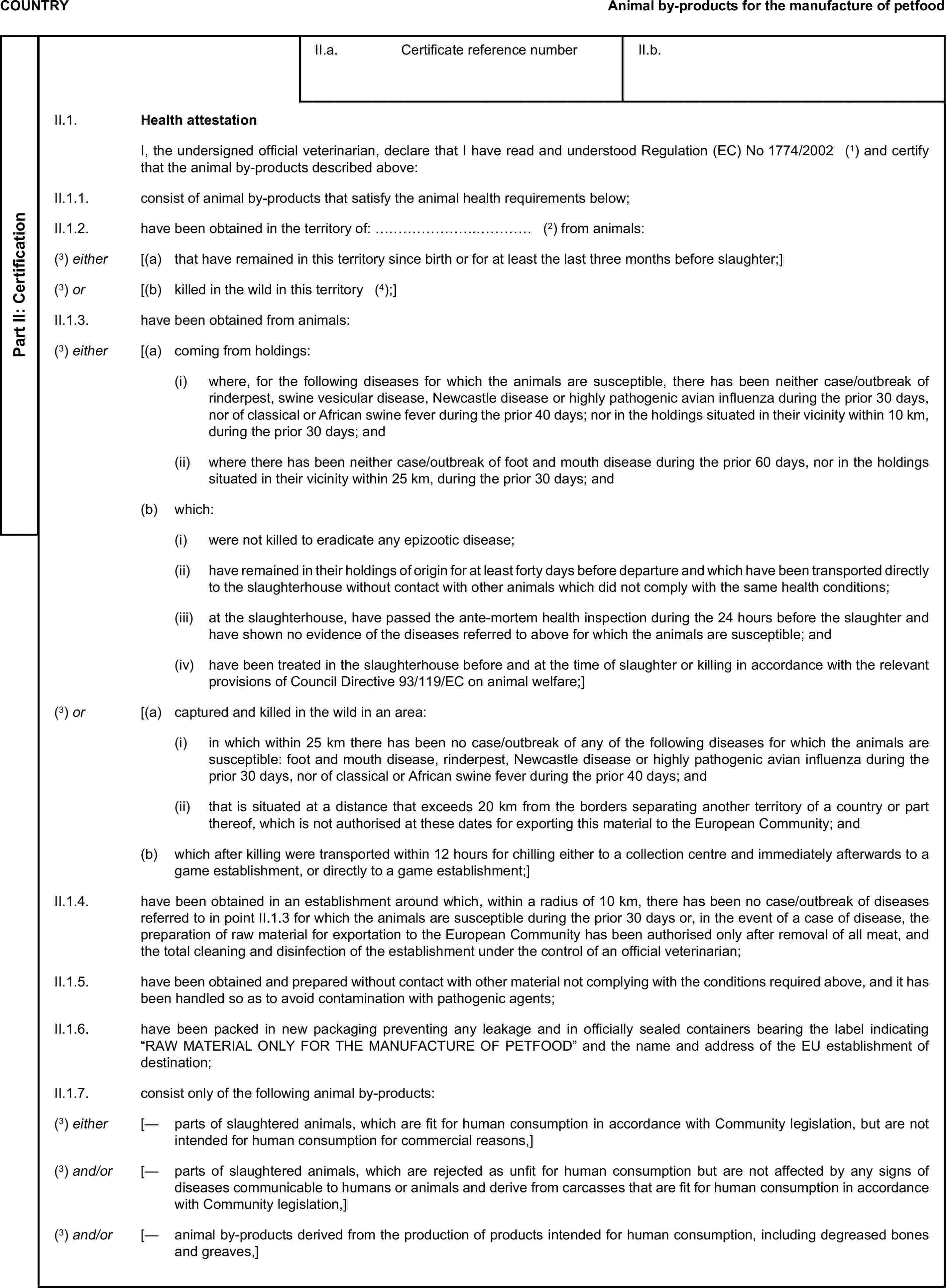 COUNTRYAnimal by-products for the manufacture of petfoodPart II: CertificationII.a. Certificate reference numberII.b.II.1. Health attestationI, the undersigned official veterinarian, declare that I have read and understood Regulation (EC) No 1774/2002 (1) and certify that the animal by-products described above:II.1.1. consist of animal by-products that satisfy the animal health requirements below;II.1.2. have been obtained in the territory of: ………………….………… (2) from animals:(3) either [(a) that have remained in this territory since birth or for at least the last three months before slaughter;](3) or [(b) killed in the wild in this territory (4);]II.1.3. have been obtained from animals:(3) either [(a) coming from holdings:(i) where, for the following diseases for which the animals are susceptible, there has been neither case/outbreak of rinderpest, swine vesicular disease, Newcastle disease or highly pathogenic avian influenza during the prior 30 days, nor of classical or African swine fever during the prior 40 days; nor in the holdings situated in their vicinity within 10 km, during the prior 30 days; and(ii) where there has been neither case/outbreak of foot and mouth disease during the prior 60 days, nor in the holdings situated in their vicinity within 25 km, during the prior 30 days; and(b) which:(i) were not killed to eradicate any epizootic disease;(ii) have remained in their holdings of origin for at least forty days before departure and which have been transported directly to the slaughterhouse without contact with other animals which did not comply with the same health conditions;(iii) at the slaughterhouse, have passed the ante-mortem health inspection during the 24 hours before the slaughter and have shown no evidence of the diseases referred to above for which the animals are susceptible; and(iv) have been treated in the slaughterhouse before and at the time of slaughter or killing in accordance with the relevant provisions of Council Directive 93/119/EC on animal welfare;](3) or [(a) captured and killed in the wild in an area:(i) in which within 25 km there has been no case/outbreak of any of the following diseases for which the animals are susceptible: foot and mouth disease, rinderpest, Newcastle disease or highly pathogenic avian influenza during the prior 30 days, nor of classical or African swine fever during the prior 40 days; and(ii) that is situated at a distance that exceeds 20 km from the borders separating another territory of a country or part thereof, which is not authorised at these dates for exporting this material to the European Community; and(b) which after killing were transported within 12 hours for chilling either to a collection centre and immediately afterwards to a game establishment, or directly to a game establishment;]II.1.4. have been obtained in an establishment around which, within a radius of 10 km, there has been no case/outbreak of diseases referred to in point II.1.3 for which the animals are susceptible during the prior 30 days or, in the event of a case of disease, the preparation of raw material for exportation to the European Community has been authorised only after removal of all meat, and the total cleaning and disinfection of the establishment under the control of an official veterinarian;II.1.5. have been obtained and prepared without contact with other material not complying with the conditions required above, and it has been handled so as to avoid contamination with pathogenic agents;II.1.6. have been packed in new packaging preventing any leakage and in officially sealed containers bearing the label indicating “RAW MATERIAL ONLY FOR THE MANUFACTURE OF PETFOOD” and the name and address of the EU establishment of destination;II.1.7. consist only of the following animal by-products:(3) either [— parts of slaughtered animals, which are fit for human consumption in accordance with Community legislation, but are not intended for human consumption for commercial reasons,](3) and/or [— parts of slaughtered animals, which are rejected as unfit for human consumption but are not affected by any signs of diseases communicable to humans or animals and derive from carcasses that are fit for human consumption in accordance with Community legislation,](3) and/or [— animal by-products derived from the production of products intended for human consumption, including degreased bones and greaves,]