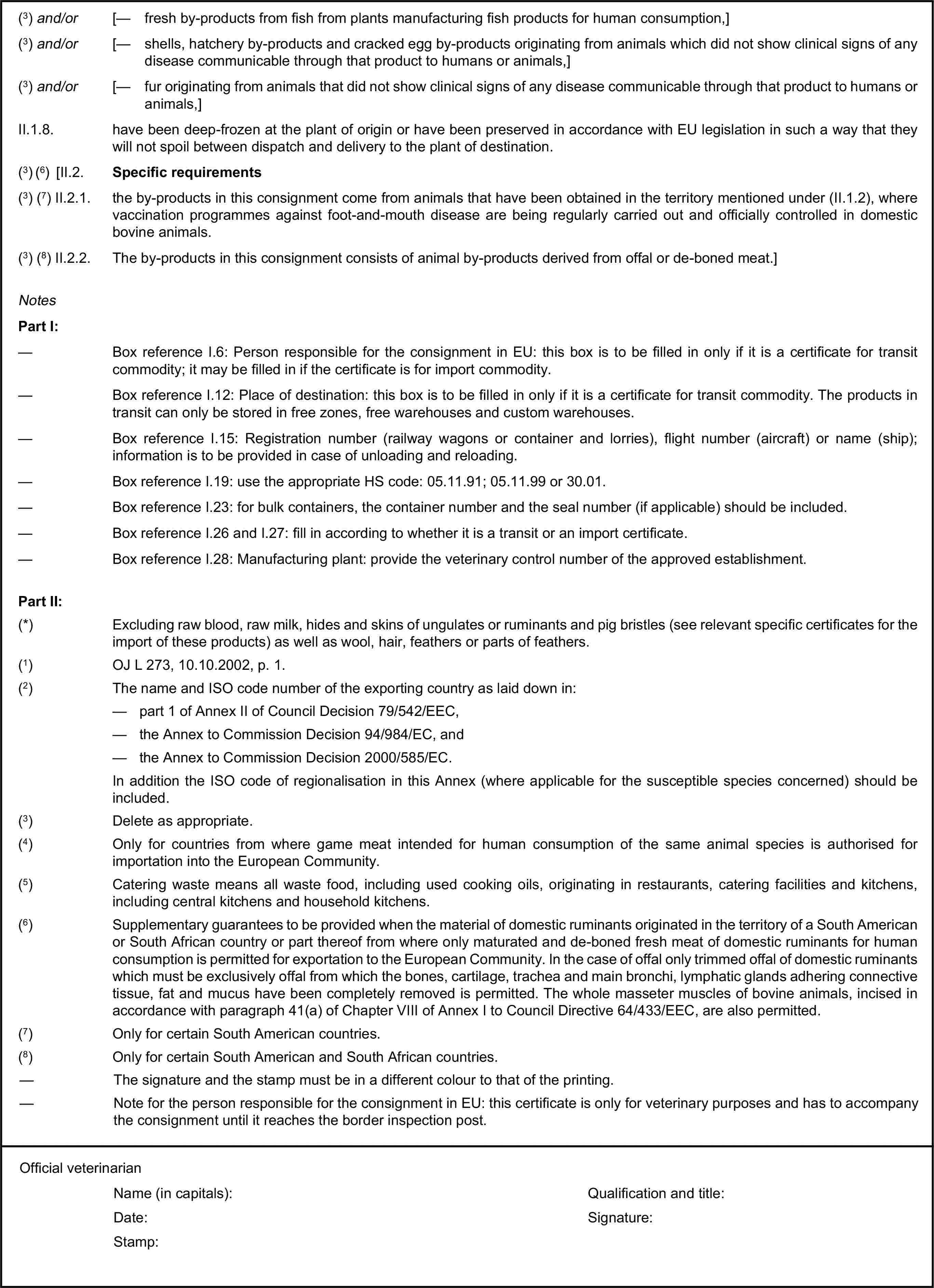 (3) and/or [— fresh by-products from fish from plants manufacturing fish products for human consumption,](3) and/or [— shells, hatchery by-products and cracked egg by-products originating from animals which did not show clinical signs of any disease communicable through that product to humans or animals,](3) and/or [— fur originating from animals that did not show clinical signs of any disease communicable through that product to humans or animals,]II.1.8. have been deep-frozen at the plant of origin or have been preserved in accordance with EU legislation in such a way that they will not spoil between dispatch and delivery to the plant of destination.(3) (6) [II.2. Specific requirements(3) (7) II.2.1. the by-products in this consignment come from animals that have been obtained in the territory mentioned under (II.1.2), where vaccination programmes against foot-and-mouth disease are being regularly carried out and officially controlled in domestic bovine animals.(3) (8) II.2.2. The by-products in this consignment consists of animal by-products derived from offal or de-boned meat.]NotesPart I:— Box reference I.6: Person responsible for the consignment in EU: this box is to be filled in only if it is a certificate for transit commodity; it may be filled in if the certificate is for import commodity.— Box reference I.12: Place of destination: this box is to be filled in only if it is a certificate for transit commodity. The products in transit can only be stored in free zones, free warehouses and custom warehouses.— Box reference I.15: Registration number (railway wagons or container and lorries), flight number (aircraft) or name (ship); information is to be provided in case of unloading and reloading.— Box reference I.19: use the appropriate HS code: 05.11.91; 05.11.99 or 30.01.— Box reference I.23: for bulk containers, the container number and the seal number (if applicable) should be included.— Box reference I.26 and I.27: fill in according to whether it is a transit or an import certificate.— Box reference I.28: Manufacturing plant: provide the veterinary control number of the approved establishment.Part II:(*) Excluding raw blood, raw milk, hides and skins of ungulates or ruminants and pig bristles (see relevant specific certificates for the import of these products) as well as wool, hair, feathers or parts of feathers.(1) OJ L 273, 10.10.2002, p. 1.(2) The name and ISO code number of the exporting country as laid down in:— part 1 of Annex II of Council Decision 79/542/EEC,— the Annex to Commission Decision 94/984/EC, and— the Annex to Commission Decision 2000/585/EC.In addition the ISO code of regionalisation in this Annex (where applicable for the susceptible species concerned) should be included.(3) Delete as appropriate.(4) Only for countries from where game meat intended for human consumption of the same animal species is authorised for importation into the European Community.(5) Catering waste means all waste food, including used cooking oils, originating in restaurants, catering facilities and kitchens, including central kitchens and household kitchens.(6) Supplementary guarantees to be provided when the material of domestic ruminants originated in the territory of a South American or South African country or part thereof from where only maturated and de-boned fresh meat of domestic ruminants for human consumption is permitted for exportation to the European Community. In the case of offal only trimmed offal of domestic ruminants which must be exclusively offal from which the bones, cartilage, trachea and main bronchi, lymphatic glands adhering connective tissue, fat and mucus have been completely removed is permitted. The whole masseter muscles of bovine animals, incised in accordance with paragraph 41(a) of Chapter VIII of Annex I to Council Directive 64/433/EEC, are also permitted.(7) Only for certain South American countries.(8) Only for certain South American and South African countries.— The signature and the stamp must be in a different colour to that of the printing.— Note for the person responsible for the consignment in EU: this certificate is only for veterinary purposes and has to accompany the consignment until it reaches the border inspection post.Official veterinarianName (in capitals):Qualification and title:Date:Signature:Stamp: