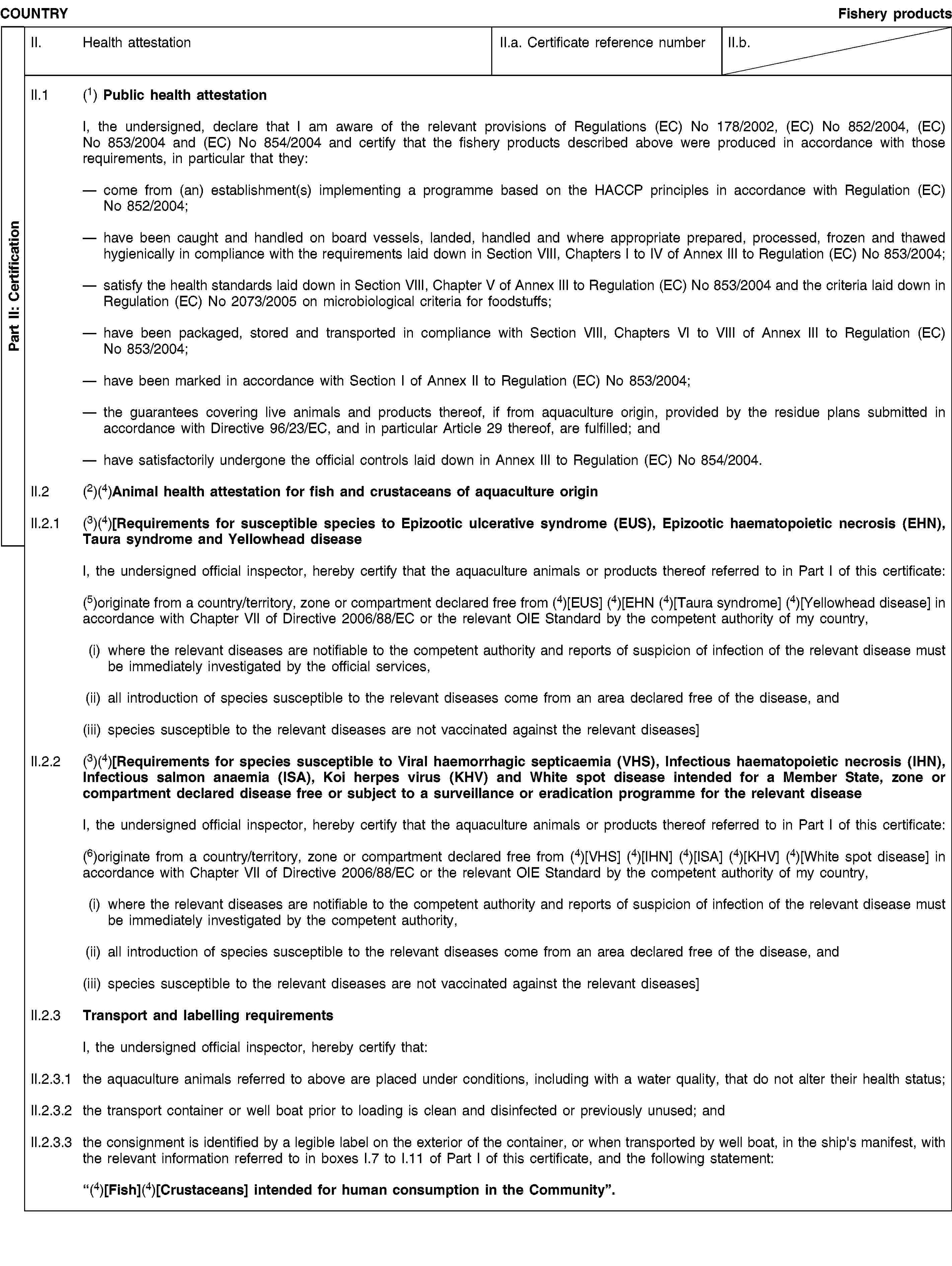 Part II: CertificationCOUNTRYFishery productsII. Health attestationII.a. Certificate reference numberII.b.II.1 (1) Public health attestationI, the undersigned, declare that I am aware of the relevant provisions of Regulations (EC) No 178/2002, (EC) No 852/2004, (EC) No 853/2004 and (EC) No 854/2004 and certify that the fishery products described above were produced in accordance with those requirements, in particular that they:come from (an) establishment(s) implementing a programme based on the HACCP principles in accordance with Regulation (EC) No 852/2004;have been caught and handled on board vessels, landed, handled and where appropriate prepared, processed, frozen and thawed hygienically in compliance with the requirements laid down in Section VIII, Chapters I to IV of Annex III to Regulation (EC) No 853/2004;satisfy the health standards laid down in Section VIII, Chapter V of Annex III to Regulation (EC) No 853/2004 and the criteria laid down in Regulation (EC) No 2073/2005 on microbiological criteria for foodstuffs;have been packaged, stored and transported in compliance with Section VIII, Chapters VI to VIII of Annex III to Regulation (EC) No 853/2004;have been marked in accordance with Section I of Annex II to Regulation (EC) No 853/2004;the guarantees covering live animals and products thereof, if from aquaculture origin, provided by the residue plans submitted in accordance with Directive 96/23/EC, and in particular Article 29 thereof, are fulfilled; andhave satisfactorily undergone the official controls laid down in Annex III to Regulation (EC) No 854/2004.II.2 (2)(4)Animal health attestation for fish and crustaceans of aquaculture originII.2.1 (3)(4)[Requirements for susceptible species to Epizootic ulcerative syndrome (EUS), Epizootic haematopoietic necrosis (EHN), Taura syndrome and Yellowhead diseaseI, the undersigned official inspector, hereby certify that the aquaculture animals or products thereof referred to in Part I of this certificate:(5)originate from a country/territory, zone or compartment declared free from (4)[EUS] (4)[EHN (4)[Taura syndrome] (4)[Yellowhead disease] in accordance with Chapter VII of Directive 2006/88/EC or the relevant OIE Standard by the competent authority of my country,(i) where the relevant diseases are notifiable to the competent authority and reports of suspicion of infection of the relevant disease must be immediately investigated by the official services,(ii) all introduction of species susceptible to the relevant diseases come from an area declared free of the disease, and(iii) species susceptible to the relevant diseases are not vaccinated against the relevant diseases]II.2.2 (3)(4)[Requirements for species susceptible to Viral haemorrhagic septicaemia (VHS), Infectious haematopoietic necrosis (IHN), Infectious salmon anaemia (ISA), Koi herpes virus (KHV) and White spot disease intended for a Member State, zone or compartment declared disease free or subject to a surveillance or eradication programme for the relevant diseaseI, the undersigned official inspector, hereby certify that the aquaculture animals or products thereof referred to in Part I of this certificate:(6)originate from a country/territory, zone or compartment declared free from (4)[VHS] (4)[IHN] (4)[ISA] (4)[KHV] (4)[White spot disease] in accordance with Chapter VII of Directive 2006/88/EC or the relevant OIE Standard by the competent authority of my country,(i) where the relevant diseases are notifiable to the competent authority and reports of suspicion of infection of the relevant disease must be immediately investigated by the competent authority,(ii) all introduction of species susceptible to the relevant diseases come from an area declared free of the disease, and(iii) species susceptible to the relevant diseases are not vaccinated against the relevant diseases]II.2.3 Transport and labelling requirementsI, the undersigned official inspector, hereby certify that:II.2.3.1 the aquaculture animals referred to above are placed under conditions, including with a water quality, that do not alter their health status;II.2.3.2 the transport container or well boat prior to loading is clean and disinfected or previously unused; andII.2.3.3 the consignment is identified by a legible label on the exterior of the container, or when transported by well boat, in the ship's manifest, with the relevant information referred to in boxes I.7 to I.11 of Part I of this certificate, and the following statement:“(4)[Fish](4)[Crustaceans] intended for human consumption in the Community”.