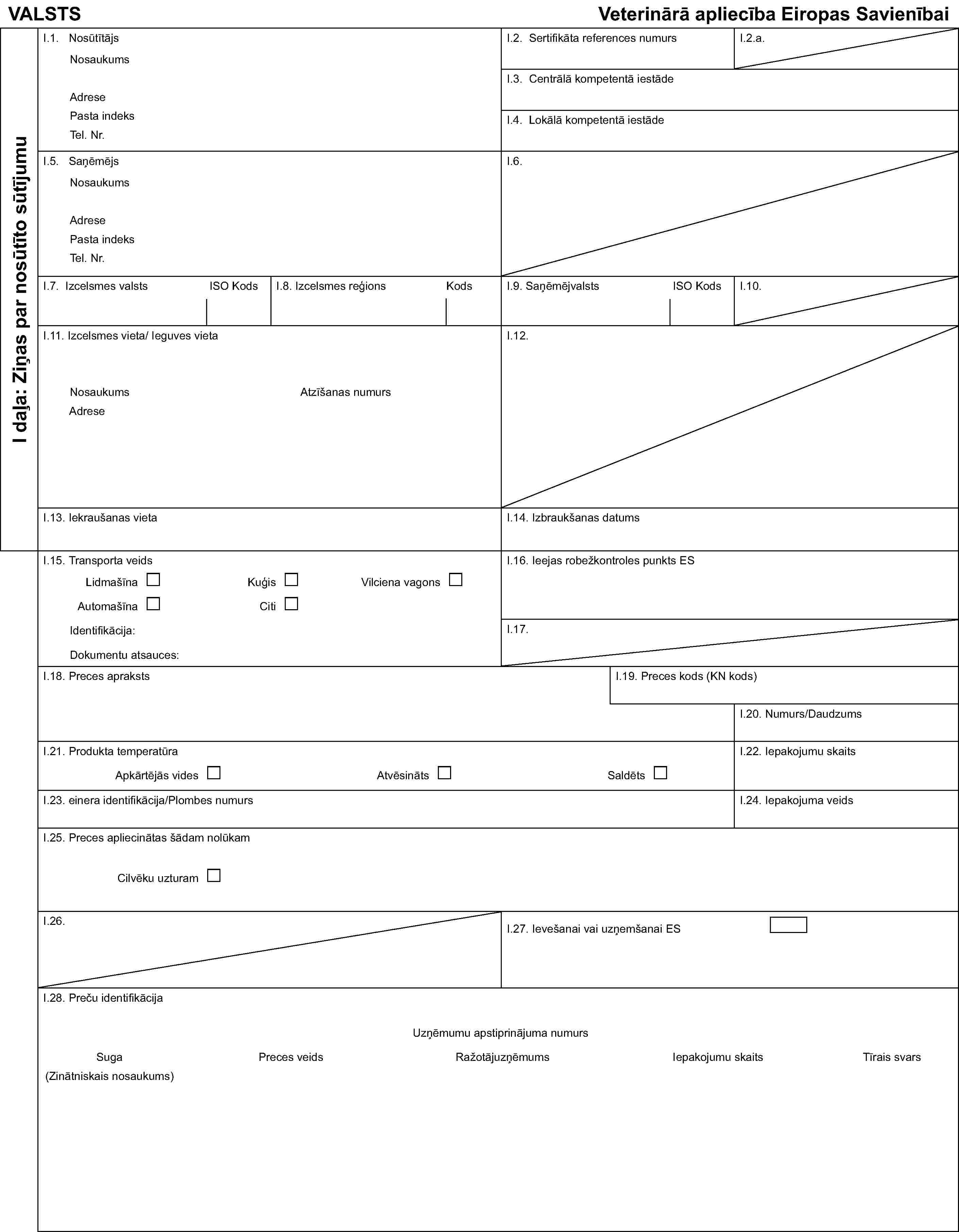 I daļa: Ziņas par nosūtīto sūtījumuVALSTSVeterinārā apliecība Eiropas SavienībaiI.1. NosūtītājsNosaukumsAdresePasta indeksTel. Nr.I.2. Sertifikāta references numursI.2.a.I.3. Centrālā kompetentā iestādeI.4. Lokālā kompetentā iestādeI.5. SaņēmējsNosaukumsAdresePasta indeksTel. Nr.I.6.I.7. Izcelsmes valstsISO KodsI.8. Izcelsmes reģionsKodsI.9. SaņēmējvalstsISO KodsI.10.I.11. Izcelsmes vieta/Ieguves vietaNosaukumsAdreseAtzīšanas numursI.12.I.13. Iekraušanas vietaI.14. Izbraukšanas datumsI.15. Transporta veidsLidmašīnaAutomašīnaIdentifikācija:Dokumentu atsauces:KuģisCitiVilciena vagonsI.16. Ieejas robežkontroles punkts ESI.17.I.18. Preces aprakstsI.19. Preces kods (KN kods)I.20. Numurs/DaudzumsI.21. Produkta temperatūraApkārtējās videsAtvēsinātsSaldētsI.22. Iepakojumu skaitsI.23. einera identifikācija/Plombes numursI.24. Iepakojuma veidsI.25. Preces apliecinātas šādam nolūkamCilvēku uzturamI.26.I.27. Ievešanai vai uzņemšanai ESI.28. Preču identifikācijaSuga(Zinātniskais nosaukums)Preces veidsUzņēmumu apstiprinājuma numursRažotājuzņēmumsIepakojumu skaitsTīrais svars