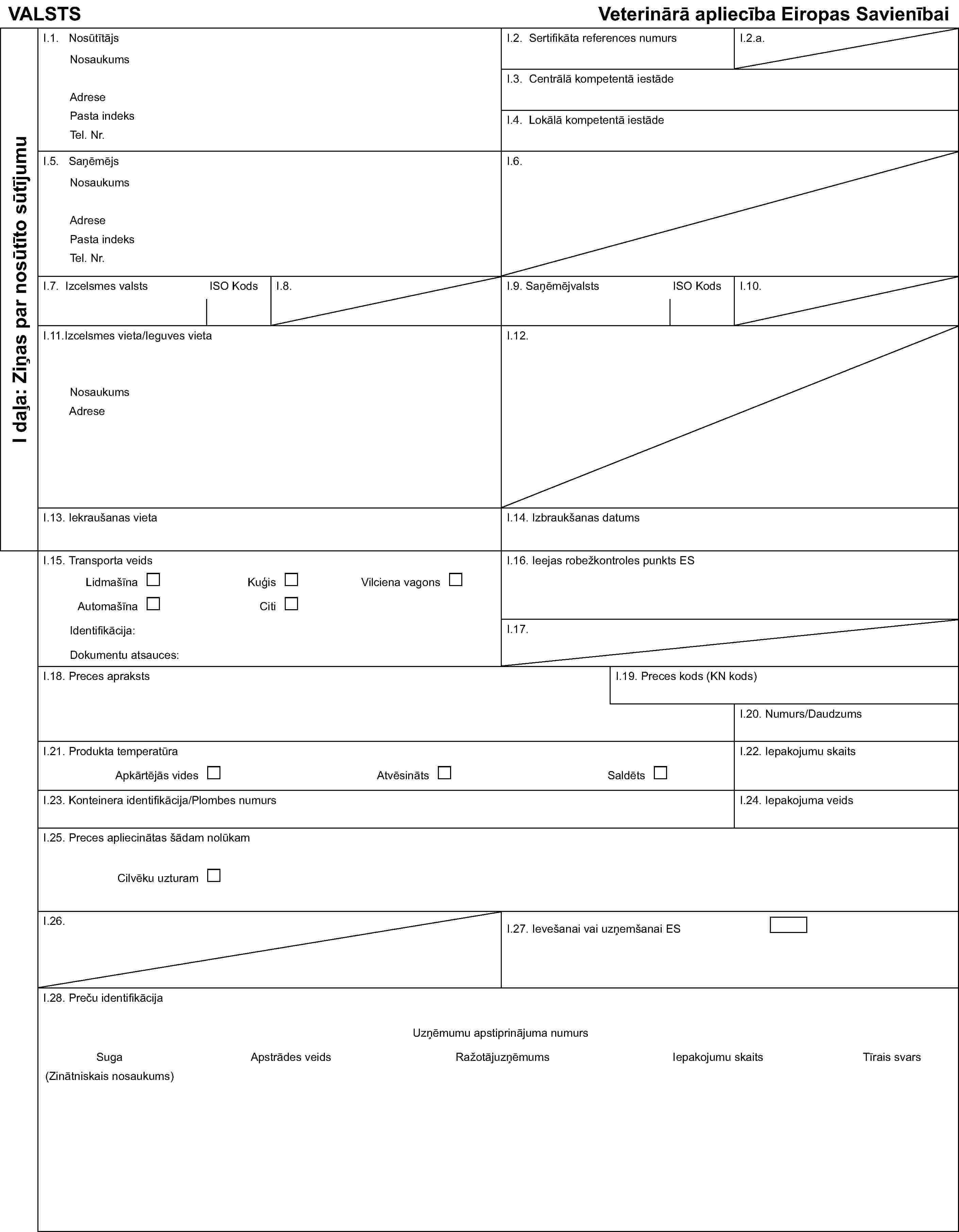 I daļa: Ziņas par nosūtīto sūtījumuVALSTSVeterinārā apliecība Eiropas SavienībaiI.1. NosūtītājsNosaukumsAdresePasta indeksTel. Nr.I.2. Sertifikāta references numursI.2.a.I.3. Centrālā kompetentā iestādeI.4. Lokālā kompetentā iestādeI.5. SaņēmējsNosaukumsAdresePasta indeksTel. Nr.I.6.I.7. Izcelsmes valstsISO KodsI.8.I.9. SaņēmējvalstsISO KodsI.10.I.11. Izcelsmes vieta/leguves vietaNosaukumsAdreseI.12.I.13. Iekraušanas vietaI.14. Izbraukšanas datumsI.15. Transporta veidsLidmašīnaAutomašīnaIdentifikācija:Dokumentu atsauces:KuģisCitiVilciena vagonsI.16. Ieejas robežkontroles punkts ESI.17.I.18. Preces aprakstsI.19. Preces kods (KN kods)I.20. Numurs/DaudzumsI.21. Produkta temperatūraApkārtējās videsAtvēsinātsSaldētsI.22. Iepakojumu skaitsI.23. Konteinera identifikācija/Plombes numursI.24. Iepakojuma veidsI.25. Preces apliecinātas šādam nolūkamCilvēku uzturamI.26.I.27. Ievešanai vai uzņemšanai ESI.28. Preču identifikācijaSuga(Zinātniskais nosaukums)Apstrādes veidsUzņēmumu apstiprinājuma numursRažotājuzņēmumsIepakojumu skaitsTīrais svars