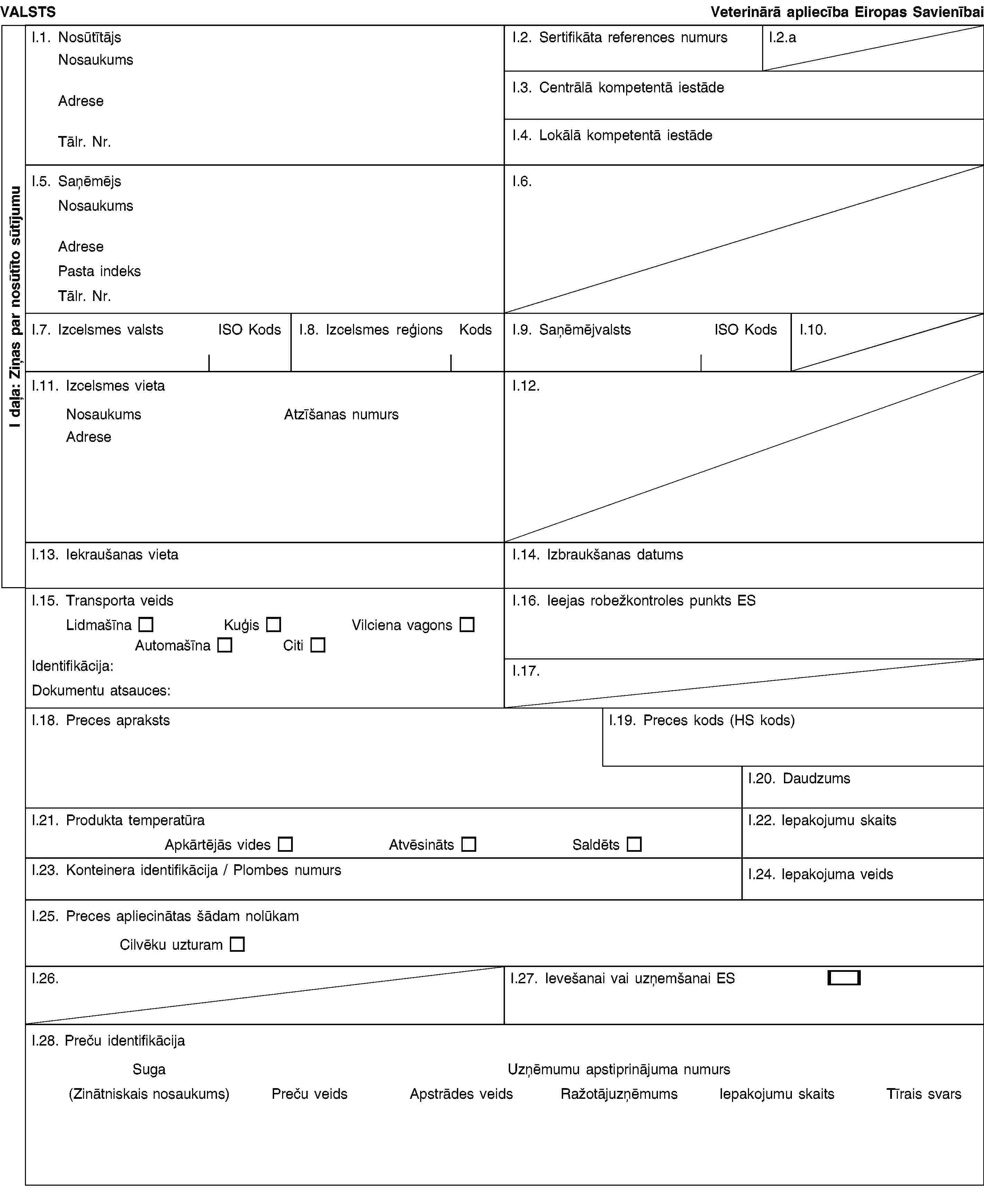 I daļa: Ziņas par nosūtīto sūtījumuVALSTSVeterinārā apliecība Eiropas SavienībaiI.1. NosūtītājsNosaukumsAdreseTālr. Nr.I.2. Sertifikāta references numursI.2.aI.3. Centrālā kompetentā iestādeI.4. Lokālā kompetentā iestādeI.5. SaņēmējsNosaukumsAdresePasta indeksTālr. Nr.I.6.I.7. Izcelsmes valstsISO KodsI.8. Izcelsmes reģionsKodsI.9. SaņēmējvalstsISO KodsI.10.I.11. Izcelsmes vietaNosaukumsAtzīšanas numursAdreseI.12.I.13. Iekraušanas vietaI.14. Izbraukšanas datumsI.15. Transporta veidsLidmašīnaKuģisVilciena vagonsAutomašīnaCitiIdentifikācija:Dokumentu atsauces:I.16. Ieejas robežkontroles punkts ESI.17.I.18. Preces aprakstsI.19. Preces kods (HS kods)I.20. DaudzumsI.21. Produkta temperatūraApkārtējās videsAtvēsinātsSaldētsI.22. Iepakojumu skaitsI.23. Konteinera identifikācija / Plombes numursI.24. Iepakojuma veidsI.25. Preces apliecinātas šādam nolūkamCilvēku uzturamI.26.I.27. Ievešanai vai uzņemšanai ESI.28. Preču identifikācijaSugaUzņēmumu apstiprinājuma numurs(Zinātniskais nosaukums)Preču veidsApstrādes veidsRažotājuzņēmumsIepakojumu skaitsTīrais svars