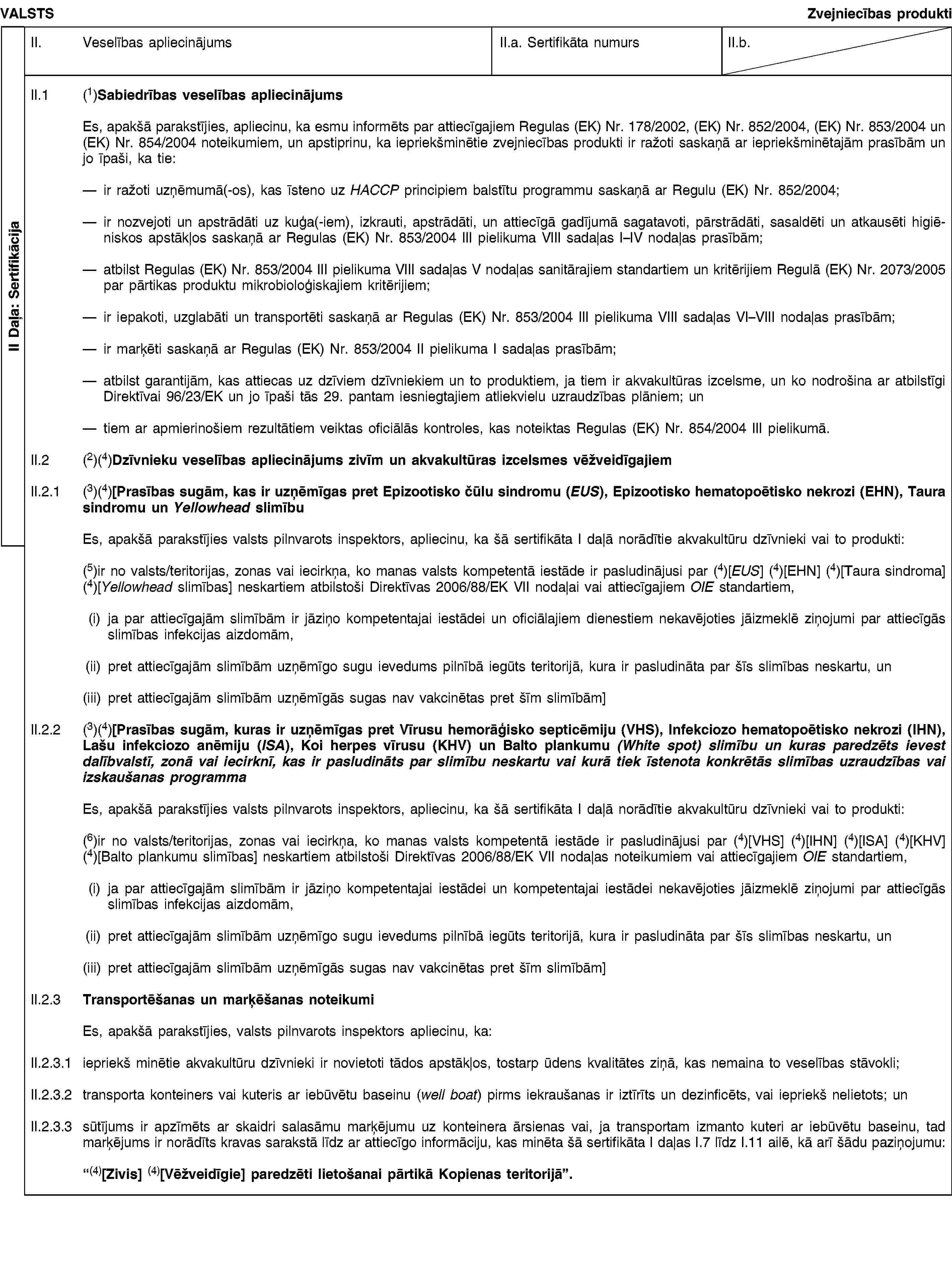 II Daļa: SertifikācijaVALSTSZvejniecības produktiII. Veselības apliecinājumsII.a. Sertifikāta numursII.b.II.1 (1)Sabiedrības veselības apliecinājumsEs, apakšā parakstījies, apliecinu, ka esmu informēts par attiecīgajiem Regulas (EK) Nr. 178/2002, (EK) Nr. 852/2004, (EK) Nr. 853/2004 un (EK) Nr. 854/2004 noteikumiem, un apstiprinu, ka iepriekšminētie zvejniecības produkti ir ražoti saskaņā ar iepriekšminētajām prasībām un jo īpaši, ka tie:ir ražoti uzņēmumā(-os), kas īsteno uz HACCP principiem balstītu programmu saskaņā ar Regulu (EK) Nr. 852/2004;ir nozvejoti un apstrādāti uz kuģa(-iem), izkrauti, apstrādāti, un attiecīgā gadījumā sagatavoti, pārstrādāti, sasaldēti un atkausēti higiēniskos apstākļos saskaņā ar Regulas (EK) Nr. 853/2004 III pielikuma VIII sadaļas I–IV nodaļas prasībām;atbilst Regulas (EK) Nr. 853/2004 III pielikuma VIII sadaļas V nodaļas sanitārajiem standartiem un kritērijiem Regulā (EK) Nr. 2073/2005 par pārtikas produktu mikrobioloģiskajiem kritērijiem;ir iepakoti, uzglabāti un transportēti saskaņā ar Regulas (EK) Nr. 853/2004 III pielikuma VIII sadaļas VI–VIII nodaļas prasībām;ir marķēti saskaņā ar Regulas (EK) Nr. 853/2004 II pielikuma I sadaļas prasībām;atbilst garantijām, kas attiecas uz dzīviem dzīvniekiem un to produktiem, ja tiem ir akvakultūras izcelsme, un ko nodrošina ar atbilstīgi Direktīvai 96/23/EK un jo īpaši tās 29. pantam iesniegtajiem atliekvielu uzraudzības plāniem; untiem ar apmierinošiem rezultātiem veiktas oficiālās kontroles, kas noteiktas Regulas (EK) Nr. 854/2004 III pielikumā.II.2 (2)(4)Dzīvnieku veselības apliecinājums zivīm un akvakultūras izcelsmes vēžveidīgajiemII.2.1 (3)(4)[Prasības sugām, kas ir uzņēmīgas pret Epizootisko čūlu sindromu (EUS), Epizootisko hematopoētisko nekrozi (EHN), Taura sindromu un Yellowhead slimībuEs, apakšā parakstījies valsts pilnvarots inspektors, apliecinu, ka šā sertifikāta I daļā norādītie akvakultūru dzīvnieki vai to produkti:(5)ir no valsts/teritorijas, zonas vai iecirkņa, ko manas valsts kompetentā iestāde ir pasludinājusi par (4)[EUS] (4)[EHN] (4)[Taura sindroma] (4)[Yellowhead slimības] neskartiem atbilstoši Direktīvas 2006/88/EK VII nodaļai vai attiecīgajiem OIE standartiem,(i) ja par attiecīgajām slimībām ir jāziņo kompetentajai iestādei un oficiālajiem dienestiem nekavējoties jāizmeklē ziņojumi par attiecīgās slimības infekcijas aizdomām,(ii) pret attiecīgajām slimībām uzņēmīgo sugu ievedums pilnībā iegūts teritorijā, kura ir pasludināta par šīs slimības neskartu, un(iii) pret attiecīgajām slimībām uzņēmīgās sugas nav vakcinētas pret šīm slimībām]II.2.2 (3)(4)[Prasības sugām, kuras ir uzņēmīgas pret Vīrusu hemorāģisko septicēmiju (VHS), Infekciozo hematopoētisko nekrozi (IHN), Lašu infekciozo anēmiju (ISA), Koi herpes vīrusu (KHV) un Balto plankumu (White spot) slimību un kuras paredzēts ievest dalībvalstī, zonā vai iecirknī, kas ir pasludināts par slimību neskartu vai kurā tiek īstenota konkrētās slimības uzraudzības vai izskaušanas programmaEs, apakšā parakstījies valsts pilnvarots inspektors, apliecinu, ka šā sertifikāta I daļā norādītie akvakultūru dzīvnieki vai to produkti:(6)ir no valsts/teritorijas, zonas vai iecirkņa, ko manas valsts kompetentā iestāde ir pasludinājusi par (4)[VHS] (4)[IHN] (4)[ISA] (4)[KHV] (4)[Balto plankumu slimības] neskartiem atbilstoši Direktīvas 2006/88/EK VII nodaļas noteikumiem vai attiecīgajiem OIE standartiem,(i) ja par attiecīgajām slimībām ir jāziņo kompetentajai iestādei un kompetentajai iestādei nekavējoties jāizmeklē ziņojumi par attiecīgās slimības infekcijas aizdomām,(ii) pret attiecīgajām slimībām uzņēmīgo sugu ievedums pilnībā iegūts teritorijā, kura ir pasludināta par šīs slimības neskartu, un(iii) pret attiecīgajām slimībām uzņēmīgās sugas nav vakcinētas pret šīm slimībām]II.2.3 Transportēšanas un marķēšanas noteikumiEs, apakšā parakstījies, valsts pilnvarots inspektors apliecinu, ka:II.2.3.1 iepriekš minētie akvakultūru dzīvnieki ir novietoti tādos apstākļos, tostarp ūdens kvalitātes ziņā, kas nemaina to veselības stāvokli;II.2.3.2 transporta konteiners vai kuteris ar iebūvētu baseinu (well boat) pirms iekraušanas ir iztīrīts un dezinficēts, vai iepriekš nelietots; unII.2.3.3 sūtījums ir apzīmēts ar skaidri salasāmu marķējumu uz konteinera ārsienas vai, ja transportam izmanto kuteri ar iebūvētu baseinu, tad marķējums ir norādīts kravas sarakstā līdz ar attiecīgo informāciju, kas minēta šā sertifikāta I daļas I.7 līdz I.11 ailē, kā arī šādu paziņojumu:“(4)[Zivis] (4)[Vēžveidīgie] paredzēti lietošanai pārtikā Kopienas teritorijā”.