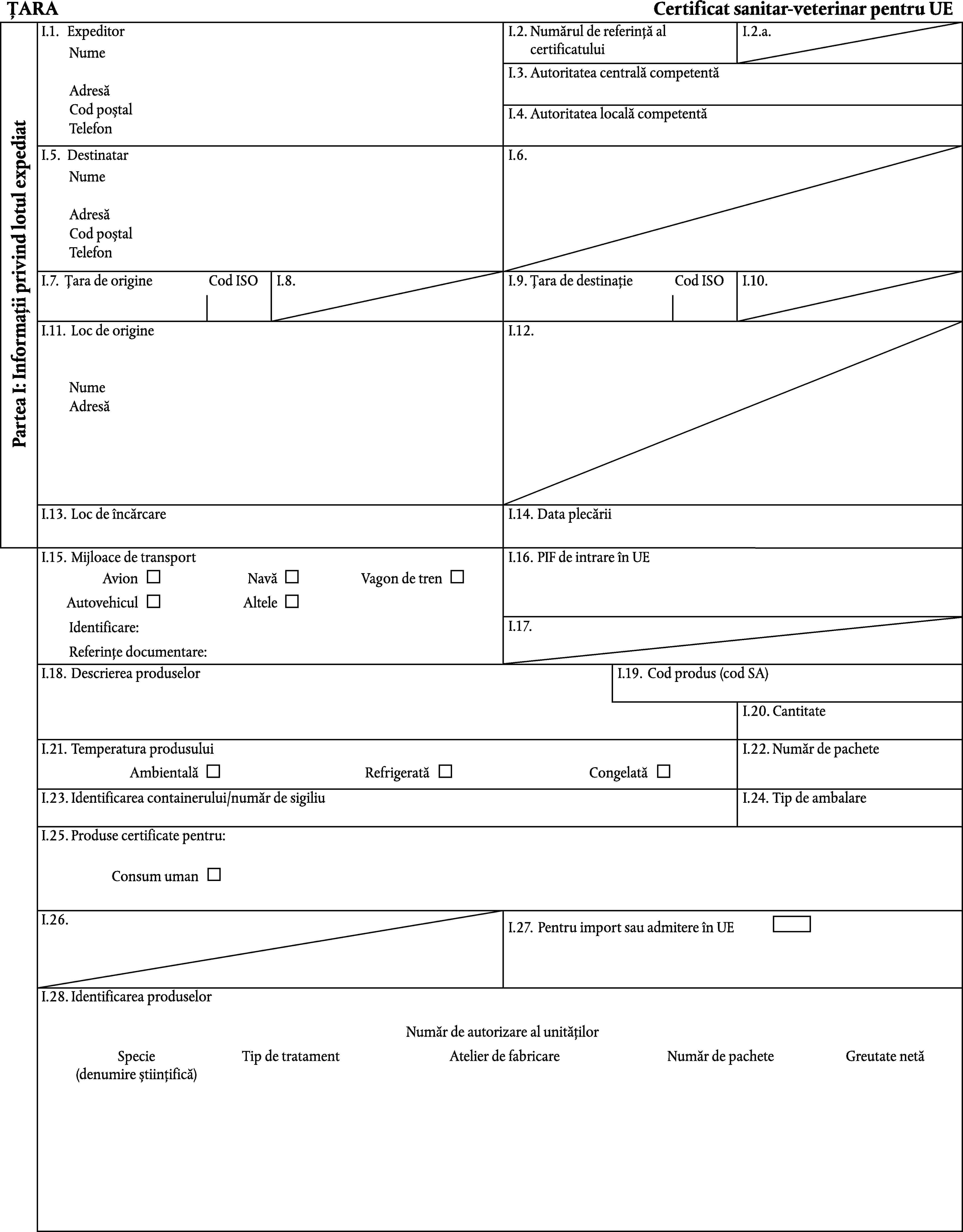 ȚARACertificat sanitar-veterinar pentru UEI.1.ExpeditorI.2.I.2.a.Numărul de referință al certificatuluiNumeI.3.Autoritatea centrală competentăAdresăCod poștalI.4.Autoritatea locală competentăTelefonPartea I: Informații privind lotul expediatI.5.DestinatarI.6.NumeAdresăCod poștalTelefonI.7.Țara de origineCod ISOI.8.I.9.Țara de destinațieCod ISOI.10.I.11.Loc de origineI.12.NumeAdresăI.13.Loc de încărcareI.14.Data plecăriiI.15.Mijloace de transportI.16.PIF de intrare în UEAvionNavăVagon de trenAutovehiculAlteleI.17.Identificare:Referințe documentare:I.18.Descrierea produselorI.19.Cod produs (cod SA)I.20.CantitateI.21.Temperatura produsuluiI.22.Număr de pacheteAmbientalăRefrigeratăCongelatăI.23.Identificarea containerului/număr de sigiliuI.24.Tip de ambalareI.25.Produse certificate pentru:Consum umanI.26.I.27.Pentru import sau admitere în UEI.28.Identificarea produselorNumăr de autorizare al unitățilorSpecie(denumire științifică)Tip de tratamentAtelier de fabricareNumăr de pacheteGreutate netă