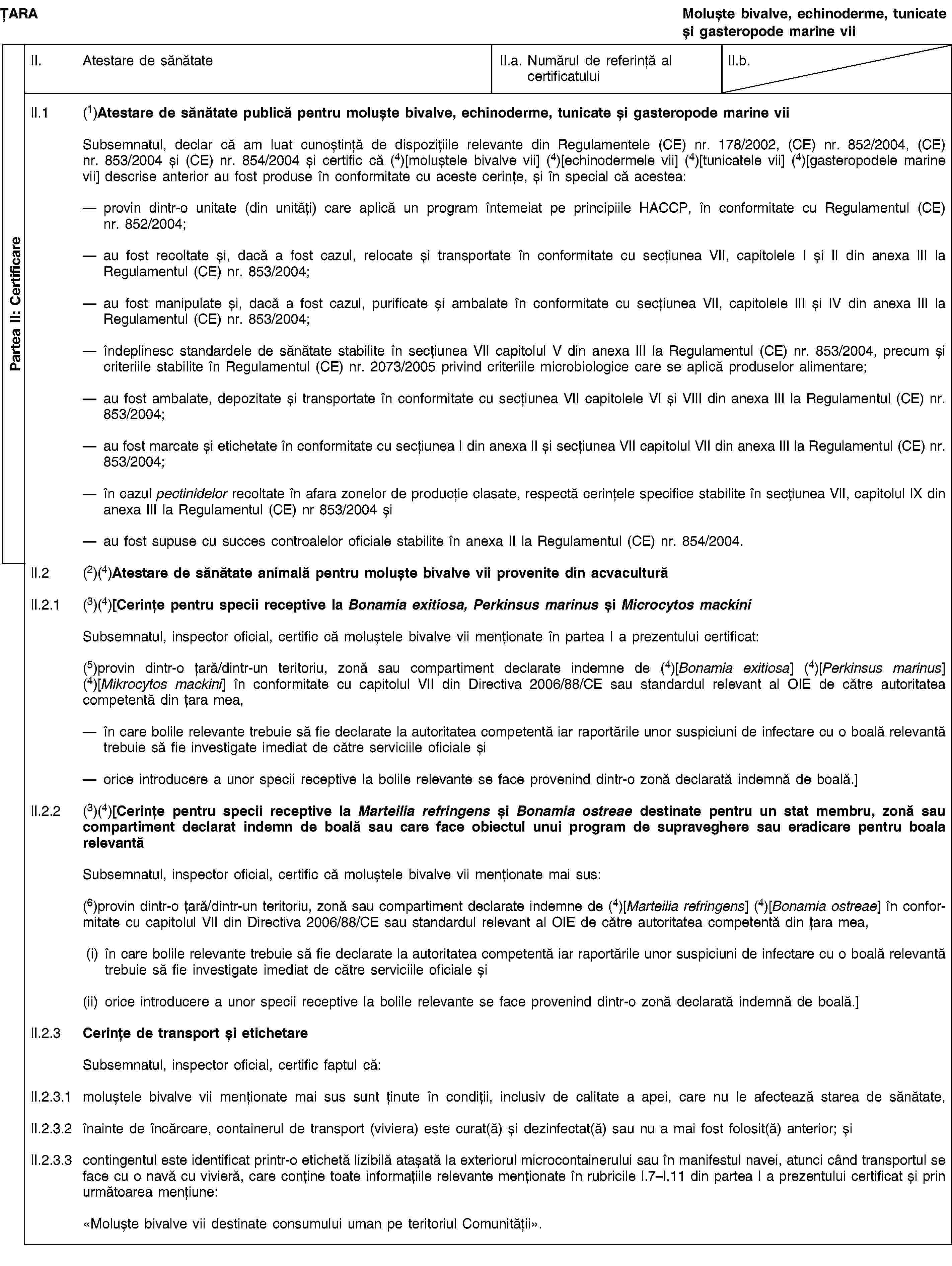 Partea II: CertificareȚARAMoluște bivalve, echinoderme, tunicate și gasteropode marine viiII. Atestare de sănătateII.a. Numărul de referință al certificatuluiII.b.II.1 (1)Atestare de sănătate publică pentru moluște bivalve, echinoderme, tunicate și gasteropode marine viiSubsemnatul, declar că am luat cunoștință de dispozițiile relevante din Regulamentele (CE) nr. 178/2002, (CE) nr. 852/2004, (CE) nr. 853/2004 și (CE) nr. 854/2004 și certific că (4)[moluștele bivalve vii] (4)[echinodermele vii] (4)[tunicatele vii] (4)[gasteropodele marine vii] descrise anterior au fost produse în conformitate cu aceste cerințe, și în special că acestea:provin dintr-o unitate (din unități) care aplică un program întemeiat pe principiile HACCP, în conformitate cu Regulamentul (CE) nr. 852/2004;au fost recoltate și, dacă a fost cazul, relocate și transportate în conformitate cu secțiunea VII, capitolele I și II din anexa III la Regulamentul (CE) nr. 853/2004;au fost manipulate și, dacă a fost cazul, purificate și ambalate în conformitate cu secțiunea VII, capitolele III și IV din anexa III la Regulamentul (CE) nr. 853/2004;îndeplinesc standardele de sănătate stabilite în secțiunea VII capitolul V din anexa III la Regulamentul (CE) nr. 853/2004, precum și criteriile stabilite în Regulamentul (CE) nr. 2073/2005 privind criteriile microbiologice care se aplică produselor alimentare;au fost ambalate, depozitate și transportate în conformitate cu secțiunea VII capitolele VI și VIII din anexa III la Regulamentul (CE) nr. 853/2004;au fost marcate și etichetate în conformitate cu secțiunea I din anexa II și secțiunea VII capitolul VII din anexa III la Regulamentul (CE) nr. 853/2004;în cazul pectinidelor recoltate în afara zonelor de producție clasate, respectă cerințele specifice stabilite în secțiunea VII, capitolul IX din anexa III la Regulamentul (CE) nr 853/2004 șiau fost supuse cu succes controalelor oficiale stabilite în anexa II la Regulamentul (CE) nr. 854/2004.II.2 (2)(4)Atestare de sănătate animală pentru moluște bivalve vii provenite din acvaculturăII.2.1 (3)(4)[Cerințe pentru specii receptive la Bonamia exitiosa, Perkinsus marinus și Microcytos mackiniSubsemnatul, inspector oficial, certific că moluștele bivalve vii menționate în partea I a prezentului certificat:(5)provin dintr-o țară/dintr-un teritoriu, zonă sau compartiment declarate indemne de (4)[Bonamia exitiosa] (4)[Perkinsus marinus] (4)[Mikrocytos mackini] în conformitate cu capitolul VII din Directiva 2006/88/CE sau standardul relevant al OIE de către autoritatea competentă din țara mea,în care bolile relevante trebuie să fie declarate la autoritatea competentă iar raportările unor suspiciuni de infectare cu o boală relevantă trebuie să fie investigate imediat de către serviciile oficiale șiorice introducere a unor specii receptive la bolile relevante se face provenind dintr-o zonă declarată indemnă de boală.]II.2.2 (3)(4)[Cerințe pentru specii receptive la Marteilia refringens și Bonamia ostreae destinate pentru un stat membru, zonă sau compartiment declarat indemn de boală sau care face obiectul unui program de supraveghere sau eradicare pentru boala relevantăSubsemnatul, inspector oficial, certific că moluștele bivalve vii menționate mai sus:(6)provin dintr-o țară/dintr-un teritoriu, zonă sau compartiment declarate indemne de (4)[Marteilia refringens] (4)[Bonamia ostreae] în conformitate cu capitolul VII din Directiva 2006/88/CE sau standardul relevant al OIE de către autoritatea competentă din țara mea,(i) în care bolile relevante trebuie să fie declarate la autoritatea competentă iar raportările unor suspiciuni de infectare cu o boală relevantă trebuie să fie investigate imediat de către serviciile oficiale și(ii) orice introducere a unor specii receptive la bolile relevante se face provenind dintr-o zonă declarată indemnă de boală.]II.2.3 Cerințe de transport și etichetareSubsemnatul, inspector oficial, certific faptul că:II.2.3.1 moluștele bivalve vii menționate mai sus sunt ținute în condiții, inclusiv de calitate a apei, care nu le afectează starea de sănătate,II.2.3.2 înainte de încărcare, containerul de transport (viviera) este curat(ă) și dezinfectat(ă) sau nu a mai fost folosit(ă) anterior; șiII.2.3.3 contingentul este identificat printr-o etichetă lizibilă atașată la exteriorul microcontainerului sau în manifestul navei, atunci când transportul se face cu o navă cu vivieră, care conține toate informațiile relevante menționate în rubricile I.7–I.11 din partea I a prezentului certificat și prin următoarea mențiune:«Moluște bivalve vii destinate consumului uman pe teritoriul Comunității».