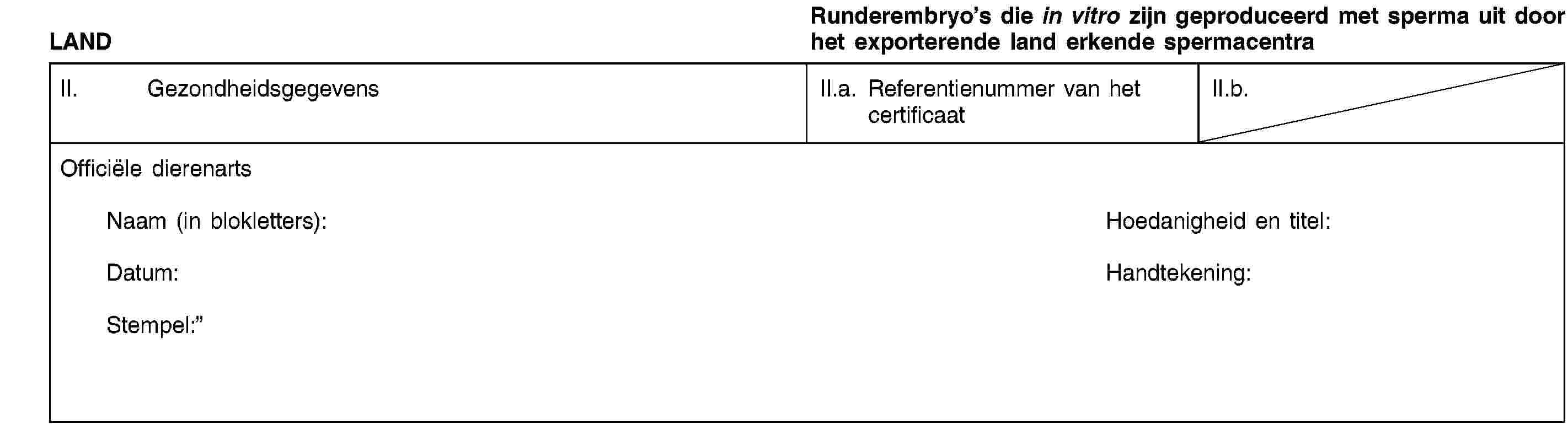 LANDRunderembryo’s die in vitro zijn geproduceerd met sperma uit door het exporterende land erkende spermacentraII. GezondheidsgegevensII.a. Referentienummer van het certificaatII.b.Officiële dierenartsNaam (in blokletters):Hoedanigheid en titel:Datum:Handtekening:Stempel: