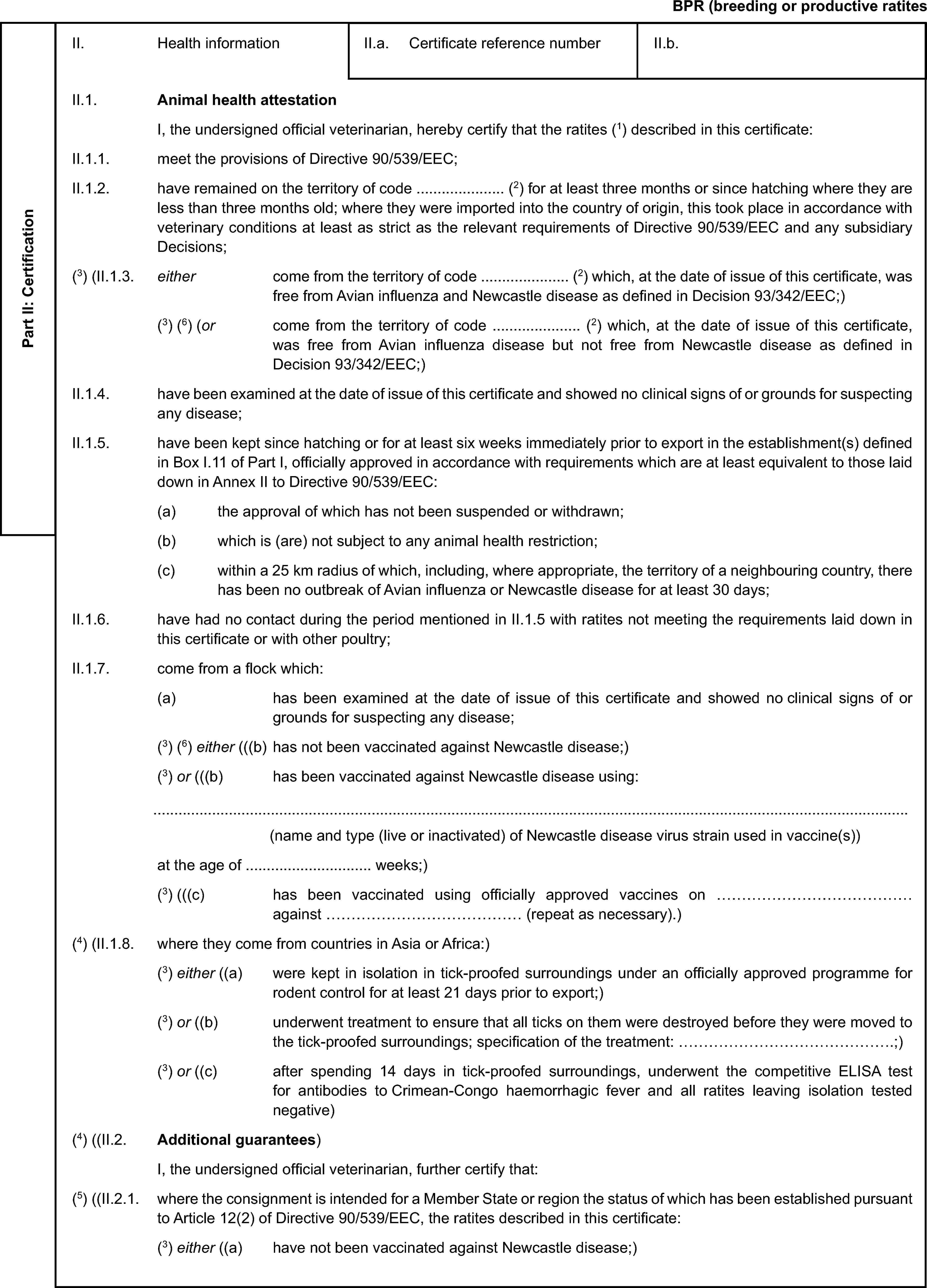 BPR (breeding or productive ratitesPart II: CertificationII. Health informationII.a. Certificate reference numberII.b.II.1. Animal health attestationI, the undersigned official veterinarian, hereby certify that the ratites (1) described in this certificate:II.1.1. meet the provisions of Directive 90/539/EEC;II.1.2. have remained on the territory of code … (2) for at least three months or since hatching where they are less than three months old; where they were imported into the country of origin, this took place in accordance with veterinary conditions at least as strict as the relevant requirements of Directive 90/539/EEC and any subsidiary Decisions;(3) (II.1.3. either come from the territory of code … (2) which, at the date of issue of this certificate, was free from Avian influenza and Newcastle disease as defined in Decision 93/342/EEC;)(3) (6) (or come from the territory of code … (2) which, at the date of issue of this certificate, was free from Avian influenza disease but not free from Newcastle disease as defined in Decision 93/342/EEC;)II.1.4. have been examined at the date of issue of this certificate and showed no clinical signs of or grounds for suspecting any disease;II.1.5. have been kept since hatching or for at least six weeks immediately prior to export in the establishment(s) defined in Box I.11 of Part I, officially approved in accordance with requirements which are at least equivalent to those laid down in Annex II to Directive 90/539/EEC:(a) the approval of which has not been suspended or withdrawn;(b) which is (are) not subject to any animal health restriction;(c) within a 25 km radius of which, including, where appropriate, the territory of a neighbouring country, there has been no outbreak of Avian influenza or Newcastle disease for at least 30 days;II.1.6. have had no contact during the period mentioned in II.1.5 with ratites not meeting the requirements laid down in this certificate or with other poultry;II.1.7. come from a flock which:(a) has been examined at the date of issue of this certificate and showed no clinical signs of or grounds for suspecting any disease;(3) (6) either (((b) has not been vaccinated against Newcastle disease;)(3) or (((b) has been vaccinated against Newcastle disease using:(name and type (live or inactivated) of Newcastle disease virus strain used in vaccine(s))at the age of … weeks;)(3) (((c) has been vaccinated using officially approved vaccines on … against … (repeat as necessary).)(4) (II.1.8. where they come from countries in Asia or Africa:)(3) either ((a) were kept in isolation in tick-proofed surroundings under an officially approved programme for rodent control for at least 21 days prior to export;)(3) or ((b) underwent treatment to ensure that all ticks on them were destroyed before they were moved to the tick-proofed surroundings; specification of the treatment: …;)(3) or ((c) after spending 14 days in tick-proofed surroundings, underwent the competitive ELISA test for antibodies to Crimean-Congo haemorrhagic fever and all ratites leaving isolation tested negative)(4) ((II.2. Additional guarantees)I, the undersigned official veterinarian, further certify that:(5) ((II.2.1. where the consignment is intended for a Member State or region the status of which has been established pursuant to Article 12(2) of Directive 90/539/EEC, the ratites described in this certificate:(3) either ((a) have not been vaccinated against Newcastle disease;)