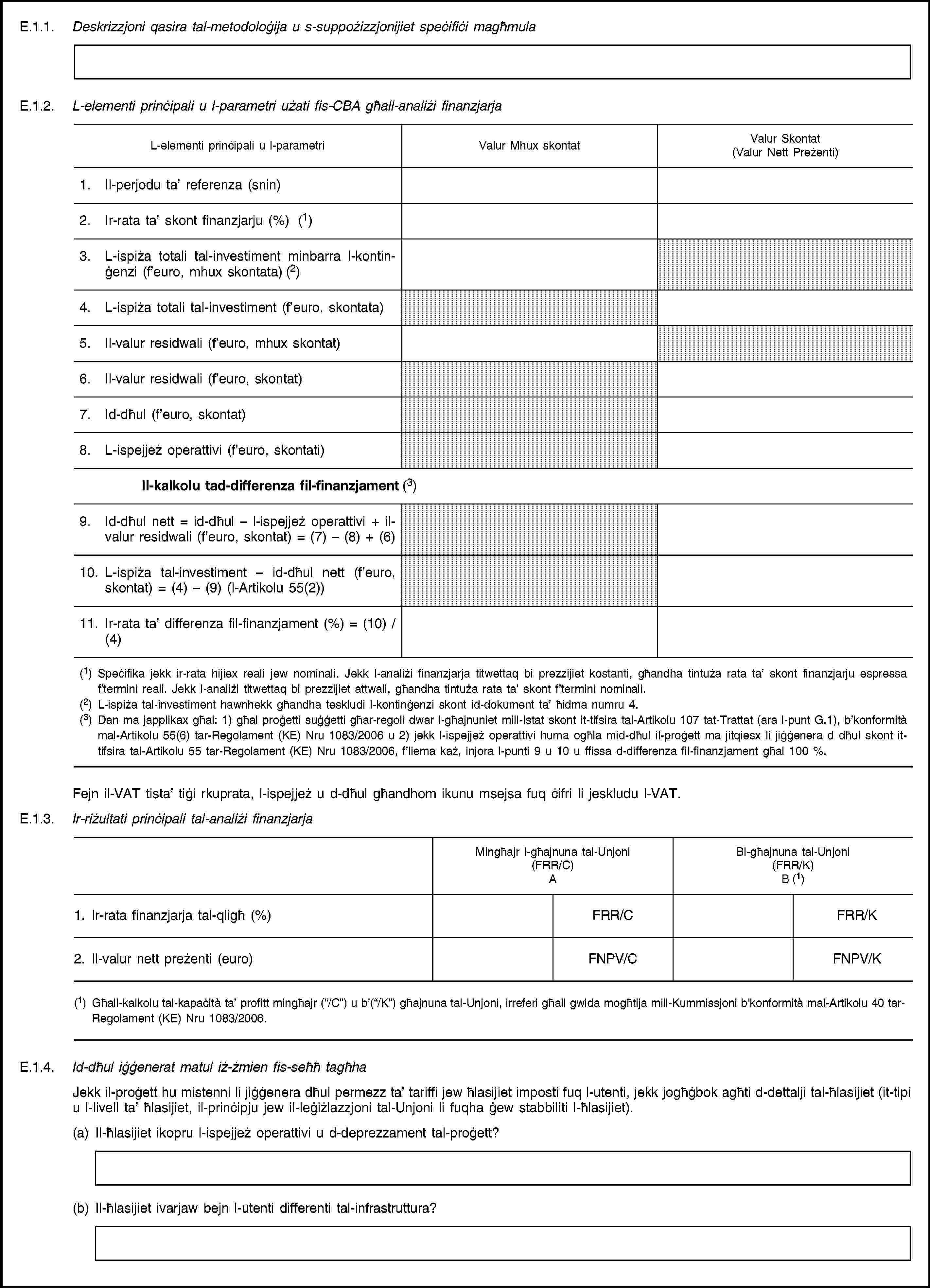E.1.1. Deskrizzjoni qasira tal-metodoloġija u s-suppożizzjonijiet speċifiċi magħmulaE.1.2. L-elementi prinċipali u l-parametri użati fis-CBA għall-analiżi finanzjarjaL-elementi prinċipali u l-parametriValur Mhux skontatValur Skontat(Valur Nett Preżenti)1. Il-perjodu ta’ referenza (snin)2. Ir-rata ta’ skont finanzjarju (%) (1)3. L-ispiża totali tal-investiment minbarra l-kontinġenzi (f’euro, mhux skontata) (2)4. L-ispiża totali tal-investiment (f’euro, skontata)5. Il-valur residwali (f’euro, mhux skontat)6. Il-valur residwali (f’euro, skontat)7. Id-dħul (f’euro, skontat)8. L-ispejjeż operattivi (f’euro, skontati)Il-kalkolu tad-differenza fil-finanzjament (3)9. Id-dħul nett = id-dħul – l-ispejjeż operattivi + il-valur residwali (f’euro, skontat) = (7) – (8) + (6)10. L-ispiża tal-investiment – id-dħul nett (f’euro, skontat) = (4) – (9) (l-Artikolu 55(2))11. Ir-rata ta’ differenza fil-finanzjament (%) = (10) / (4)(1) Speċifika jekk ir-rata hijiex reali jew nominali. Jekk l-analiżi finanzjarja titwettaq bi prezzijiet kostanti, għandha tintuża rata ta’ skont finanzjarju espressa f’termini reali. Jekk l-analiżi titwettaq bi prezzijiet attwali, għandha tintuża rata ta’ skont f’termini nominali.(2) L-ispiża tal-investiment hawnhekk għandha teskludi l-kontinġenzi skont id-dokument ta’ ħidma numru 4.(3) Dan ma japplikax għal: 1) għal proġetti suġġetti għar-regoli dwar l-għajnuniet mill-Istat skont it-tifsira tal-Artikolu 107 tat-Trattat (ara l-punt G.1), b’konformità mal-Artikolu 55(6) tar-Regolament (KE) Nru 1083/2006 u 2) jekk l-ispejjeż operattivi huma ogħla mid-dħul il-proġett ma jitqiesx li jiġġenera d dħul skont it-tifsira tal-Artikolu 55 tar-Regolament (KE) Nru 1083/2006, f’liema każ, injora l-punti 9 u 10 u ffissa d-differenza fil-finanzjament għal 100 %.Fejn il-VAT tista’ tiġi rkuprata, l-ispejjeż u d-dħul għandhom ikunu msejsa fuq ċifri li jeskludu l-VAT.E.1.3. Ir-riżultati prinċipali tal-analiżi finanzjarjaMingħajr l-għajnuna tal-Unjoni(FRR/C)ABl-għajnuna tal-Unjoni(FRR/K)B (1)1. Ir-rata finanzjarja tal-qligħ (%)FRR/CFRR/K2. Il-valur nett preżenti (euro)FNPV/CFNPV/K(1) Għall-kalkolu tal-kapaċità ta’ profitt mingħajr (“/C”) u b’(“/K”) għajnuna tal-Unjoni, irreferi għall gwida mogħtija mill-Kummissjoni b'konformità mal-Artikolu 40 tar-Regolament (KE) Nru 1083/2006.E.1.4. Id-dħul iġġenerat matul iż-żmien fis-seħħ tagħhaJekk il-proġett hu mistenni li jiġġenera dħul permezz ta’ tariffi jew ħlasijiet imposti fuq l-utenti, jekk jogħġbok agħti d-dettalji tal-ħlasijiet (it-tipi u l-livell ta’ ħlasijiet, il-prinċipju jew il-leġiżlazzjoni tal-Unjoni li fuqha ġew stabbiliti l-ħlasijiet).(a) Il-ħlasijiet ikopru l-ispejjeż operattivi u d-deprezzament tal-proġett?(b) Il-ħlasijiet ivarjaw bejn l-utenti differenti tal-infrastruttura?