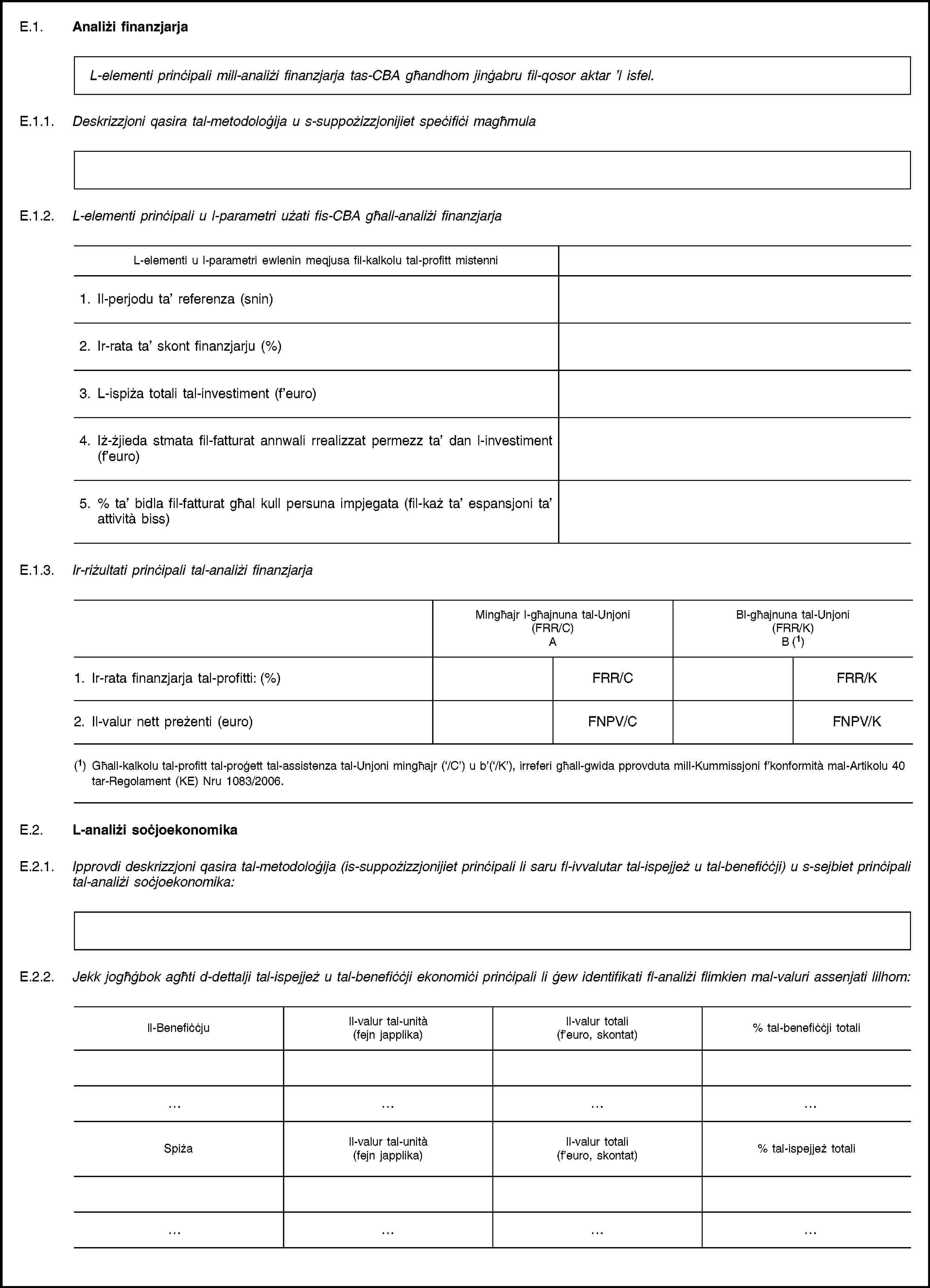 E.1. Analiżi finanzjarjaL-elementi prinċipali mill-analiżi finanzjarja tas-CBA għandhom jinġabru fil-qosor aktar ’l isfel.E.1.1. Deskrizzjoni qasira tal-metodoloġija u s-suppożizzjonijiet speċifiċi magħmulaE.1.2. L-elementi prinċipali u l-parametri użati fis-CBA għall-analiżi finanzjarjaL-elementi u l-parametri ewlenin meqjusa fil-kalkolu tal-profitt mistenni1. Il-perjodu ta’ referenza (snin)2. Ir-rata ta’ skont finanzjarju (%)3. L-ispiża totali tal-investiment (f’euro)4. Iż-żjieda stmata fil-fatturat annwali rrealizzat permezz ta’ dan l-investiment (f’euro)5. % ta’ bidla fil-fatturat għal kull persuna impjegata (fil-każ ta’ espansjoni ta’ attività biss)E.1.3. Ir-riżultati prinċipali tal-analiżi finanzjarjaMingħajr l-għajnuna tal-Unjoni(FRR/C)ABl-għajnuna tal-Unjoni(FRR/K)B (1)1. Ir-rata finanzjarja tal-profitti: (%)FRR/CFRR/K2. Il-valur nett preżenti (euro)FNPV/CFNPV/K(1) Għall-kalkolu tal-profitt tal-proġett tal-assistenza tal-Unjoni mingħajr (‘/C’) u b’(‘/K’), irreferi għall-gwida pprovduta mill-Kummissjoni f’konformità mal-Artikolu 40 tar-Regolament (KE) Nru 1083/2006.E.2. L-analiżi soċjoekonomikaE.2.1. Ipprovdi deskrizzjoni qasira tal-metodoloġija (is-suppożizzjonijiet prinċipali li saru fl-ivvalutar tal-ispejjeż u tal-benefiċċji) u s-sejbiet prinċipali tal-analiżi soċjoekonomika:E.2.2. Jekk jogħġbok agħti d-dettalji tal-ispejjeż u tal-benefiċċji ekonomiċi prinċipali li ġew identifikati fl-analiżi flimkien mal-valuri assenjati lilhom:Il-BenefiċċjuIl-valur tal-unità(fejn japplika)Il-valur totali(f’euro, skontat)% tal-benefiċċji totaliSpiżaIl-valur tal-unità(fejn japplika)Il-valur totali(f’euro, skontat)% tal-ispejjeż totali