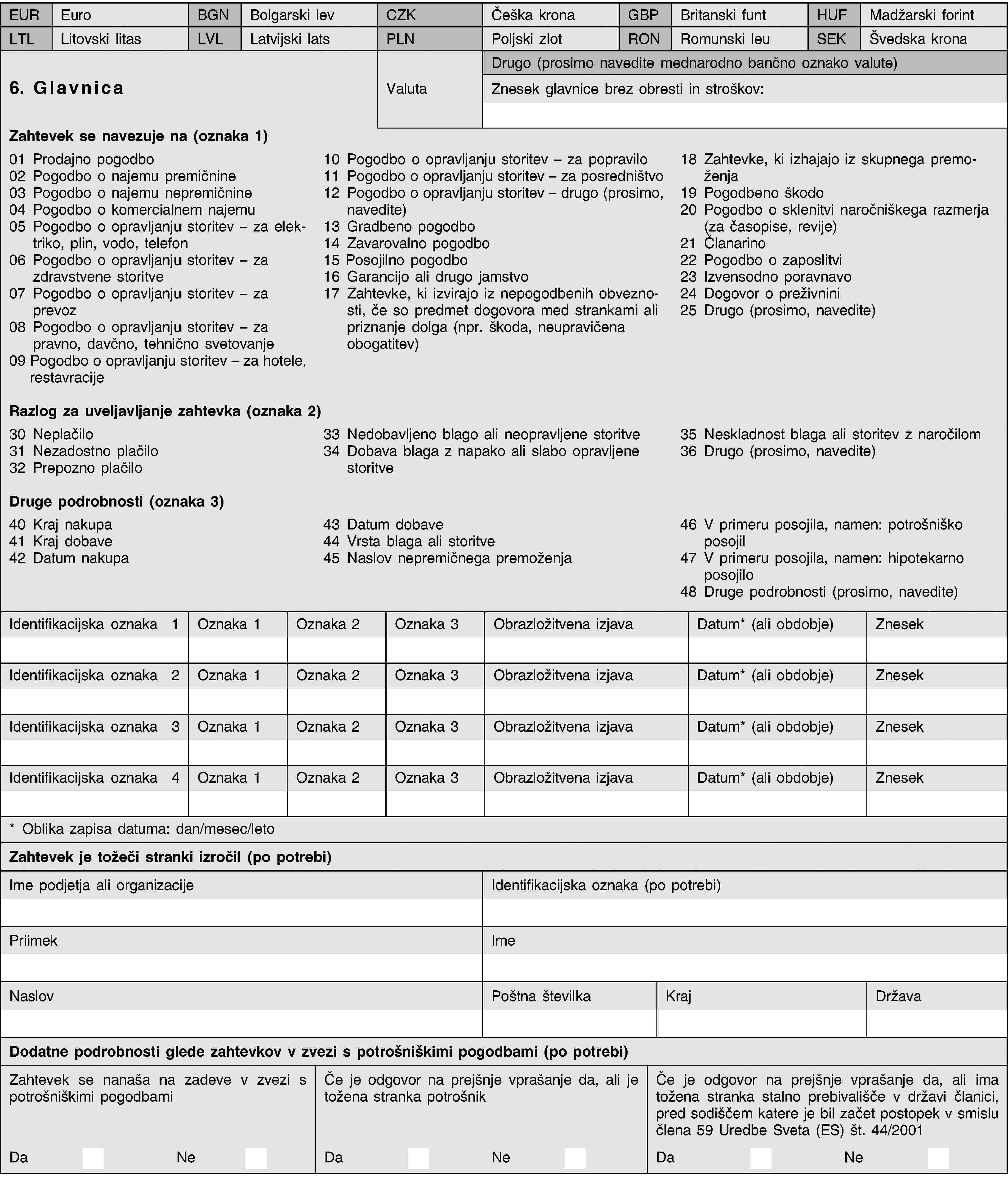 EUREuroBGNBolgarski levCZKČeška kronaGBPBritanski funtHUFMadžarski forintLTLLitovski litasLVLLatvijski latsPLNPoljski zlotRONRomunski leuSEKŠvedska krona6. GlavnicaValutaDrugo (prosimo navedite mednarodno bančno oznako valute)Znesek glavnice brez obresti in stroškov:Zahtevek se navezuje na (oznaka 1)01 Prodajno pogodbo02 Pogodbo o najemu premičnine03 Pogodbo o najemu nepremičnine04 Pogodbo o komercialnem najemu05 Pogodbo o opravljanju storitev – za elektriko, plin, vodo, telefon06 Pogodbo o opravljanju storitev – za zdravstvene storitve07 Pogodbo o opravljanju storitev – za prevoz08 Pogodbo o opravljanju storitev – za pravno, davčno, tehnično svetovanje09 Pogodbo o opravljanju storitev – za hotele, restavracije10 Pogodbo o opravljanju storitev – za popravilo11 Pogodbo o opravljanju storitev – za posredništvo12 Pogodbo o opravljanju storitev – drugo (prosimo, navedite)13 Gradbeno pogodbo14 Zavarovalno pogodbo15 Posojilno pogodbo16 Garancijo ali drugo jamstvo17 Zahtevke, ki izvirajo iz nepogodbenih obveznosti, če so predmet dogovora med strankami ali priznanje dolga (npr. škoda, neupravičena obogatitev)18 Zahtevke, ki izhajajo iz skupnega premoženja19 Pogodbeno škodo20 Pogodbo o sklenitvi naročniškega razmerja (za časopise, revije)21 Članarino22 Pogodbo o zaposlitvi23 Izvensodno poravnavo24 Dogovor o preživnini25 Drugo (prosimo, navedite)Razlog za uveljavljanje zahtevka (oznaka 2)30 Neplačilo31 Nezadostno plačilo32 Prepozno plačilo33 Nedobavljeno blago ali neopravljene storitve34 Dobava blaga z napako ali slabo opravljene storitve35 Neskladnost blaga ali storitev z naročilom36 Drugo (prosimo, navedite)Druge podrobnosti (oznaka 3)40 Kraj nakupa41 Kraj dobave42 Datum nakupa43 Datum dobave44 Vrsta blaga ali storitve45 Naslov nepremičnega premoženja46 V primeru posojila, namen: potrošniško posojil47 V primeru posojila, namen: hipotekarno posojilo48 Druge podrobnosti (prosimo, navedite)Identifikacijska oznaka 1Oznaka 1Oznaka 2Oznaka 3Obrazložitvena izjavaDatum* (ali obdobje)ZnesekIdentifikacijska oznaka 2Oznaka 1Oznaka 2Oznaka 3Obrazložitvena izjavaDatum* (ali obdobje)ZnesekIdentifikacijska oznaka 3Oznaka 1Oznaka 2Oznaka 3Obrazložitvena izjavaDatum* (ali obdobje)ZnesekIdentifikacijska oznaka 4Oznaka 1Oznaka 2Oznaka 3Obrazložitvena izjavaDatum* (ali obdobje)Znesek* Oblika zapisa datuma: dan/mesec/letoZahtevek je tožeči stranki izročil (po potrebi)Ime podjetja ali organizacijeIdentifikacijska oznaka (po potrebi)PriimekImeNaslovPoštna številkaKrajDržavaDodatne podrobnosti glede zahtevkov v zvezi s potrošniškimi pogodbami (po potrebi)Zahtevek se nanaša na zadeve v zvezi s potrošniškimi pogodbamiČe je odgovor na prejšnje vprašanje da, ali je tožena stranka potrošnikČe je odgovor na prejšnje vprašanje da, ali ima tožena stranka stalno prebivališče v državi članici, pred sodiščem katere je bil začet postopek v smislu člena 59 Uredbe Sveta (ES) št. 44/2001DaNeDaNeDaNe