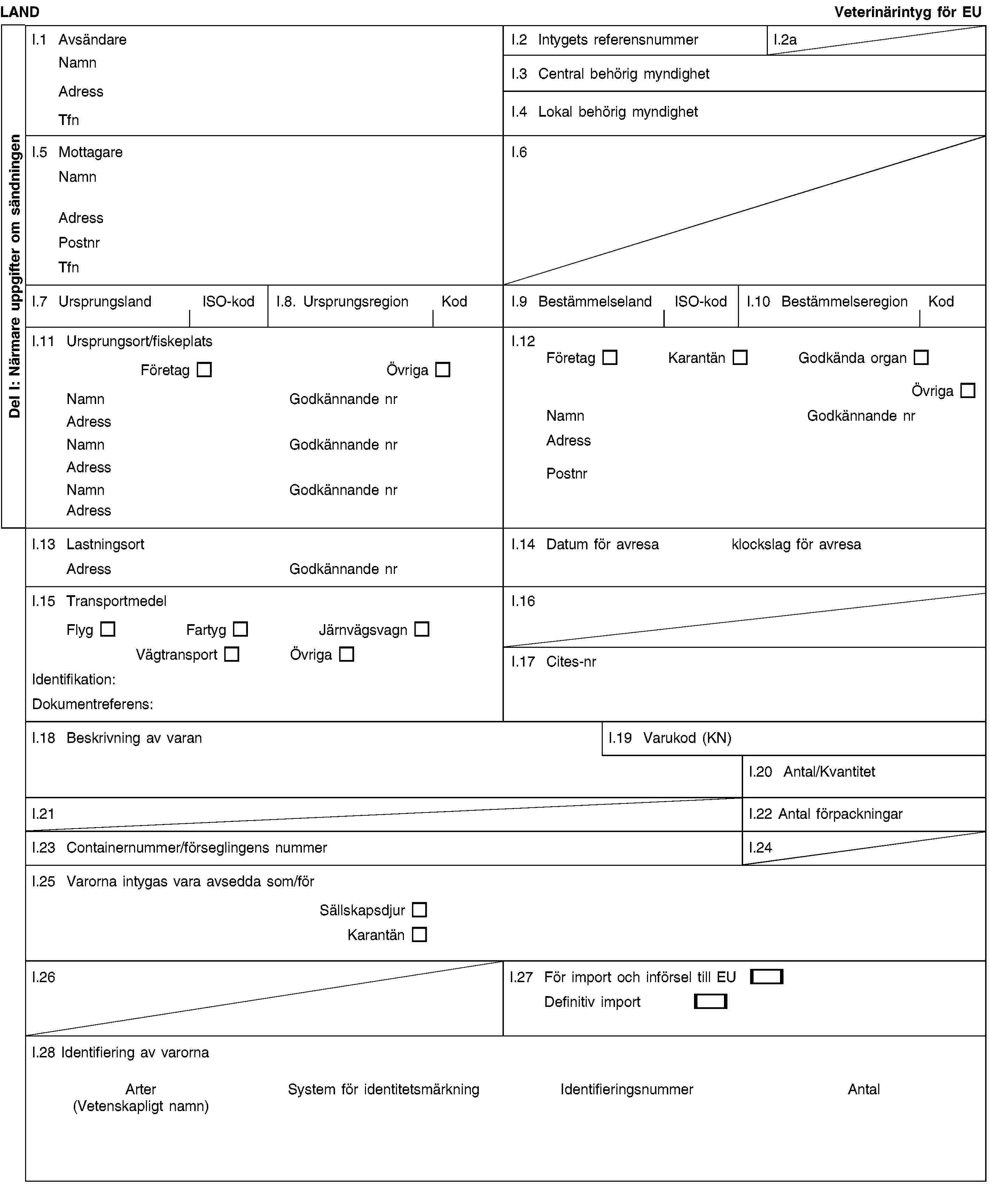 Del I: Närmare uppgifter om sändningenLANDVeterinärintyg för EUI.1 AvsändareNamnAdressTfnI.2 Intygets referensnummerI.2aI.3 Central behörig myndighetI.4 Lokal behörig myndighetI.5 MottagareNamnAdressPostnrTfnI.6I.7 UrsprungslandISO-kodI.8. UrsprungsregionKodI.9 BestämmelselandISO-kodI.10 BestämmelseregionKodI.11 Ursprungsort/fiskeplatsFöretagÖvrigaNamnGodkännande nrAdressNamnGodkännande nrAdressNamnGodkännande nrAdressI.12FöretagKarantänGodkända organÖvrigaNamnGodkännande nrAdressPostnrI.13 LastningsortAdressGodkännande nrI.14 Datum för avresa klockslag för avresaI.15 TransportmedelFlygFartygJärnvägsvagnVägtransportÖvrigaIdentifikation:Dokumentreferens:I.16I.17 Cites-nrI.18 Beskrivning av varanI.19 Varukod (KN)I.20 Antal/KvantitetI.21I.22 Antal förpackningarI.23 Containernummer/förseglingens nummerI.24I.25 Varorna intygas vara avsedda som/förSällskapsdjurKarantänI.26I.27 För import och införsel till EUDefinitiv importI.28 Identifiering av varornaArter(Vetenskapligt namn)System för identitetsmärkningIdentifieringsnummerAntal