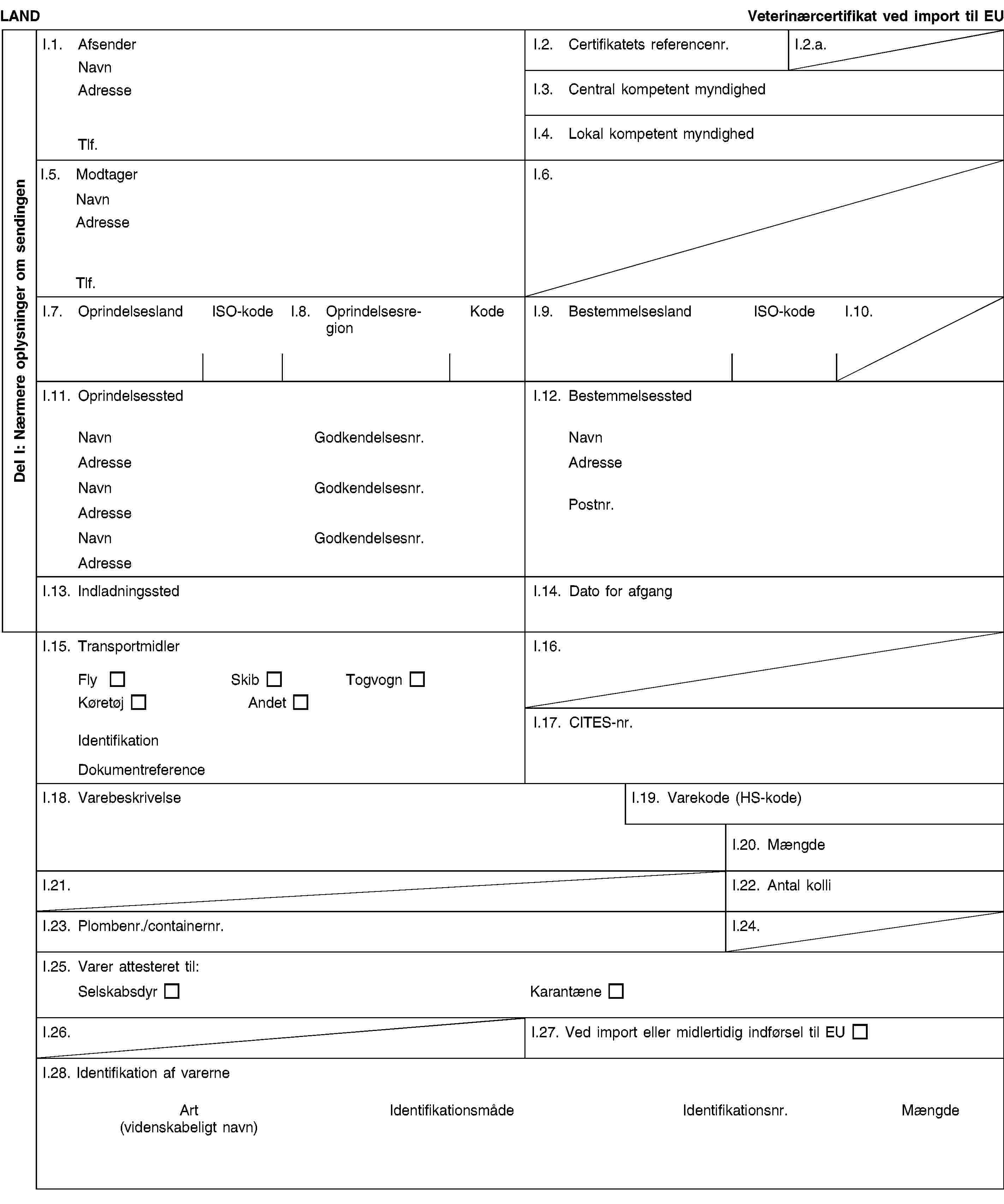 Del I: Nærmere oplysninger om sendingenLANDVeterinærcertifikat ved import til EUI.1. AfsenderNavnAdresseTlf.I.2. Certifikatets referencenr.I.2.a.I.3. Central kompetent myndighedI.4. Lokal kompetent myndighedI.5. ModtagerNavnAdresseTlf.I.6.I.7. OprindelseslandISO-kodeI.8. OprindelsesregionKodeI.9. BestemmelseslandISO-kodeI.10.I.11. OprindelsesstedNavnGodkendelsesnr.AdresseNavnGodkendelsesnr.AdresseNavnGodkendelsesnr.AdresseI.12. BestemmelsesstedNavnAdressePostnr.I.13. IndladningsstedI.14. Dato for afgangI.15. TransportmidlerFlySkibTogvognKøretøjAndetIdentifikationDokumentreferenceI.16.I.17. CITES-nr.I.18. VarebeskrivelseI.19. Varekode (HS-kode)I.20. MængdeI.21.I.22. Antal kolliI.23. Plombenr./containernr.I.24.I.25. Varer attesteret til:SelskabsdyrKarantæneI.26.I.27. Ved import eller midlertidig indførsel til EUI.28. Identifikation af varerneArt(videnskabeligt navn)IdentifikationsmådeIdentifikationsnr.Mængde