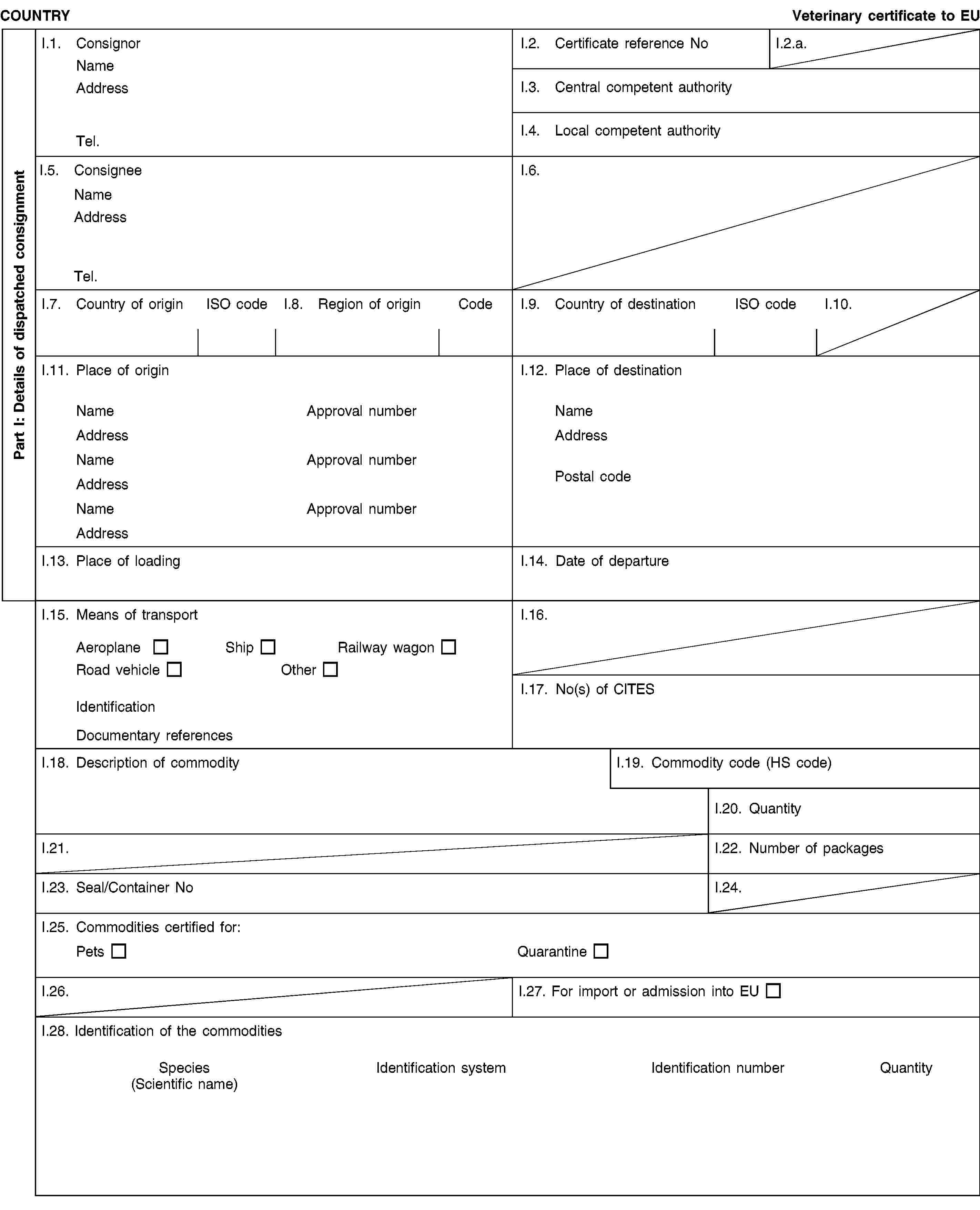 Part I: Details of dispatched consignmentCOUNTRYVeterinary certificate to EUI.1. ConsignorNameAddressTel.I.2. Certificate reference NoI.2.a.I.3. Central competent authorityI.4. Local competent authorityI.5. ConsigneeNameAddressTel.I.6.I.7. Country of originISO codeI.8. Region of originCodeI.9. Country of destinationISO codeI.10.I.11. Place of originNameApproval numberAddressNameApproval numberAddressNameApproval numberAddressI.12. Place of destinationNameAddressPostal codeI.13. Place of loadingI.14. Date of departureI.15. Means of transportAeroplaneShipRailway wagonRoad vehicleOtherIdentificationDocumentary referencesI.16.I.17. No(s) of CITESI.18. Description of commodityI.19. Commodity code (HS code)I.20. QuantityI.21.I.22. Number of packagesI.23. Seal/Container NoI.24.I.25. Commodities certified for:PetsQuarantineI.26.I.27. For import or admission into EUI.28. Identification of the commoditiesSpecies(Scientific name)Identification systemIdentification numberQuantity