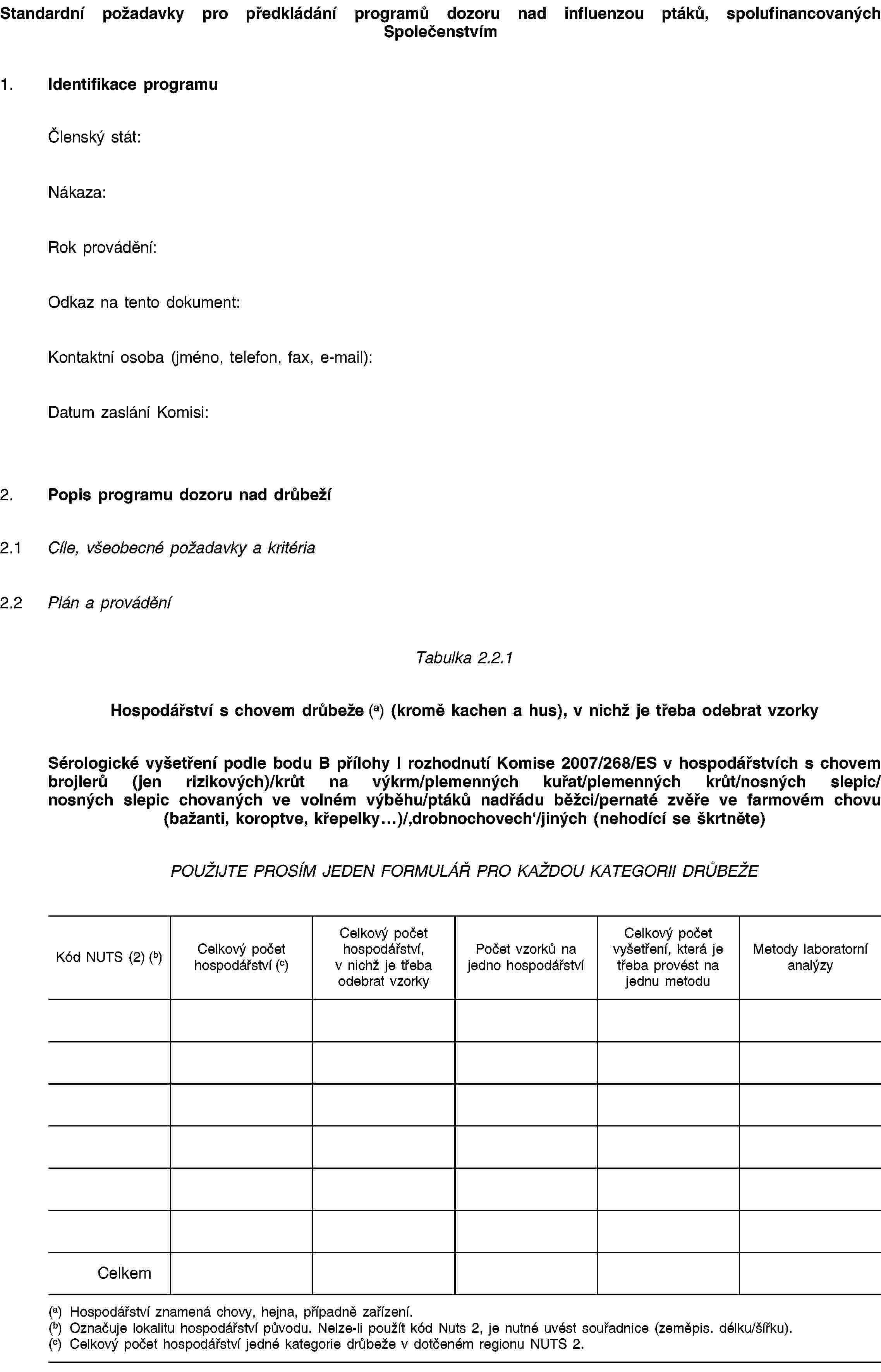 Standardní požadavky pro předkládání programů dozoru nad influenzou ptáků, spolufinancovaných Společenstvím1. Identifikace programuČlenský stát:Nákaza:Rok provádění:Odkaz na tento dokument:Kontaktní osoba (jméno, telefon, fax, e-mail):Datum zaslání Komisi:2. Popis programu dozoru nad drůbeží2.1 Cíle, všeobecné požadavky a kritéria2.2 Plán a prováděníTabulka 2.2.1Hospodářství s chovem drůbeže (a) (kromě kachen a hus), v nichž je třeba odebrat vzorkySérologické vyšetření podle bodu B přílohy I rozhodnutí Komise 2007/268/ES v hospodářstvích s chovem brojlerů (jen rizikových)/krůt na výkrm/plemenných kuřat/plemenných krůt/nosných slepic/nosných slepic chovaných ve volném výběhu/ptáků nadřádu běžci/pernaté zvěře ve farmovém chovu (bažanti, koroptve, křepelky…)/‚drobnochovech‘/jiných (nehodící se škrtněte)POUŽIJTE PROSÍM JEDEN FORMULÁŘ PRO KAŽDOU KATEGORII DRŮBEŽEKód NUTS (2) (b)Celkový počet hospodářství (c)Celkový počet hospodářství, v nichž je třeba odebrat vzorkyPočet vzorků na jedno hospodářstvíCelkový počet vyšetření, která je třeba provést na jednu metoduMetody laboratorní analýzyCelkem(a) Hospodářství znamená chovy, hejna, případně zařízení.(b) Označuje lokalitu hospodářství původu. Nelze-li použít kód Nuts 2, je nutné uvést souřadnice (zeměpis. délku/šířku).(c) Celkový počet hospodářství jedné kategorie drůbeže v dotčeném regionu NUTS 2.