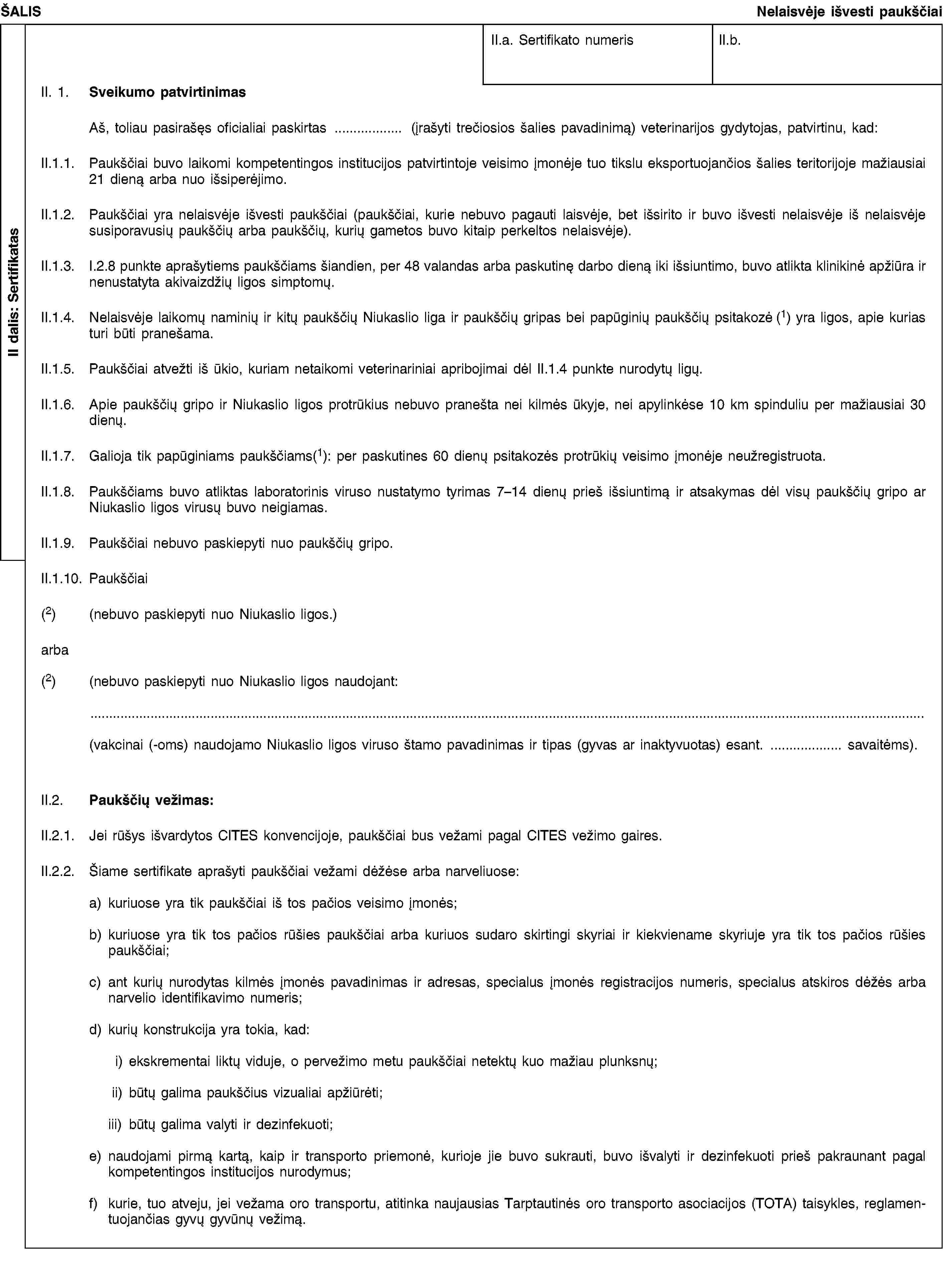 II dalis: SertifikatasŠALISNelaisvėje išvesti paukščiaiII.a. Sertifikato numerisII.b.II. 1. Sveikumo patvirtinimasAš, toliau pasirašęs oficialiai paskirtas (įrašyti trečiosios šalies pavadinimą) veterinarijos gydytojas, patvirtinu, kad:II.1.1. Paukščiai buvo laikomi kompetentingos institucijos patvirtintoje veisimo įmonėje tuo tikslu eksportuojančios šalies teritorijoje mažiausiai 21 dieną arba nuo išsiperėjimo.II.1.2. Paukščiai yra nelaisvėje išvesti paukščiai (paukščiai, kurie nebuvo pagauti laisvėje, bet išsirito ir buvo išvesti nelaisvėje iš nelaisvėje susiporavusių paukščių arba paukščių, kurių gametos buvo kitaip perkeltos nelaisvėje).II.1.3. I.2.8 punkte aprašytiems paukščiams šiandien, per 48 valandas arba paskutinę darbo dieną iki išsiuntimo, buvo atlikta klinikinė apžiūra ir nenustatyta akivaizdžių ligos simptomų.II.1.4. Nelaisvėje laikomų naminių ir kitų paukščių Niukaslio liga ir paukščių gripas bei papūginių paukščių psitakozė (1) yra ligos, apie kurias turi būti pranešama.II.1.5. Paukščiai atvežti iš ūkio, kuriam netaikomi veterinariniai apribojimai dėl II.1.4 punkte nurodytų ligų.II.1.6. Apie paukščių gripo ir Niukaslio ligos protrūkius nebuvo pranešta nei kilmės ūkyje, nei apylinkėse 10 km spinduliu per mažiausiai 30 dienų.II.1.7. Galioja tik papūginiams paukščiams(1): per paskutines 60 dienų psitakozės protrūkių veisimo įmonėje neužregistruota.II.1.8. Paukščiams buvo atliktas laboratorinis viruso nustatymo tyrimas 7–14 dienų prieš išsiuntimą ir atsakymas dėl visų paukščių gripo ar Niukaslio ligos virusų buvo neigiamas.II.1.9. Paukščiai nebuvo paskiepyti nuo paukščių gripo.II.1.10. Paukščiai(2) (nebuvo paskiepyti nuo Niukaslio ligos.)arba(2) (nebuvo paskiepyti nuo Niukaslio ligos naudojant:(vakcinai (-oms) naudojamo Niukaslio ligos viruso štamo pavadinimas ir tipas (gyvas ar inaktyvuotas) esant. savaitėms).II.2. Paukščių vežimas:II.2.1. Jei rūšys išvardytos CITES konvencijoje, paukščiai bus vežami pagal CITES vežimo gaires.II.2.2. Šiame sertifikate aprašyti paukščiai vežami dėžėse arba narveliuose:a) kuriuose yra tik paukščiai iš tos pačios veisimo įmonės;b) kuriuose yra tik tos pačios rūšies paukščiai arba kuriuos sudaro skirtingi skyriai ir kiekviename skyriuje yra tik tos pačios rūšies paukščiai;c) ant kurių nurodytas kilmės įmonės pavadinimas ir adresas, specialus įmonės registracijos numeris, specialus atskiros dėžės arba narvelio identifikavimo numeris;d) kurių konstrukcija yra tokia, kad:i) ekskrementai liktų viduje, o pervežimo metu paukščiai netektų kuo mažiau plunksnų;ii) būtų galima paukščius vizualiai apžiūrėti;iii) būtų galima valyti ir dezinfekuoti;e) naudojami pirmą kartą, kaip ir transporto priemonė, kurioje jie buvo sukrauti, buvo išvalyti ir dezinfekuoti prieš pakraunant pagal kompetentingos institucijos nurodymus;f) kurie, tuo atveju, jei vežama oro transportu, atitinka naujausias Tarptautinės oro transporto asociacijos (TOTA) taisykles, reglamentuojančias gyvų gyvūnų vežimą.