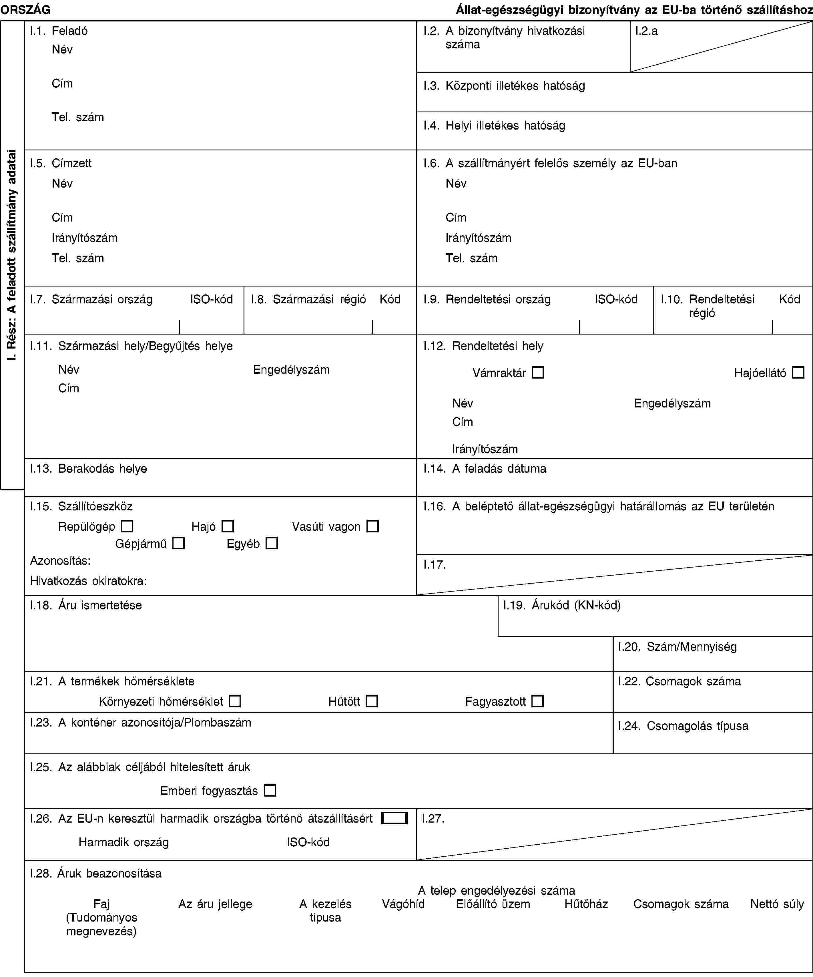 I. Rész: A feladott szállítmány adataiORSZÁGÁllat-egészségügyi bizonyítvány az EU-ba történő szállításhozI.1. FeladóNévCímTel. számI.2. A bizonyítvány hivatkozási számaI.2.aI.3. Központi illetékes hatóságI.4. Helyi illetékes hatóságI.5. CímzettNévCímIrányítószámTel. számI.6. A szállítmányért felelős személy az EU-banNévCímIrányítószámTel. számI.7. Származási országISO-kódI.8. Származási régióKódI.9. Rendeltetési országISO-kódI.10. Rendeltetési régióKódI.11. Származási hely/Begyűjtés helyeNévEngedélyszámCímI.12. Rendeltetési helyVámraktárHajóellátóNévEngedélyszámCímIrányítószámI.13. Berakodás helyeI.14. A feladás dátumaI.15. SzállítóeszközRepülőgépHajóVasúti vagonGépjárműEgyébAzonosítás:Hivatkozás okiratokra:I.16. A beléptető állat-egészségügyi határállomás az EU területénI.17.I.18. Áru ismertetéseI.19. Árukód (KN-kód)I.20. Szám/MennyiségI.21. A termékek hőmérsékleteKörnyezeti hőmérsékletHűtöttFagyasztottI.22. Csomagok számaI.23. A konténer azonosítója/PlombaszámI.24. Csomagolás típusaI.25. Az alábbiak céljából hitelesített árukEmberi fogyasztásI.26. Az EU-n keresztül harmadik országba történő átszállításértHarmadik országISO-kódI.27.I.28. Áruk beazonosításaA telep engedélyezési számaFaj(Tudományos megnevezés)Az áru jellegeA kezelés típusaVágóhídElőállító üzemHűtőházCsomagok számaNettó súly