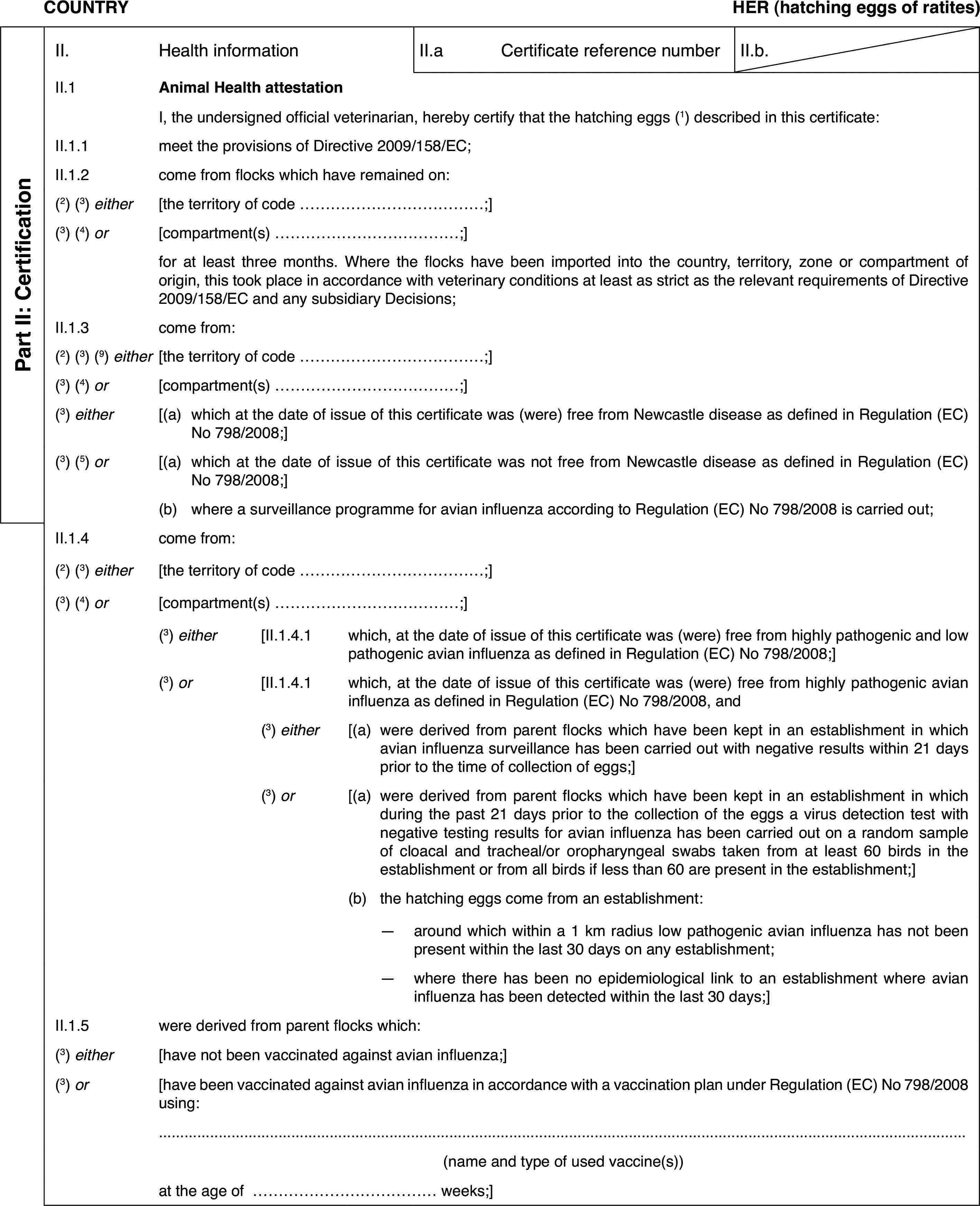 COUNTRYHER (hatching eggs of ratites)Part II: CertificationII.Health informationII.aCertificate reference numberII.b.II.1Animal Health attestationI,the undersigned official veterinarian, hereby certify that the hatching eggs (1) described in this certificate:II.1.1meet the provisions of Directive 2009/158/EC;II.1.2come from flockswhich have remained on:(2) (3) either[the territory of code …;](3)(4) or[compartment(s)…;]for at least three months. Where the flocks havebeen imported into the country, territory, zone or compartment of origin,this took place in accordance with veterinary conditions at least as strictas the relevant requirements of Directive 2009/158/EC and any subsidiary Decisions;II.1.3come from:(2) (3) (9) either[the territory ofcode …;](3) (4) or[compartment(s) …;](3) either[(a)which at the dateof issue of this certificate was (were) free from Newcastle disease as definedin Regulation (EC) No 798/2008;](3) (5) or[(a)which at the dateof issue of this certificate was not free from Newcastle disease as definedin Regulation (EC) No 798/2008;](b)where a surveillanceprogramme for avian influenza according to Regulation (EC) No 798/2008 iscarried out;II.1.4come from:(2)(3) either[the territory ofcode …;](3) (4) or[compartment(s) …;](3) either[II.1.4.1which, at the date of issue of this certificate was (were) free fromhighly pathogenic and low pathogenic avian influenza as defined in Regulation(EC) No 798/2008;](3) or[II.1.4.1which, at the date of issue of this certificate was (were) free fromhighly pathogenic avian influenza as defined in Regulation (EC) No 798/2008,and(3) either[(a)were derived fromparent flocks which have been kept in an establishment in which avian influenzasurveillance has been carried out with negative results within 21 days priorto the time of collection of eggs;](3) or[(a)were derived fromparent flocks which have been kept in an establishment in which during thepast 21 days prior to the collection of the eggs a virus detection test withnegative testing results for avian influenza has been carried out on a randomsample of cloacal and tracheal/or oropharyngeal swabs taken from at least60 birds in the establishment or from all birds if less than 60 are presentin the establishment;](b)the hatching eggscome from an establishment:—around which within a 1 km radius low pathogenic avian influenza hasnot been present within the last 30 days on any establishment;—where there has been no epidemiological link to an establishment whereavian influenza has been detected within the last 30 days;]II.1.5were derived from parent flocks which:(3) either[have not been vaccinated against avian influenza;](3) or[have been vaccinated against avian influenza inaccordance with a vaccination plan under Regulation (EC) No 798/2008 using:(name and type ofused vaccine(s))at the age of … weeks;]