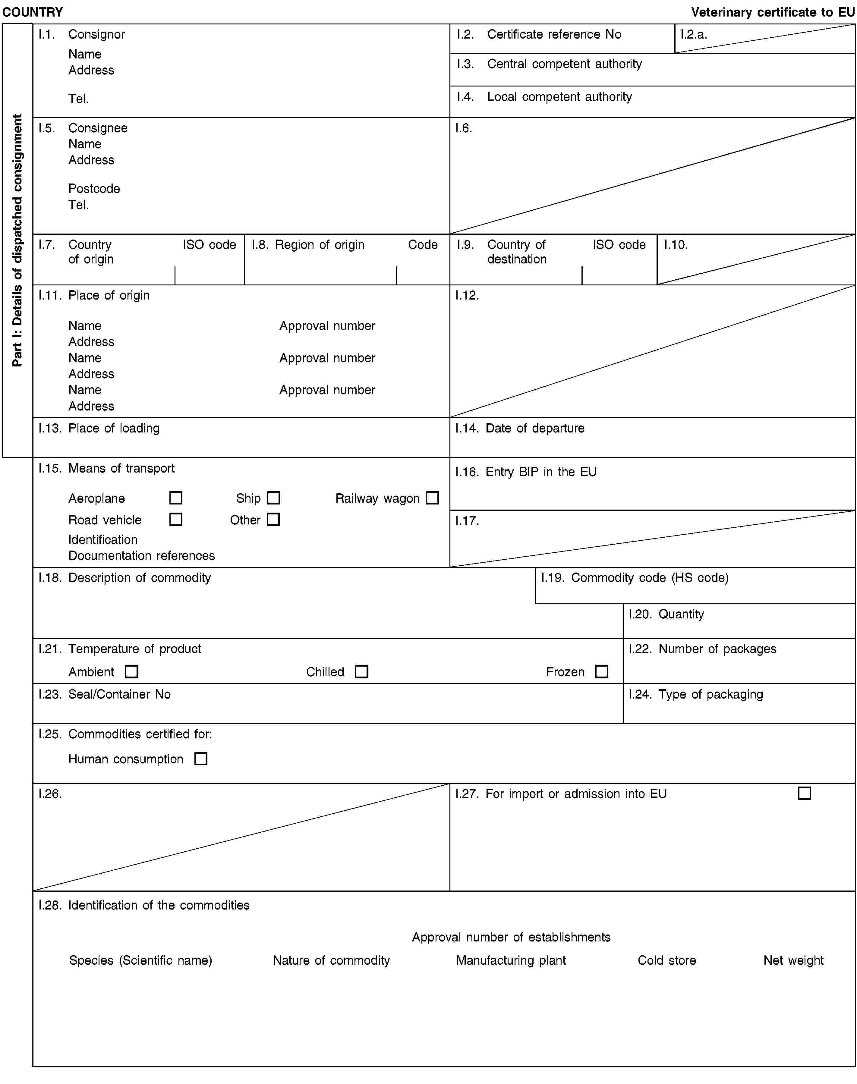 Part I: Details of dispatched consignmentCOUNTRYVeterinary certificate to EUI.1. ConsignorNameAddressTel.I.2. Certificate reference NoI.2.a.I.3. Central competent authorityI.4. Local competent authorityI.5. ConsigneeNameAddressPostcodeTel.I.6.I.7. Country of originISO codeI.8. Region of originCodeI.9. Country of destinationISO codeI.10.I.11. Place of originNameApproval numberAddressNameApproval numberAddressNameApproval numberAddressI.12.I.13. Place of loadingI.14. Date of departureI.15. Means of transportAeroplaneShipRailway wagonRoad vehicleOtherIdentificationDocumentation referencesI.16. Entry BIP in the EUI.17.I.18. Description of commodityI.19. Commodity code (HS code)I.20. QuantityI.21. Temperature of productAmbientChilledFrozenI.22. Number of packagesI.23. Seal/Container NoI.24. Type of packagingI.25. Commodities certified for:Human consumptionI.26.I.27. For import or admission into EUI.28. Identification of the commoditiesApproval number of establishmentsSpecies (Scientific name)Nature of commodityManufacturing plantCold storeNet weight