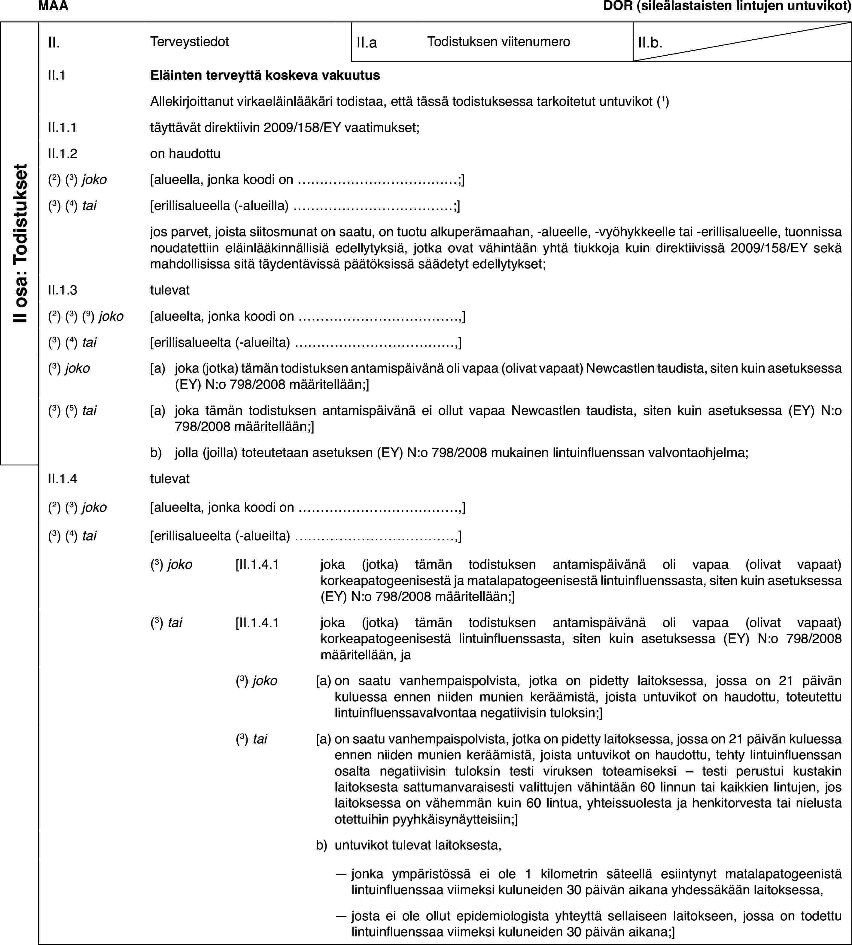 MAADOR (sileälastaisten lintujen untuvikot)II osa: TodistuksetII.TerveystiedotII.aTodistuksen viitenumeroII.b.II.1Eläinten terveyttä koskeva vakuutusAllekirjoittanut virkaeläinlääkäri todistaa, että tässä todistuksessa tarkoitetut untuvikot (1)II.1.1täyttävät direktiivin 2009/158/EY vaatimukset;II.1.2on haudottu(2) (3) joko[alueella, jonka koodi on…;](3) (4) tai[erillisalueella (-alueilla)…;]jos parvet, joista siitosmunat on saatu, on tuotu alkuperämaahan, -alueelle, -vyöhykkeelle tai -erillisalueelle, tuonnissa noudatettiin eläinlääkinnällisiä edellytyksiä, jotka ovat vähintään yhtä tiukkoja kuin direktiivissä 2009/158/EY sekä mahdollisissa sitä täydentävissä päätöksissä säädetyt edellytykset;II.1.3tulevat(2) (3) (9) joko[alueelta, jonka koodi on…,](3) (4) tai[erillisalueelta (-alueilta)…,](3) joko[a)joka (jotka) tämän todistuksen antamispäivänä oli vapaa (olivat vapaat) Newcastlen taudista, siten kuin asetuksessa (EY) N:o 798/2008 määritellään;](3) (5) tai[a)joka tämän todistuksen antamispäivänä ei ollut vapaa Newcastlen taudista, siten kuin asetuksessa (EY) N:o 798/2008 määritellään;]b)jolla (joilla) toteutetaan asetuksen (EY) N:o 798/2008 mukainen lintuinfluenssan valvontaohjelma;II.1.4tulevat(2) (3) joko[alueelta, jonka koodi on…,](3) (4) tai[erillisalueelta (-alueilta)…,](3) joko[II.1.4.1joka (jotka) tämän todistuksen antamispäivänä oli vapaa (olivat vapaat) korkeapatogeenisestä ja matalapatogeenisestä lintuinfluenssasta, siten kuin asetuksessa (EY) N:o 798/2008 määritellään;](3) tai[II.1.4.1joka (jotka) tämän todistuksen antamispäivänä oli vapaa (olivat vapaat) korkeapatogeenisestä lintuinfluenssasta, siten kuin asetuksessa (EY) N:o 798/2008 määritellään, ja(3) joko[a)on saatu vanhempaispolvista, jotka on pidetty laitoksessa, jossa on 21 päivän kuluessa ennen niiden munien keräämistä, joista untuvikot on haudottu, toteutettu lintuinfluenssavalvontaa negatiivisin tuloksin;](3) tai[a)on saatu vanhempaispolvista, jotka on pidetty laitoksessa, jossa on 21 päivän kuluessa ennen niiden munien keräämistä, joista untuvikot on haudottu, tehty lintuinfluenssan osalta negatiivisin tuloksin testi viruksen toteamiseksi – testi perustui kustakin laitoksesta sattumanvaraisesti valittujen vähintään 60 linnun tai kaikkien lintujen, jos laitoksessa on vähemmän kuin 60 lintua, yhteissuolesta ja henkitorvesta tai nielusta otettuihin pyyhkäisynäytteisiin;]b)untuvikot tulevat laitoksesta,—jonka ympäristössä ei ole 1 kilometrin säteellä esiintynyt matalapatogeenistä lintuinfluenssaa viimeksi kuluneiden 30 päivän aikana yhdessäkään laitoksessa,—josta ei ole ollut epidemiologista yhteyttä sellaiseen laitokseen, jossa on todettu lintuinfluenssaa viimeksi kuluneiden 30 päivän aikana;]