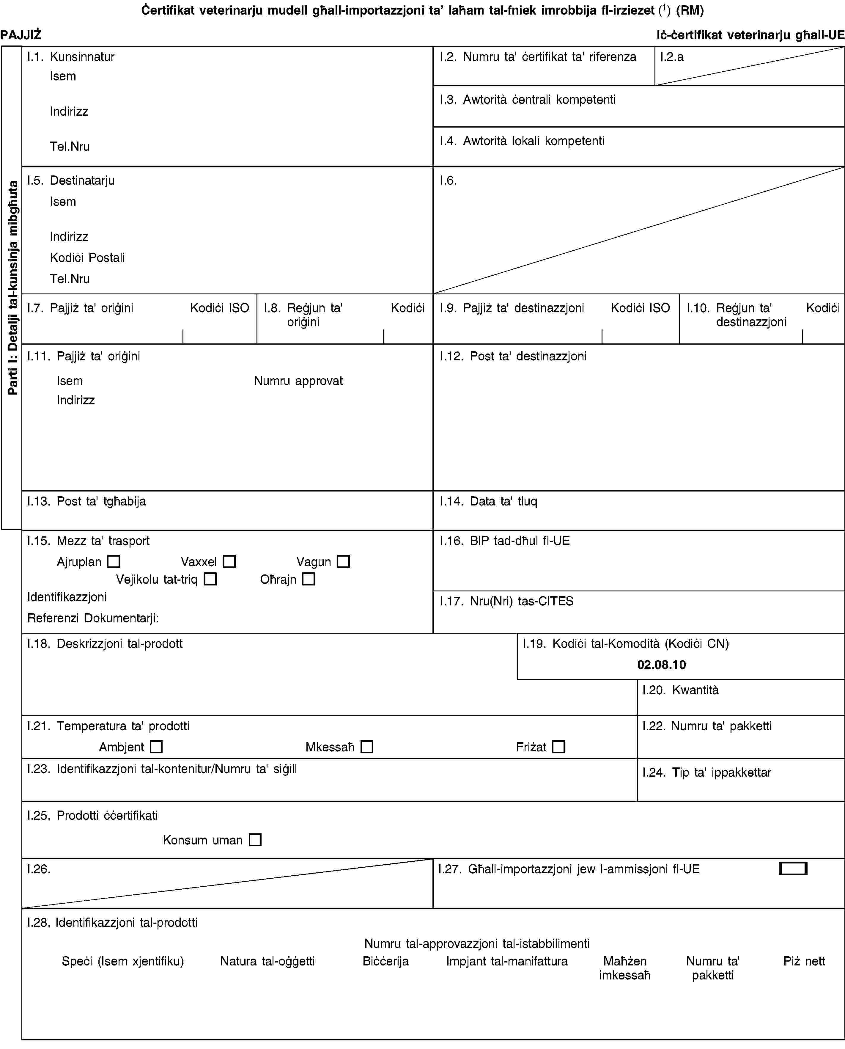 Parti I: Detalji tal-kunsinja mibgħutaĊertifikat veterinarju mudell għall-importazzjoni ta’ laħam tal-fniek imrobbija fl-irziezet (1) (RM)PAJJIŻIċ-ċertifikat veterinarju għall-UEI.1. KunsinnaturIsemIndirizzTel.NruI.2. Numru ta' ċertifikat ta' riferenzaI.2.aI.3. Awtorità ċentrali kompetentiI.4. Awtorità lokali kompetentiI.5. DestinatarjuIsemIndirizzKodiċi PostaliTel.NruI.6.I.7. Pajjiż ta' oriġiniKodiċi ISOI.8. Reġjun ta' oriġiniKodiċiI.9. Pajjiż ta' destinazzjoniKodiċi ISOI.10. Reġjun ta' destinazzjoniKodiċiI.11. Pajjiż ta' oriġiniIsemNumru approvatIndirizzI.12. Post ta' destinazzjoniI.13. Post ta' tgħabijaI.14. Data ta' tluqI.15. Mezz ta' trasportAjruplanVaxxelVagunVejikolu tat-triqOħrajnIdentifikazzjoniReferenzi Dokumentarji:I.16. BIP tad-dħul fl-UEI.17. Nru(Nri) tas-CITESI.18. Deskrizzjoni tal-prodottI.19. Kodiċi tal-Komodità (Kodiċi CN)02.08.10I.20. KwantitàI.21. Temperatura ta' prodottiAmbjentMkessaħFriżatI.22. Numru ta' pakkettiI.23. Identifikazzjoni tal-kontenitur/Numru ta' siġillI.24. Tip ta' ippakkettarI.25. Prodotti ċċertifikatiKonsum umanI.26.I.27. Għall-importazzjoni jew l-ammissjoni fl-UEI.28. Identifikazzjoni tal-prodottiNumru tal-approvazzjoni tal-istabbilimentiSpeċi (Isem xjentifiku)Natura tal-oġġettiBiċċerijaImpjant tal-manifatturaMaħżen imkessaħNumru ta' pakkettiPiż nett