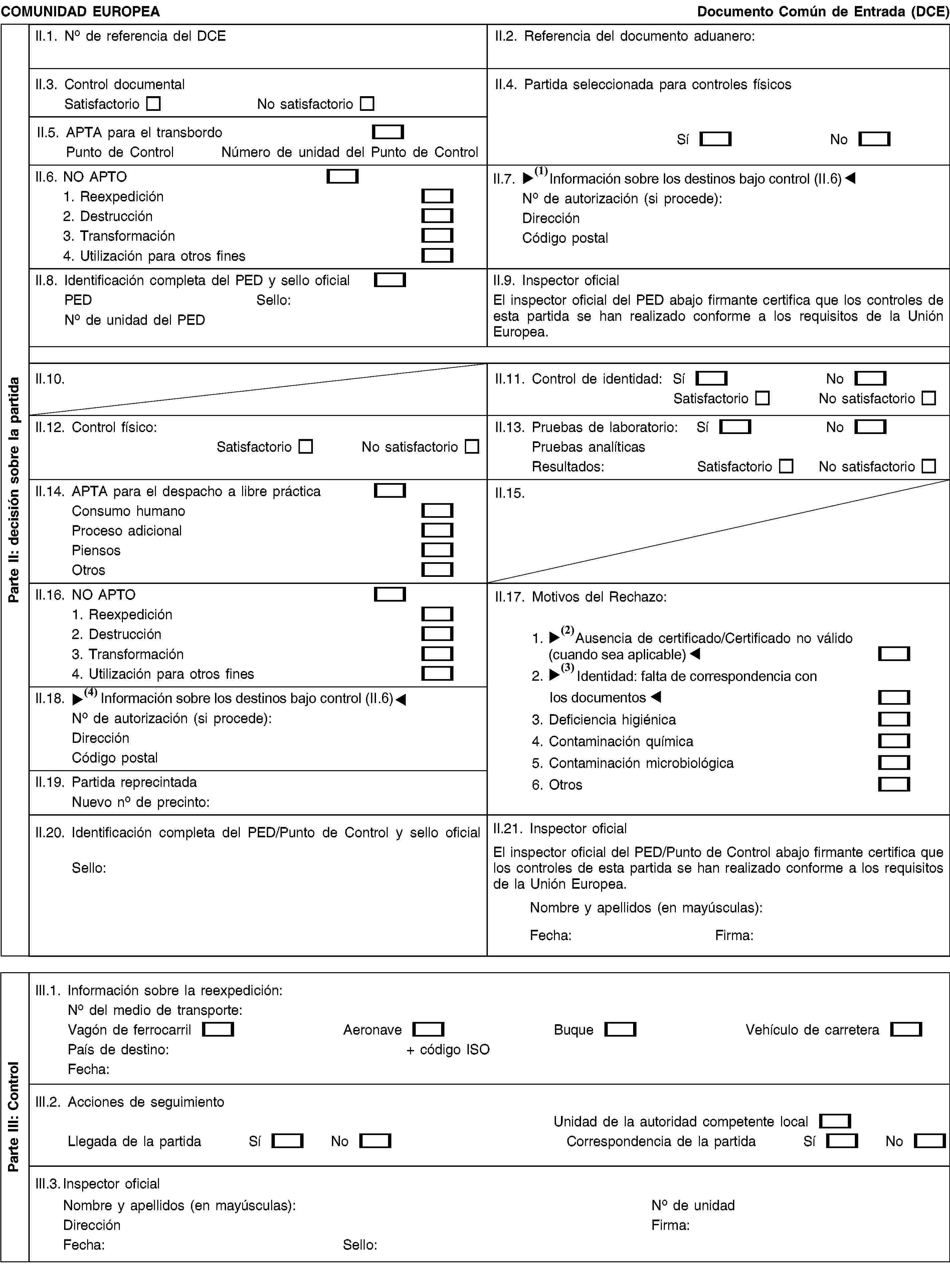 COMUNIDAD EUROPEADocumento Común de Entrada (DCE)II.1. No de referencia del DCEII.2. Referencia del documento aduanero:II.3. Control documentalSatisfactorioNo satisfactorioII.4. Partida seleccionada para controles físicosSíNoII.5. APTA para el transbordoPunto de ControlNúmero de unidad del Punto de ControlII.6. NO APTO1. Reexpedición2. Destrucción3. Transformación4. Utilización para otros finesII.7. Información sobre los destinos inspeccionados (II.6)No de autorización (si procede):DirecciónCódigo postalII.8. Identificación completa del PED y sello oficialPEDSello:No de unidad del PEDII.9. Inspector oficialEl inspector oficial del PED abajo firmante certifica que los controles de esta partida se han realizado conforme a los requisitos de la Unión Europea.II.10.II.11. Control de identidad:SíNoSatisfactorioNo satisfactorioII.12. Control físico:SatisfactorioNo satisfactorioII.13. Pruebas de laboratorio:SíNoPruebas analíticasResultados:SatisfactorioNo satisfactorioII.14. APTA para el despacho a libre prácticaConsumo humanoProceso adicionalPiensosOtrosII.15.II.16. NO APTO1. Reexpedición2. Destrucción3. Transformación4. Utilización para otros finesII.17. Motivos del Rechazo:1. Ausencia de certificado/Certificado no válido (si es aplicable)2. Identidad: incongruencia con los documentos3. Deficiencia higiénica4. Contaminación química5. Contaminación microbiológica6. OtrosII.18. Información sobre los destinos inspeccionados (II.6)No de autorización (si procede):DirecciónCódigo postalII.19. Partida reprecintadaNuevo no de precinto:II.20. Identificación completa del PED/Punto de Control y sello oficialSello:II.21. Inspector oficialEl inspector oficial del PED/Punto de Control abajo firmante certifica que los controles de esta partida se han realizado conforme a los requisitos de la Unión Europea.Nombre y apellidos (en mayúsculas):Fecha:Firma:III.1. Información sobre la reexpedición:No del medio de transporte:Vagón de ferrocarrilAeronaveBuqueVehículo de carreteraPaís de destino:+ código ISOFecha:III.2. Acciones de seguimientoUnidad de la autoridad competente localLlegada de la partidaSíNoCorrespondencia de la partidaSíNoIII.3. Inspector oficialNombre y apellidos (en mayúsculas):DirecciónFecha:Sello:No de unidadFirma:Parte II: decisión sobre la partidaParte III: Control