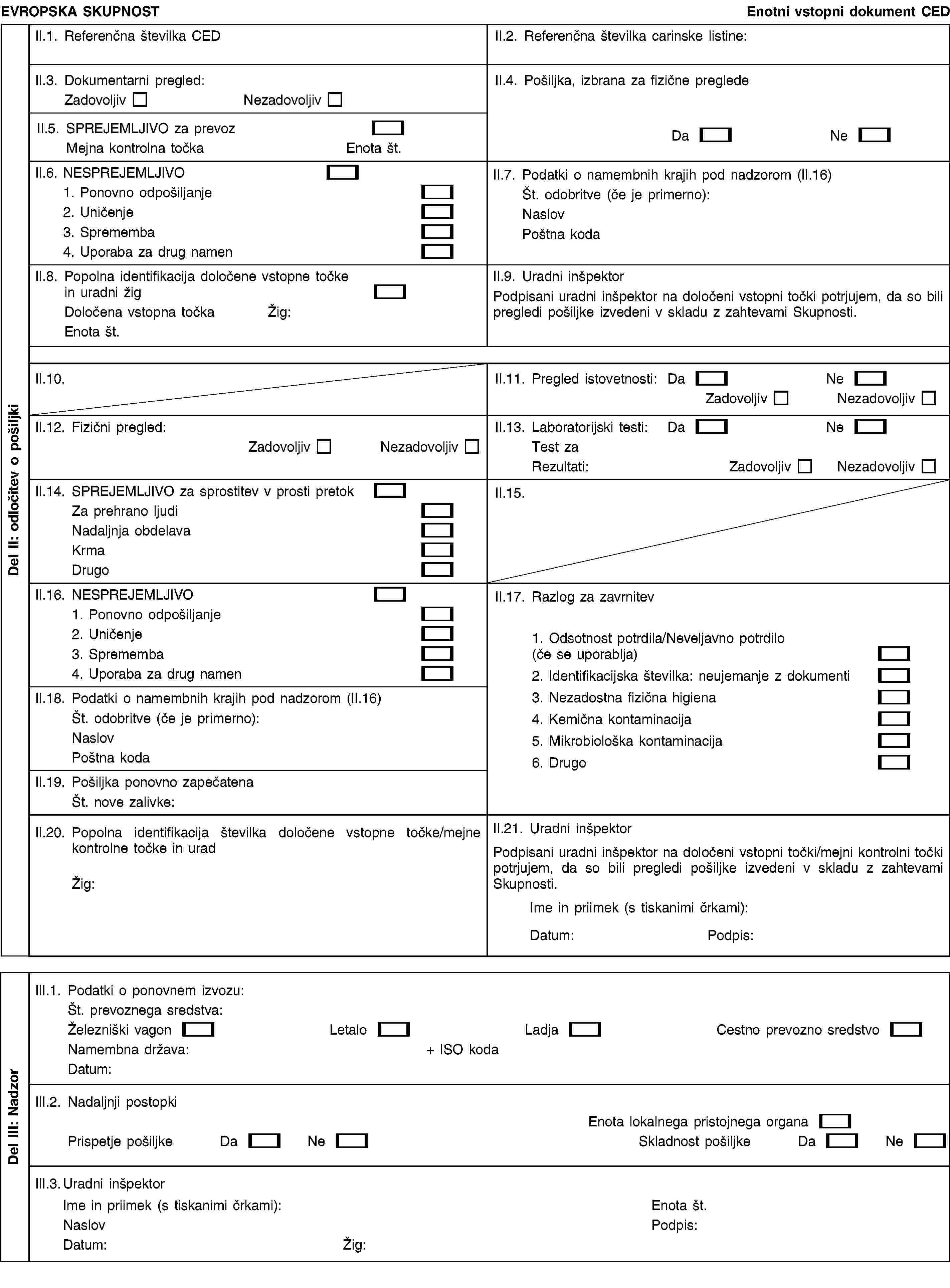 EVROPSKA SKUPNOSTEnotni vstopni dokument CEDII.1. Referenčna številka CEDII.2. Referenčna številka carinske listine:II.3. Dokumentarni pregled:ZadovoljivNezadovoljivII.4. Pošiljka, izbrana za fizične pregledeDaNeII.5. SPREJEMLJIVO za prevozMejna kontrolna točkaEnota št.II.6. NESPREJEMLJIVO1. Ponovno odpošiljanje2. Uničenje3. Sprememba4. Uporaba za drug namenII.7. Podatki o namembnih krajih pod nadzorom (II.16)Št. odobritve (če je primerno):NaslovPoštna kodaII.8. Popolna identifikacija določene vstopne točke in uradni žigDoločena vstopna točkaŽig:Enota št.II.9. Uradni inšpektorPodpisani uradni inšpektor na določeni vstopni točki potrjujem, da so bili pregledi pošiljke izvedeni v skladu z zahtevami Skupnosti.II.10.II.11. Pregled istovetnosti:DaNeZadovoljivNezadovoljivII.12. Fizični pregled:ZadovoljivNezadovoljivII.13. Laboratorijski testi:DaNeTest zaRezultati:ZadovoljivNezadovoljivII.14. SPREJEMLJIVO za sprostitev v prosti pretokZa prehrano ljudiNadaljnja obdelavaKrmaDrugoII.15.II.16. NESPREJEMLJIVO1. Ponovno odpošiljanje2. Uničenje3. Sprememba4. Uporaba za drug namenII.17. Razlog za zavrnitev1. Odsotnost potrdila/Neveljavno potrdilo (če se uporablja)2. Identifikacijska številka: neujemanje z dokumenti3. Nezadostna fizična higiena4. Kemična kontaminacija5. Mikrobiološka kontaminacija6. DrugoII.18. Podatki o namembnih krajih pod nadzorom (II.16)Št. odobritve (če je primerno):NaslovPoštna kodaII.19. Pošiljka ponovno zapečatenaŠt. nove zalivke:II.20. Popolna identifikacija številka določene vstopne točke/mejne kontrolne točke in uradŽig:II.21. Uradni inšpektorPodpisani uradni inšpektor na določeni vstopni točki/mejni kontrolni točki potrjujem, da so bili pregledi pošiljke izvedeni v skladu z zahtevami Skupnosti.Ime in priimek (s tiskanimi črkami):Datum:Podpis:III.1. Podatki o ponovnem izvozu:Št. prevoznega sredstva:Železniški vagonLetaloLadjaCestno prevozno sredstvoNamembna država:+ ISO kodaDatum:III.2. Nadaljnji postopkiEnota lokalnega pristojnega organaPrispetje pošiljkeDaNeSkladnost pošiljkeDaNeIII.3. Uradni inšpektorIme in priimek (s tiskanimi črkami):NaslovDatum:Žig:Enota št.Podpis:Del II: odločitev o pošiljkiDel III: Nadzor