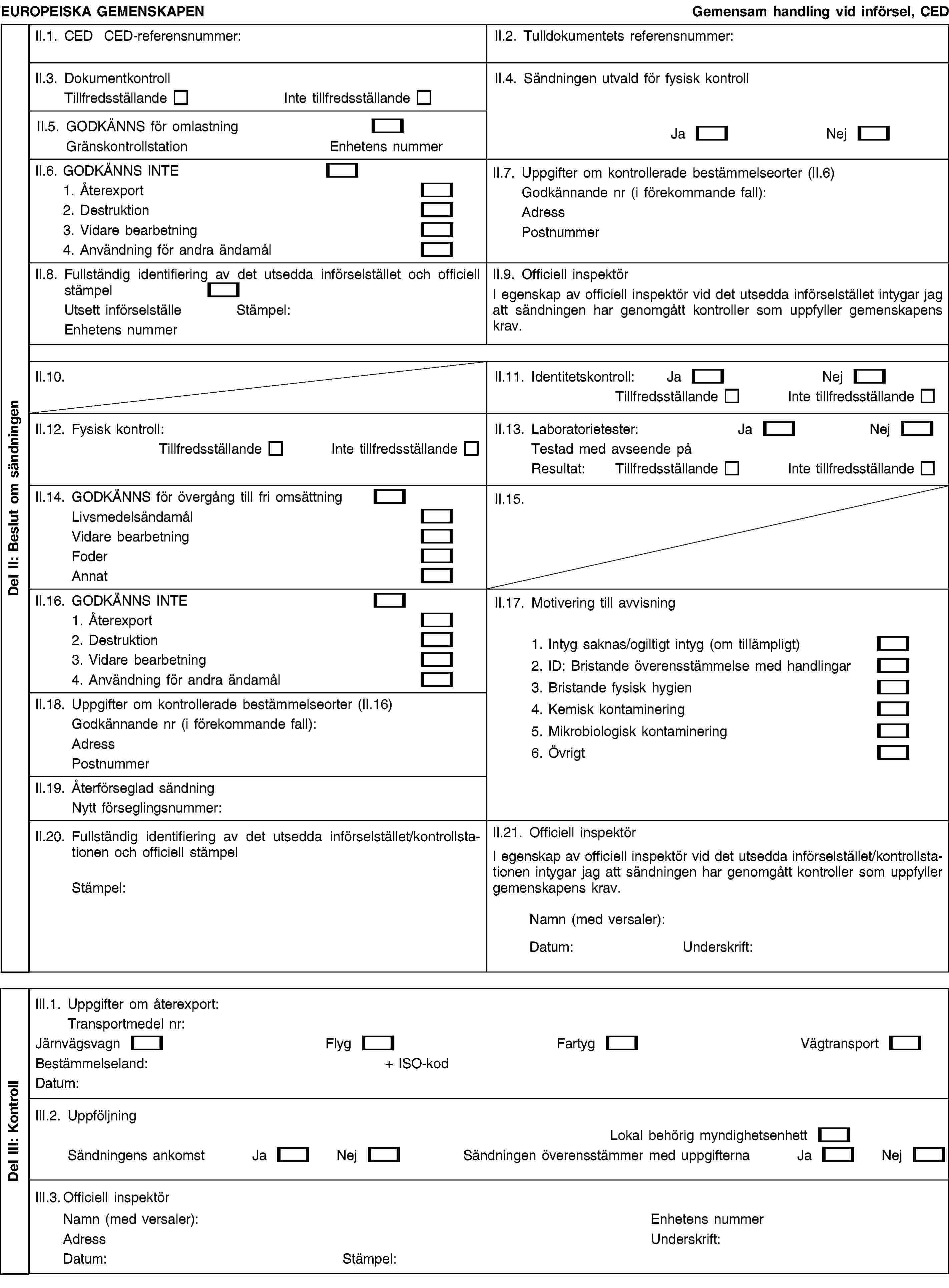EUROPEISKA GEMENSKAPENGemensam handling vid införsel, CEDII.1. CED CED-referensnummer:II.2. Tulldokumentets referensnummer:II.3. DokumentkontrollTillfredsställandeInte tillfredsställandeII.4. Sändningen utvald för fysisk kontrollJaNejII.5. GODKÄNNS för omlastningGränskontrollstationEnhetens nummerII.6. GODKÄNNS INTE1. Återexport2. Destruktion3. Vidare bearbetning4. Användning för andra ändamålII.7. Uppgifter om kontrollerade bestämmelseorter (II.6)Godkännande nr (i förekommande fall):AdressPostnummerII.8. Fullständig identifiering av det utsedda införselstället och officiell stämpelUtsett införselställeStämpel:Enhetens nummerII.9. Officiell inspektörI egenskap av officiell inspektör vid det utsedda införselstället intygar jag att sändningen har genomgått kontroller som uppfyller gemenskapens krav.II.10.II.11. Identitetskontroll:JaNejTillfredsställandeInte tillfredsställandeII.12. Fysisk kontroll:TillfredsställandeInte tillfredsställandeII.13. Laboratorietester:JaNejTestad med avseende påResultat:TillfredsställandeInte tillfredsställandeII.14. GODKÄNNS för övergång till fri omsättningLivsmedelsändamålVidare bearbetningFoderAnnatII.15.II.16. GODKÄNNS INTE1. Återexport2. Destruktion3. Vidare bearbetning4. Användning för andra ändamålII.17. Motivering till avvisning1. Intyg saknas/ogiltigt intyg (om tillämpligt)2. ID: Bristande överensstämmelse med handlingar3. Bristande fysisk hygien4. Kemisk kontaminering5. Mikrobiologisk kontaminering6. ÖvrigtII.18. Uppgifter om kontrollerade bestämmelseorter (II.16)Godkännande nr (i förekommande fall):AdressPostnummerII.19. Återförseglad sändningNytt förseglingsnummer:II.20. Fullständig identifiering av det utsedda införselstället/kontrollstationen och officiell stämpelStämpel:II.21. Officiell inspektörI egenskap av officiell inspektör vid det utsedda införselstället/kontrollstationen intygar jag att sändningen har genomgått kontroller som uppfyller gemenskapens krav.Namn (med versaler):Datum:Underskrift:III.1. Uppgifter om återexport:Transportmedel nr:JärnvägsvagnFlygFartygVägtransportBestämmelseland:+ ISO-kodDatum:III.2. UppföljningLokal behörig myndighetsenhettSändningens ankomstJaNejSändningen överensstämmer med uppgifternaJaNejIII.3. Officiell inspektörNamn (med versaler):AdressDatum:Stämpel:Enhetens nummerUnderskrift:Del II: Beslut om sändningenDel III: Kontroll
