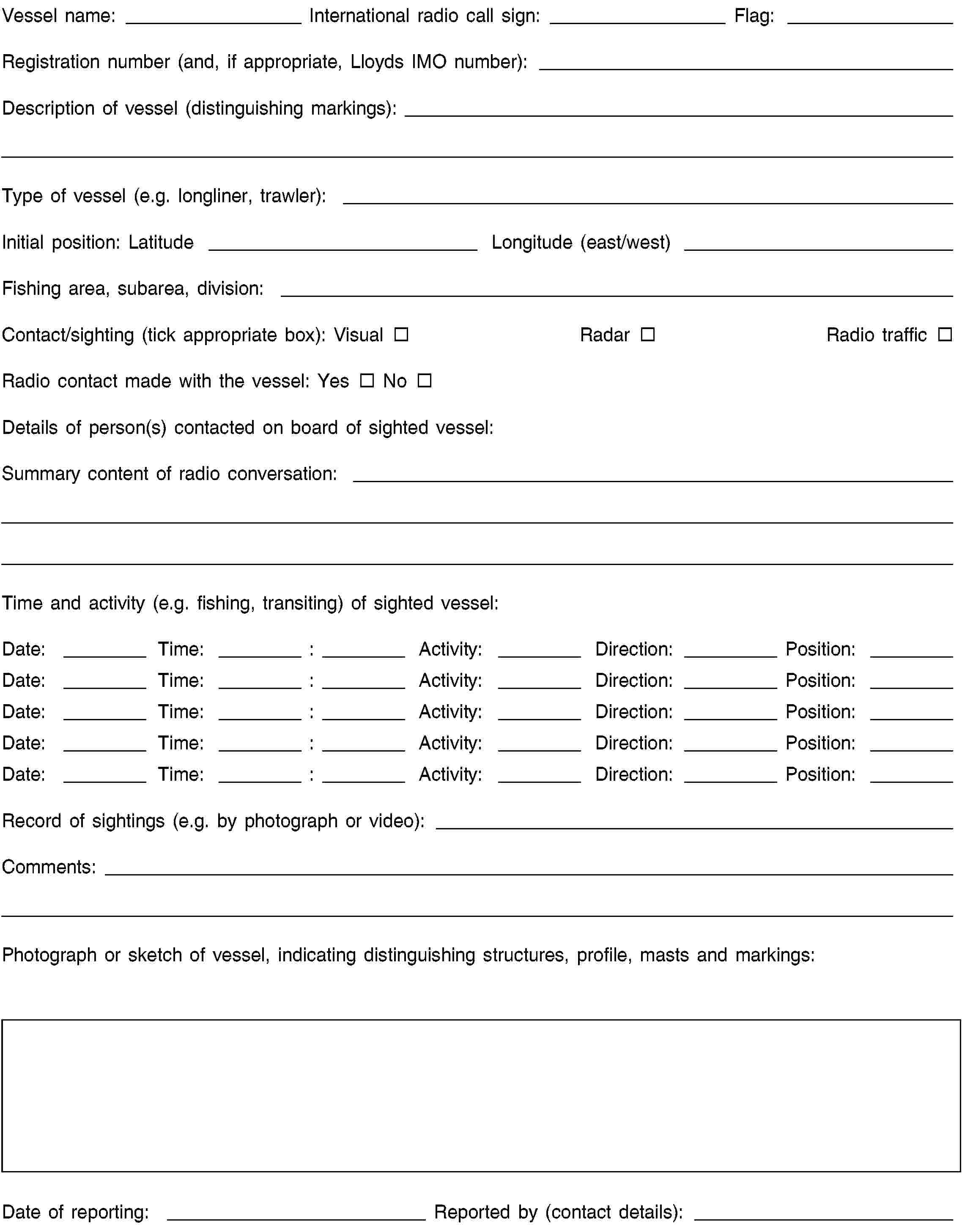 Vessel name: International radio call sign: Flag:Registration number (and, if appropriate, Lloyds IMO number):Description of vessel (distinguishing markings):Type of vessel (e.g. longliner, trawler):Initial position: Latitude Longitude (east/west)Fishing area, subarea, division:Contact/sighting (tick appropriate box): Visual Radar Radio trafficRadio contact made with the vessel: Yes NoDetails of person(s) contacted on board of sighted vessel:Summary content of radio conversation:Time and activity (e.g. fishing, transiting) of sighted vessel:Date: Time:: Activity: Direction: Position:Date: Time:: Activity: Direction: Position:Date: Time:: Activity: Direction: Position:Date: Time:: Activity: Direction: Position:Date: Time:: Activity: Direction: Position:Record of sightings (e.g. by photograph or video):Comments:Photograph or sketch of vessel, indicating distinguishing structures, profile, masts and markings:Date of reporting: Reported by (contact details):