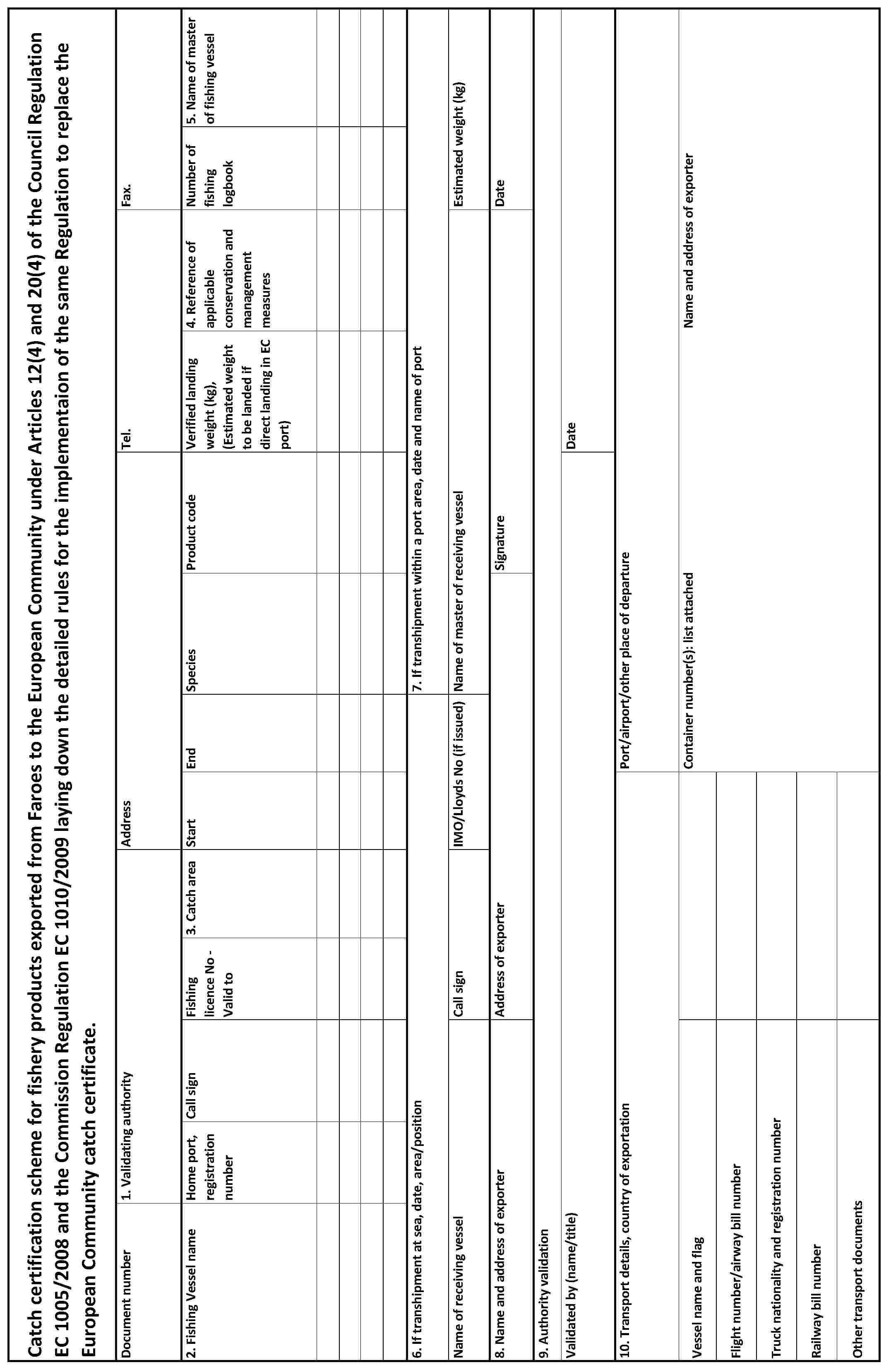 Catch certification scheme for fishery products exported from Faroes to the European Community under Articles 12(4) and 20(4) of the Council Regulation EC 1005/2008 and the Commission Regulation EC 1010/2009 laying down the detailed rules for the implementaion of the same Regulation to replace the European Community catch certificate.Document number1. Validating authorityAddressTel.Fax.2. Fishing Vessel nameHome port, registration numberCall signFishing licence No - Valid to3. Catch areaStartEndSpeciesProduct codeVerified landing weight (kg), (Estimated weight to be landed if direct landing in EC port)4. Reference of applicable conservation and management measuresNumber of fishing logbook5. Name of master of fishing vessel6. If transhipment at sea, date, area/position7. If transhipment within a port area, date and name of portName of receiving vesselCall signIMO/Lloyds No (if issued)Name of master of receiving vesselEstimated weight (kg)8. Name and address of exporterAddress of exporterSignatureDate9. Authority validationValidated by (name/title)Date10. Transport details, country of exportationPort/airport/other place of departureVessel name and flagContainer number(s): list attachedName and address of exporterFlight number/airway bill numberTruck nationality and registration numberRailway bill numberOther transport documents