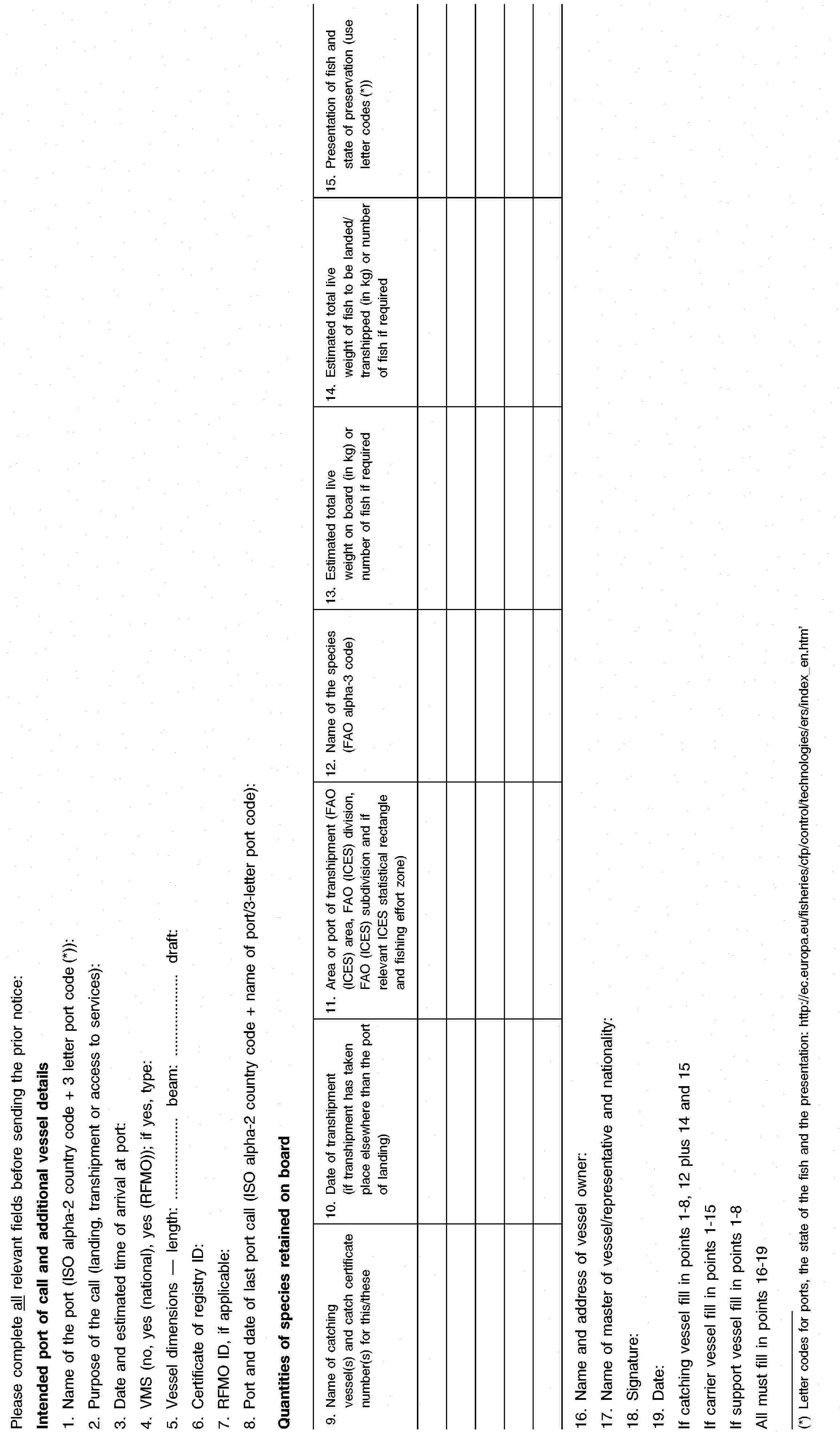 Please complete all relevant fields before sending the prior notice:Intended port of call and additional vessel details1. Name of the port (ISO alpha-2 country code + 3 letter port code (*)):2. Purpose of the call (landing, transhipment or access to services):3. Date and estimated time of arrival at port:4. VMS (no, yes (national), yes (RFMO)); if yes, type:5. Vessel dimensions length: … beam: … draft:6. Certificate of registry ID:7. RFMO ID, if applicable:8. Port and date of last port call (ISO alpha-2 country code + name of port/3-letter port code):Quantities of species retained on board9. Name of catching vessel(s) and catch certificate number(s) for this/these10. Date of transhipment (if transhipment has taken place elsewhere than the port of landing)11. Area or port of transhipment (FAO (ICES) area, FAO (ICES) division, FAO (ICES) subdivision and if relevant ICES statistical rectangle and fishing effort zone)12. Name of the species (FAO alpha-3 code)13. Estimated total live weight on board (in kg) or number of fish if required14. Estimated total live weight of fish to be landed/transhipped (in kg) or number of fish if required15. Presentation of fish and state of preservation (use letter codes (*))16. Name and address of vessel owner:17. Name of master of vessel/representative and nationality:18. Signature:19. Date:If catching vessel fill in points 1-8, 12 plus 14 and 15If carrier vessel fill in points 1-15If support vessel fill in points 1-8All must fill in points 16-19(*) Letter codes for ports, the state of the fish and the presentation: http://ec.europa.eu/fisheries/cfp/control/technologies/ers/index_en.htm