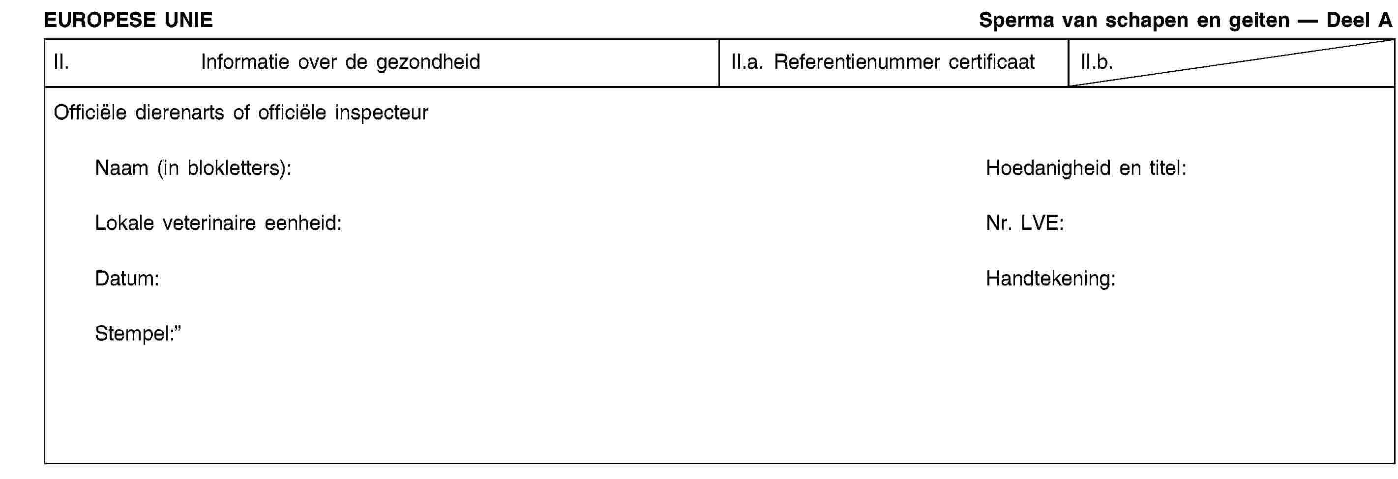 EUROPESE UNIESperma van schapen en geiten — Deel AII. Informatie over de gezondheidII.a. Referentienummer certificaatII.b.Officiële dierenarts of officiële inspecteurNaam (in blokletters):Hoedanigheid en titel:Lokale veterinaire eenheid:Nr. LVE:Datum:Handtekening:Stempel: