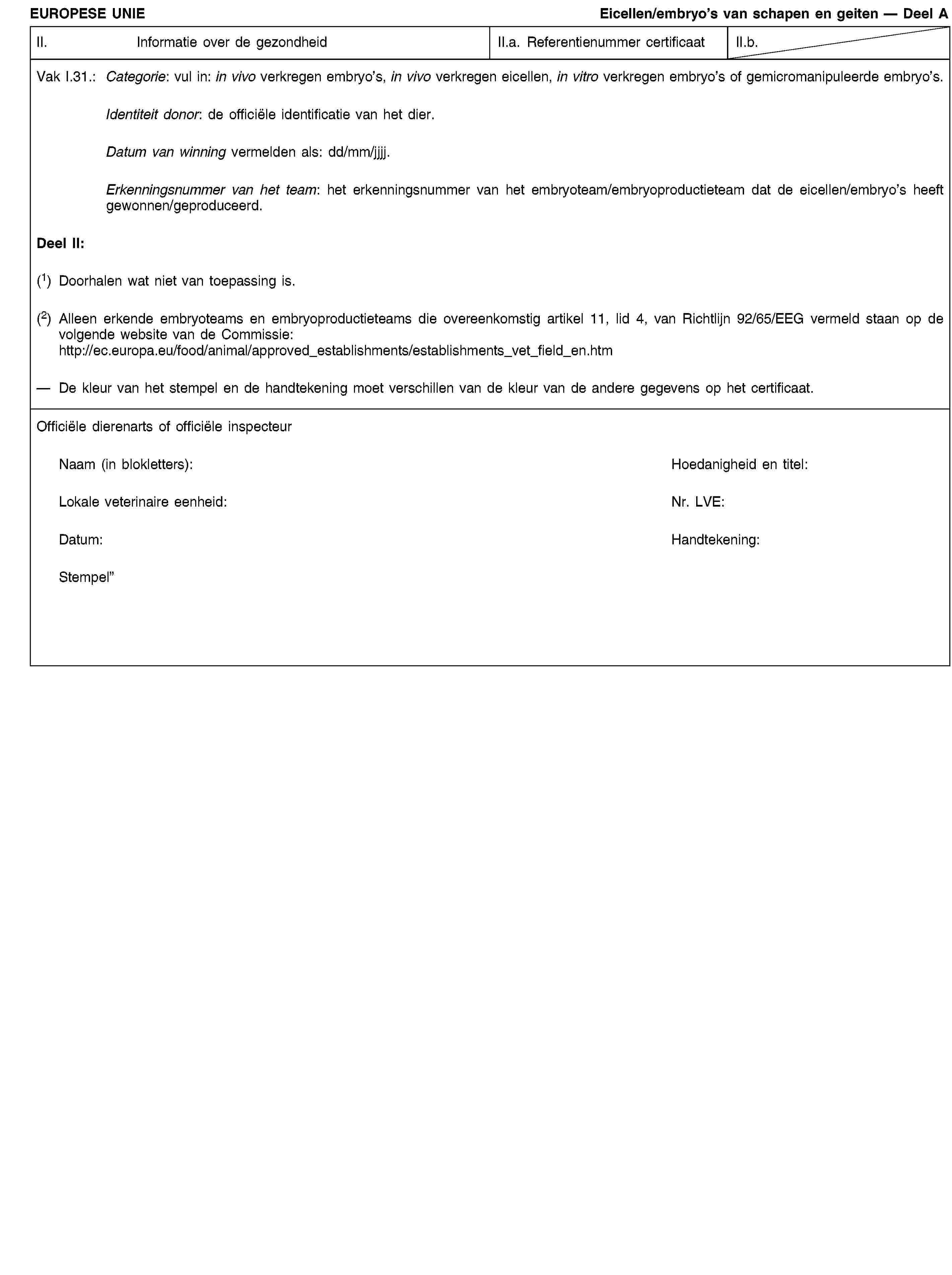 EUROPESE UNIEEicellen/embryo’s van schapen en geiten — Deel AII. Informatie over de gezondheidII.a. Referentienummer certificaatII.b.Vak I.31.: Categorie: vul in: in vivo verkregen embryo’s, in vivo verkregen eicellen, in vitro verkregen embryo’s of gemicromanipuleerde embryo’s.Identiteit donor: de officiële identificatie van het dier.Datum van winning vermelden als: dd/mm/jjjj.Erkenningsnummer van het team: het erkenningsnummer van het embryoteam/embryoproductieteam dat de eicellen/embryo’s heeft gewonnen/geproduceerd.Deel II:(1) Doorhalen wat niet van toepassing is.(2) Alleen erkende embryoteams en embryoproductieteams die overeenkomstig artikel 11, lid 4, van Richtlijn 92/65/EEG vermeld staan op de volgende website van de Commissie:http://ec.europa.eu/food/animal/approved_establishments/establishments_vet_field_en.htmDe kleur van het stempel en de handtekening moet verschillen van de kleur van de andere gegevens op het certificaat.Officiële dierenarts of officiële inspecteurNaam (in blokletters):Hoedanigheid en titel:Lokale veterinaire eenheid:Nr. LVE:Datum:Handtekening:Stempel