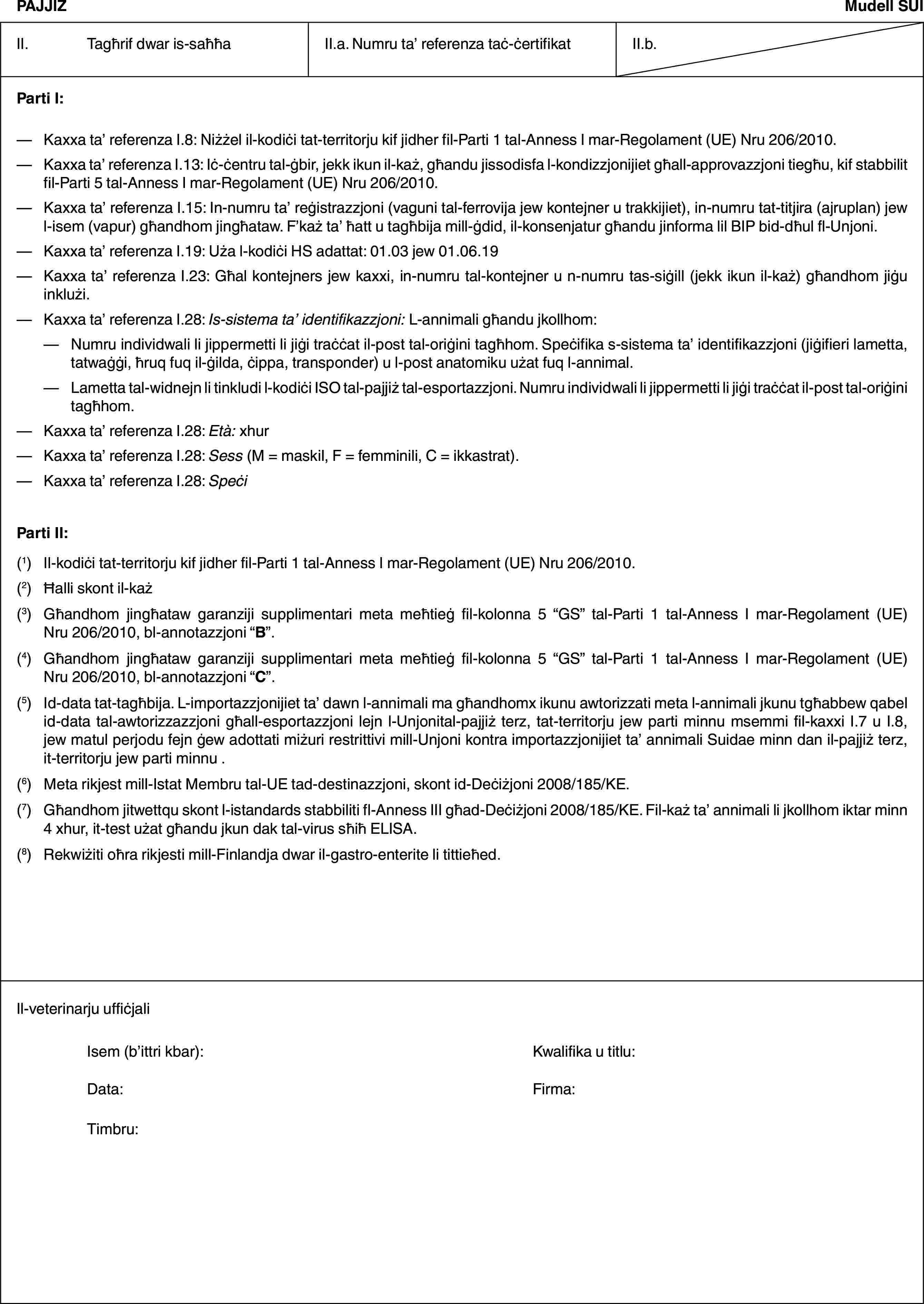 PAJJIŻMudell SUIII. Tagħrif dwar is-saħħaII.a. Numru ta’ referenza taċ-ċertifikatII.b.Parti I:— Kaxxa ta’ referenza I.8: Niżżel il-kodiċi tat-territorju kif jidher fil-Parti 1 tal-Anness I mar-Regolament (UE) Nru 206/2010.— Kaxxa ta’ referenza I.13: Iċ-ċentru tal-ġbir, jekk ikun il-każ, għandu jissodisfa l-kondizzjonijiet għall-approvazzjoni tiegħu, kif stabbilit fil-Parti 5 tal-Anness I mar-Regolament (UE) Nru 206/2010.— Kaxxa ta’ referenza I.15: In-numru ta’ reġistrazzjoni (vaguni tal-ferrovija jew kontejner u trakkijiet), in-numru tat-titjira (ajruplan) jew l-isem (vapur) għandhom jingħataw. F’każ ta’ ħatt u tagħbija mill-ġdid, il-konsenjatur għandu jinforma lil BIP bid-dħul fl-Unjoni.— Kaxxa ta’ referenza I.19: Uża l-kodiċi HS adattat: 01.03 jew 01.06.19— Kaxxa ta’ referenza I.23: Għal kontejners jew kaxxi, in-numru tal-kontejner u n-numru tas-siġill (jekk ikun il-każ) għandhom jiġu inklużi.— Kaxxa ta’ referenza I.28: Is-sistema ta’ identifikazzjoni: L-annimali għandu jkollhom:— Numru individwali li jippermetti li jiġi traċċat il-post tal-oriġini tagħhom. Speċifika s-sistema ta’ identifikazzjoni (jiġifieri lametta, tatwaġġi, ħruq fuq il-ġilda, ċippa, transponder) u l-post anatomiku użat fuq l-annimal.— Lametta tal-widnejn li tinkludi l-kodiċi ISO tal-pajjiż tal-esportazzjoni. Numru individwali li jippermetti li jiġi traċċat il-post tal-oriġini tagħhom.— Kaxxa ta’ referenza I.28: Età: xhur— Kaxxa ta’ referenza I.28: Sess (M = maskil, F = femminili, C = ikkastrat).— Kaxxa ta’ referenza I.28: SpeċiParti II:(1) Il-kodiċi tat-territorju kif jidher fil-Parti 1 tal-Anness I mar-Regolament (UE) Nru 206/2010.(2) Ħalli skont il-każ(3) Għandhom jingħataw garanziji supplimentari meta meħtieġ fil-kolonna 5 “GS” tal-Parti 1 tal-Anness I mar-Regolament (UE) Nru 206/2010, bl-annotazzjoni “B”.(4) Għandhom jingħataw garanziji supplimentari meta meħtieġ fil-kolonna 5 “GS” tal-Parti 1 tal-Anness I mar-Regolament (UE) Nru 206/2010, bl-annotazzjoni “C”.(5) Id-data tat-tagħbija. L-importazzjonijiet ta’ dawn l-annimali ma għandhomx ikunu awtorizzati meta l-annimali jkunu tgħabbew qabel id-data tal-awtorizzazzjoni għall-esportazzjoni lejn l-Unjonital-pajjiż terz, tat-territorju jew parti minnu msemmi fil-kaxxi I.7 u I.8, jew matul perjodu fejn ġew adottati miżuri restrittivi mill-Unjoni kontra importazzjonijiet ta’ annimali Suidae minn dan il-pajjiż terz, it-territorju jew parti minnu .(6) Meta rikjest mill-Istat Membru tal-UE tad-destinazzjoni, skont id-Deċiżjoni 2008/185/KE.(7) Għandhom jitwettqu skont l-istandards stabbiliti fl-Anness III għad-Deċiżjoni 2008/185/KE. Fil-każ ta’ annimali li jkollhom iktar minn 4 xhur, it-test użat għandu jkun dak tal-virus sħiħ ELISA.(8) Rekwiżiti oħra rikjesti mill-Finlandja dwar il-gastro-enterite li tittieħed.Il-veterinarju uffiċjaliIsem (b’ittri kbar): Kwalifika u titlu:Data: Firma:Timbru: