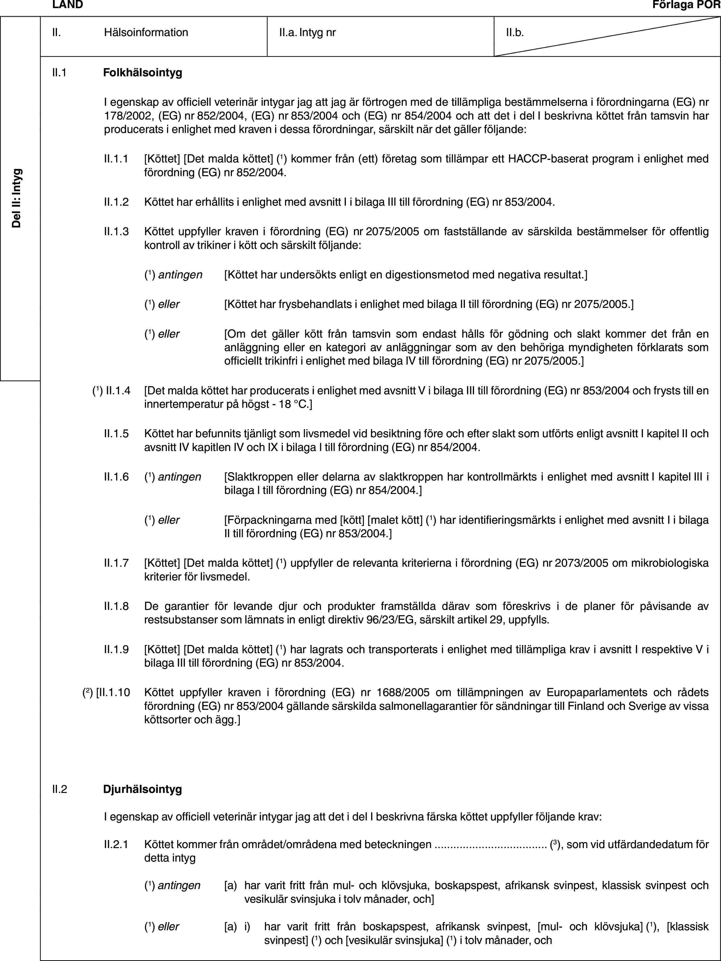 Del II: IntygLANDFörlaga PORII. HälsoinformationII.a. Intyg nrII.b.II.1 FolkhälsointygI egenskap av officiell veterinär intygar jag att jag är förtrogen med de tillämpliga bestämmelserna i förordningarna (EG) nr 178/2002, (EG) nr 852/2004, (EG) nr 853/2004 och (EG) nr 854/2004 och att det i del I beskrivna köttet från tamsvin har producerats i enlighet med kraven i dessa förordningar, särskilt när det gäller följande:II.1.1 [Köttet] [Det malda köttet] (1) kommer från (ett) företag som tillämpar ett HACCP-baserat program i enlighet med förordning (EG) nr 852/2004.II.1.2 Köttet har erhållits i enlighet med avsnitt I i bilaga III till förordning (EG) nr 853/2004.II.1.3 Köttet uppfyller kraven i förordning (EG) nr 2075/2005 om fastställande av särskilda bestämmelser för offentlig kontroll av trikiner i kött och särskilt följande:(1) antingen [Köttet har undersökts enligt en digestionsmetod med negativa resultat.](1) eller [Köttet har frysbehandlats i enlighet med bilaga II till förordning (EG) nr 2075/2005.](1) eller [Om det gäller kött från tamsvin som endast hålls för gödning och slakt kommer det från en anläggning eller en kategori av anläggningar som av den behöriga myndigheten förklarats som officiellt trikinfri i enlighet med bilaga IV till förordning (EG) nr 2075/2005.](1) II.1.4 [Det malda köttet har producerats i enlighet med avsnitt V i bilaga III till förordning (EG) nr 853/2004 och frysts till en innertemperatur på högst - 18 °C.]II.1.5 Köttet har befunnits tjänligt som livsmedel vid besiktning före och efter slakt som utförts enligt avsnitt I kapitel II och avsnitt IV kapitlen IV och IX i bilaga I till förordning (EG) nr 854/2004.II.1.6 (1) antingen [Slaktkroppen eller delarna av slaktkroppen har kontrollmärkts i enlighet med avsnitt I kapitel III i bilaga I till förordning (EG) nr 854/2004.](1) eller [Förpackningarna med [kött] [malet kött] (1) har identifieringsmärkts i enlighet med avsnitt I i bilaga II till förordning (EG) nr 853/2004.]II.1.7 [Köttet] [Det malda köttet] (1) uppfyller de relevanta kriterierna i förordning (EG) nr 2073/2005 om mikrobiologiska kriterier för livsmedel.II.1.8 De garantier för levande djur och produkter framställda därav som föreskrivs i de planer för påvisande av restsubstanser som lämnats in enligt direktiv 96/23/EG, särskilt artikel 29, uppfylls.II.1.9 [Köttet] [Det malda köttet] (1) har lagrats och transporterats i enlighet med tillämpliga krav i avsnitt I respektive V i bilaga III till förordning (EG) nr 853/2004.(2) [II.1.10 Köttet uppfyller kraven i förordning (EG) nr 1688/2005 om tillämpningen av Europaparlamentets och rådets förordning (EG) nr 853/2004 gällande särskilda salmonellagarantier för sändningar till Finland och Sverige av vissa köttsorter och ägg.]II.2 DjurhälsointygI egenskap av officiell veterinär intygar jag att det i del I beskrivna färska köttet uppfyller följande krav:II.2.1 Köttet kommer från området/områdena med beteckningen … (3), som vid utfärdandedatum för detta intyg(1) antingen [a) har varit fritt från mul- och klövsjuka, boskapspest, afrikansk svinpest, klassisk svinpest och vesikulär svinsjuka i tolv månader, och](1) eller [a) i) har varit fritt från boskapspest, afrikansk svinpest, [mul- och klövsjuka] (1), [klassisk svinpest] (1) och [vesikulär svinsjuka] (1) i tolv månader, och