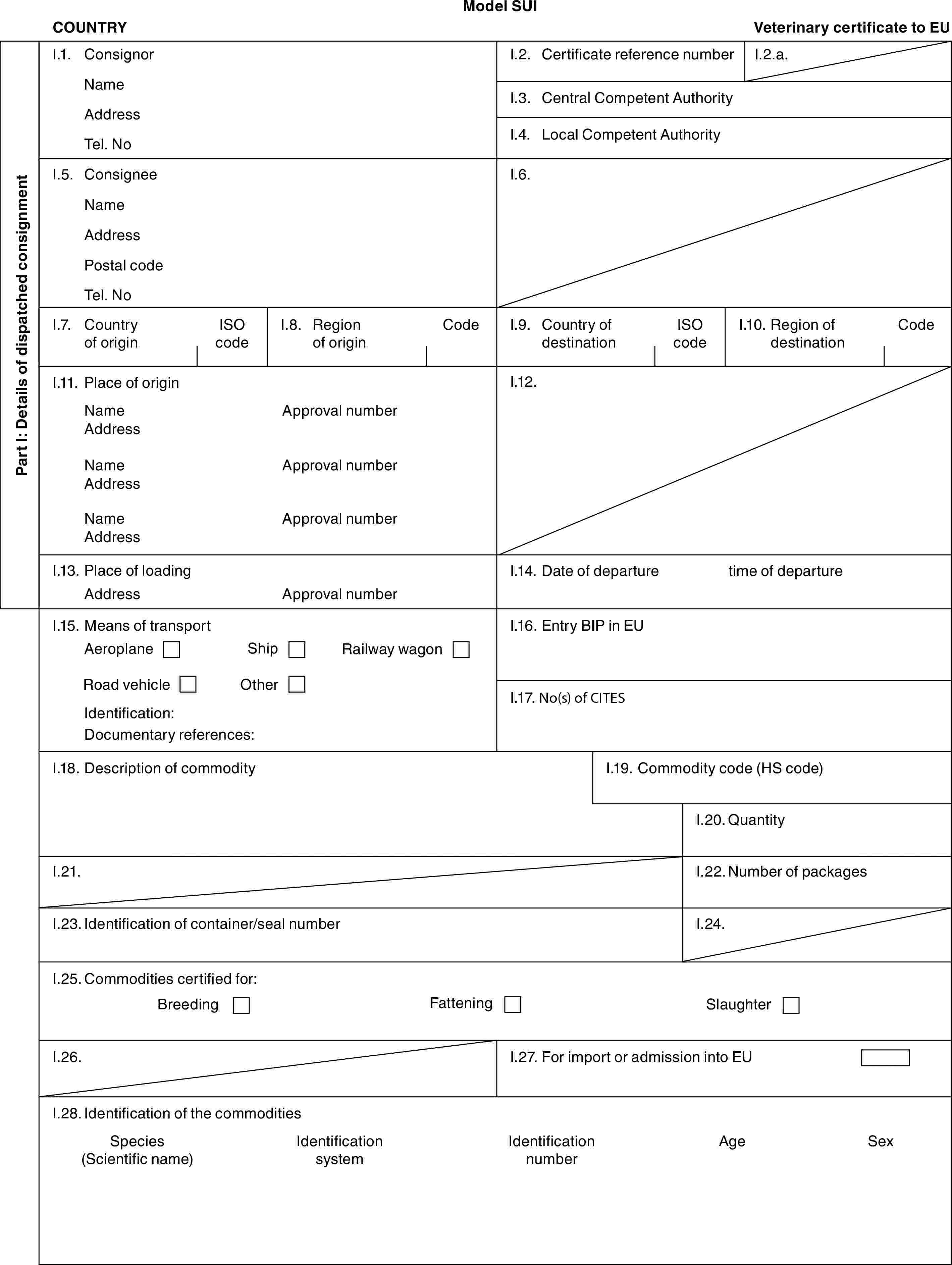 Model SUICOUNTRYVeterinary certificate to EUPart I: Details of dispatched consignmentI.1. ConsignorNameAddressTel. NoI.2. Certificate reference numberI.2.a.I.3. Central Competent AuthorityI.4. Local Competent AuthorityI.5. ConsigneeNameAddressPostal codeTel. NoI.6.I.7. Country of originISO codeI.8. Region of originCodeI.9. Country of destinationISO codeI.10. Region of destinationCodeI.11. Place of originNameAddressNameAddressNameAddressApproval numberApproval numberApproval numberI.12.I.13. Place of loadingAddressApproval numberI.14. Date of departuretime of departureI.15. Means of transportAeroplaneShipRailway wagonRoad vehicleOtherIdentification:Documentary references:I.16. Entry BIP in EUI.17. No(s) of CITESI.18. Description of commodityI.19. Commodity code (HS code)I.20. QuantityI.21.I.22. Number of packagesI.23. Identification of container/seal numberI.24.I.25. Commodities certified for:BreedingFatteningSlaughterI.26.I.27. For import or admission into EUI.28. Identification of the commoditiesSpecies (Scientific name)Identification systemIdentification numberAgeSex