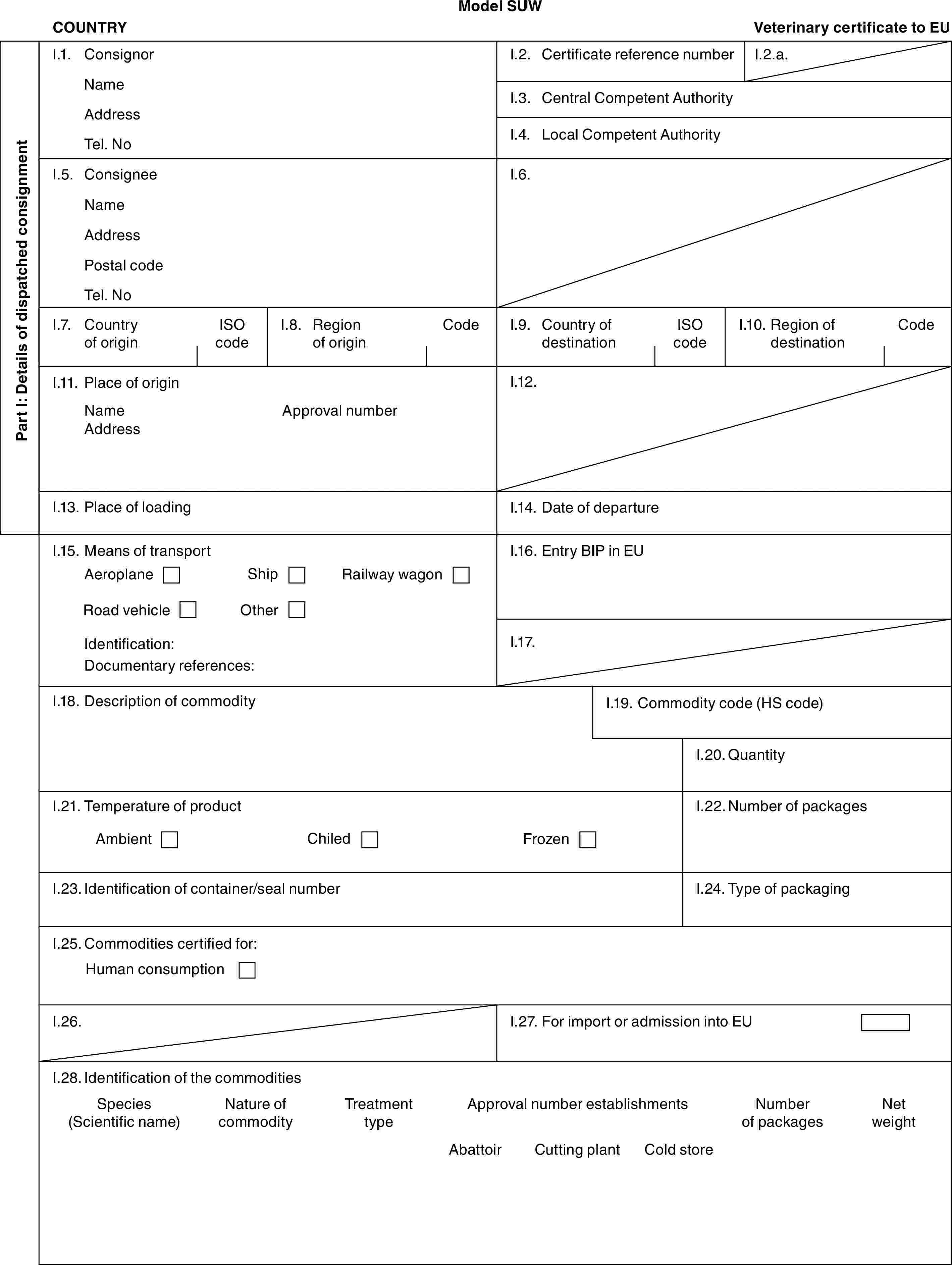 Model SUWCOUNTRYVeterinary certificate to EUPart I: Details of dispatched consignmentI.1. ConsignorNameAddressTel. NoI.2. Certificate reference numberI.2.a.I.3. Central Competent AuthorityI.4. Local Competent AuthorityI.5. ConsigneeNameAddressPostal codeTel. NoI.6.I.7. Country of originISO codeI.8. Region of originCodeI.9. Country of destinationISO codeI.10. Region of destinationCodeI.11. Place of originNameAddressApproval numberI.12.I.13. Place of loadingI.14. Date of departureI.15. Means of transportAeroplaneShipRailway wagonRoad vehicleOtherIdentification:Documentary references:I.16. Entry BIP in EUI.17.I.18. Description of commodityI.19. Commodity code (HS code)I.20. QuantityI.21. Temperature of productAmbientChiledFrozenI.22. Number of packagesI.23. Identification of container/seal numberI.24. Type of packagingI.25. Commodities certified for:Human consumptionI.26.I.27. For import or admission into EUI.28. Identification of the commoditiesSpecies (Scientific name)Nature of commodityTreatment typeApproval number establishmentsNumber of packagesNet weightAbattoirCutting plantCold store