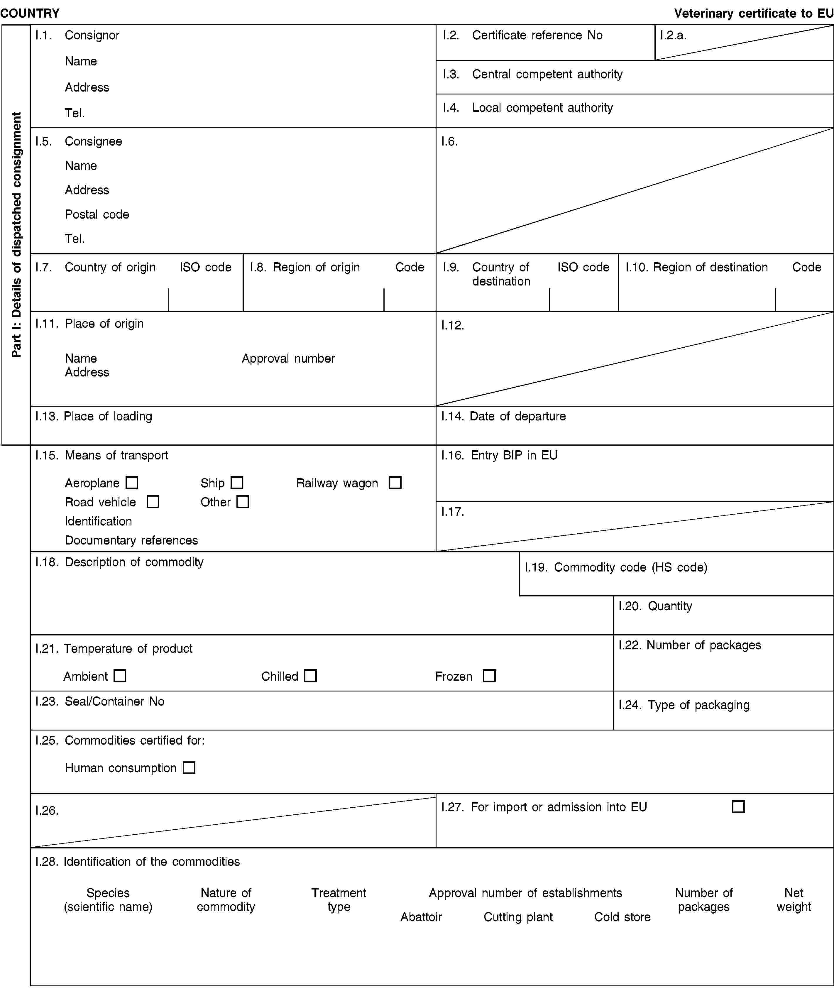 Part I: Details of dispatched consignmentCOUNTRYVeterinary certificate to EUI.1. ConsignorNameAddressTel.I.2. Certificate reference NoI.2.a.I.3. Central competent authorityI.4. Local competent authorityI.5. ConsigneeNameAddressPostal codeTel.I.6.I.7. Country of originISO codeI.8. Region of originCodeI.9. Country of destinationISO codeI.10. Region of destinationCodeI.11. Place of originNameApproval numberAddressI.12.I.13. Place of loadingI.14. Date of departureI.15. Means of transportAeroplaneShipRailway wagonRoad vehicleOtherIdentificationDocumentary referencesI.16. Entry BIP in EUI.17.I.18. Description of commodityI.19. Commodity code (HS code)I.20. QuantityI.21. Temperature of productAmbientChilledFrozenI.22. Number of packagesI.23. Seal/Container NoI.24. Type of packagingI.25. Commodities certified for:Human consumptionI.26.I.27. For import or admission into EUI.28. Identification of the commoditiesSpecies(scientific name)Nature of commodityTreatment typeApproval number of establishmentsAbattoirCutting plantCold storeNumber of packagesNet weight