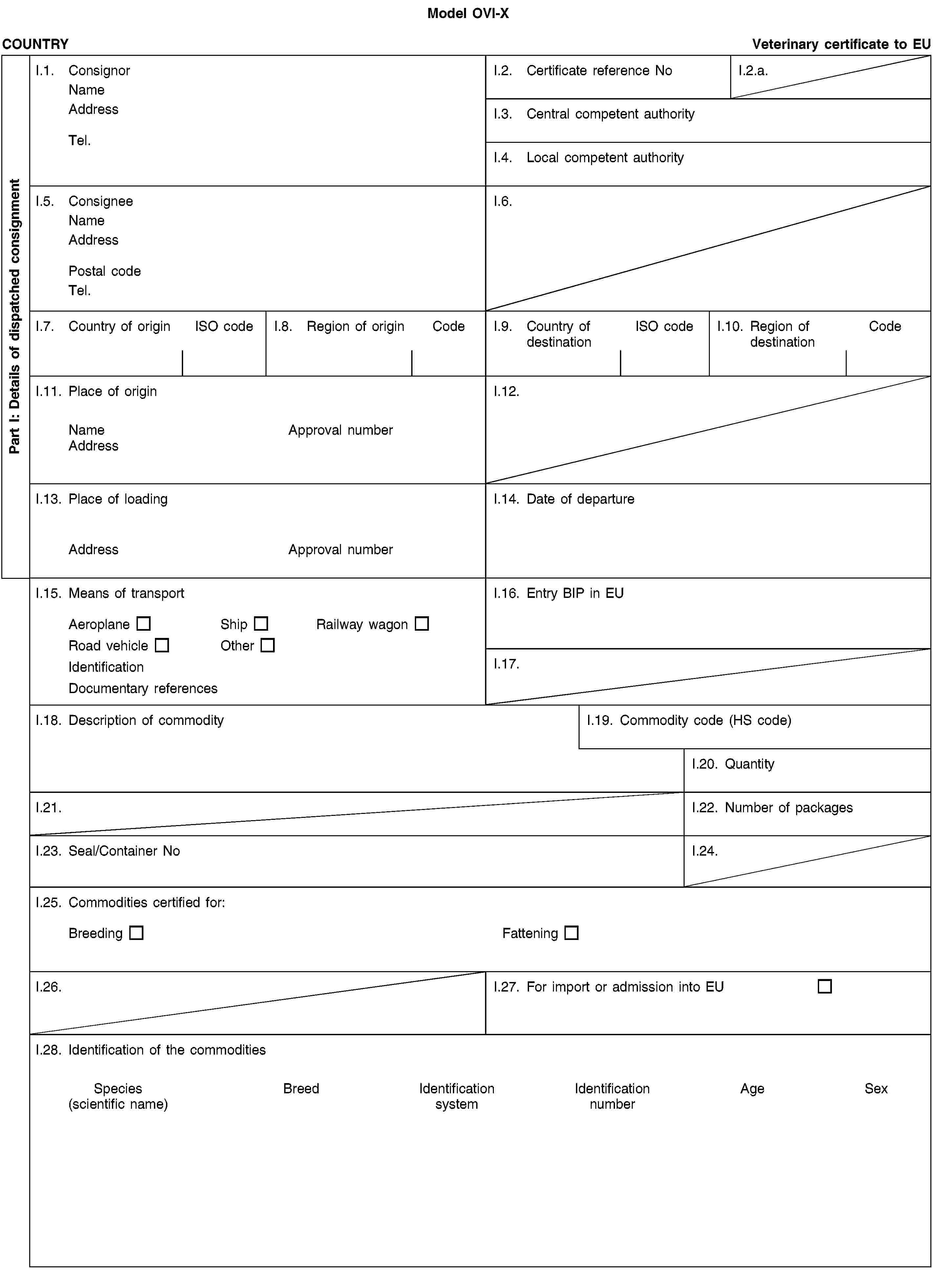 Model OVI-XPart I: Details of dispatched consignmentCOUNTRYVeterinary certificate to EUI.1. ConsignorNameAddressTel.I.2. Certificate reference NoI.2.a.I.3. Central competent authorityI.4. Local competent authorityI.5. ConsigneeNameAddressPostal codeTel.I.6.I.7. Country of originISO codeI.8. Region of originCodeI.9. Country of destinationISO codeI.10. Region of destinationCodeI.11. Place of originNameApproval numberAddressI.12.I.13. Place of loadingAddressApproval numberI.14. Date of departureI.15. Means of transportAeroplaneShipRailway wagonRoad vehicleOtherIdentificationDocumentary referencesI.16. Entry BIP in EUI.17.I.18. Description of commodityI.19. Commodity code (HS code)I.20. QuantityI.21.I.22. Number of packagesI.23. Seal/Container NoI.24.I.25. Commodities certified for:BreedingFatteningI.26.I.27. For import or admission into EUI.28. Identification of the commoditiesSpecies(scientific name)BreedIdentification systemIdentification numberAgeSex