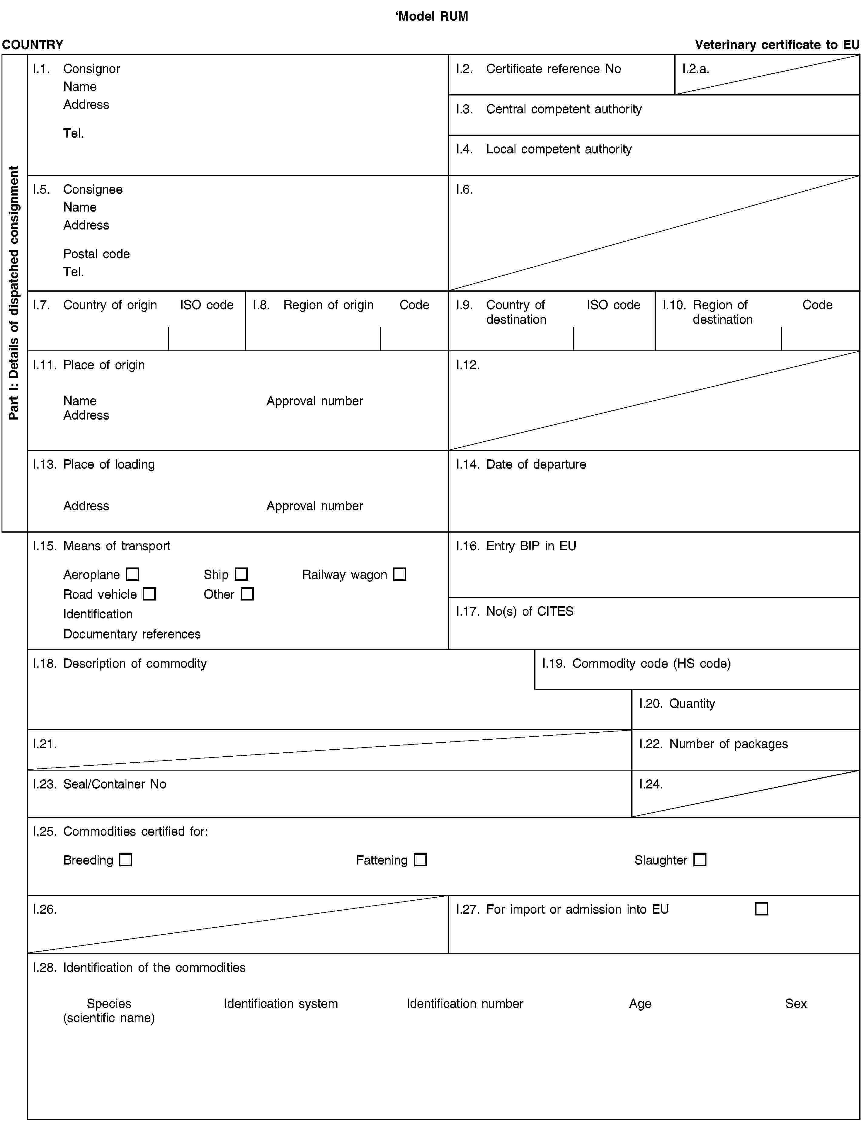 Model RUMPart I: Details of dispatched consignmentCOUNTRYVeterinary certificate to EUI.1. ConsignorNameAddressTel.I.2. Certificate reference NoI.2.a.I.3. Central competent authorityI.4. Local competent authorityI.5. ConsigneeNameAddressPostal codeTel.I.6.I.7. Country of originISO codeI.8. Region of originCodeI.9. Country of destinationISO codeI.10. Region of destinationCodeI.11. Place of originNameApproval numberAddressI.12.I.13. Place of loadingAddressApproval numberI.14. Date of departureI.15. Means of transportAeroplaneShipRailway wagonRoad vehicleOtherIdentificationDocumentary referencesI.16. Entry BIP in EUI.17. No(s) of CITESI.18. Description of commodityI.19. Commodity code (HS code)I.20. QuantityI.21.I.22. Number of packagesI.23. Seal/Container NoI.24.I.25. Commodities certified for:BreedingFatteningSlaughterI.26.I.27. For import or admission into EUI.28. Identification of the commoditiesSpecies(scientific name)Identification systemIdentification numberAgeSex