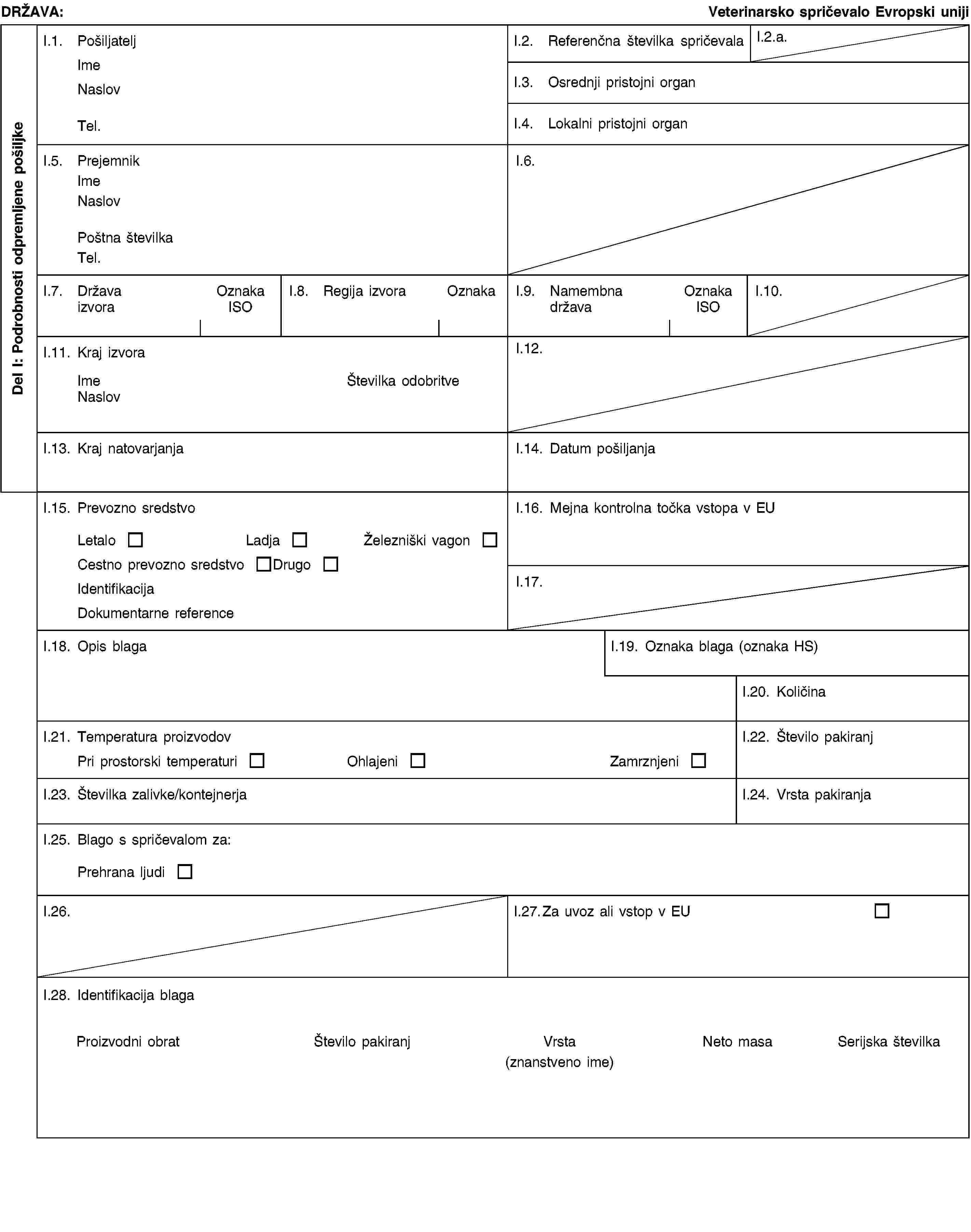 Del I: Podrobnosti odpremljene pošiljkeDRŽAVA:Veterinarsko spričevalo Evropski unijiI.1. PošiljateljImeNaslovTel.I.2. Referenčna številka spričevalaI.2.a.I.3. Osrednji pristojni organI.4. Lokalni pristojni organI.5. PrejemnikImeNaslovPoštna številkaTel.I.6.I.7. Država izvoraOznaka ISOI.8. Regija izvoraOznakaI.9. Namembna državaOznaka ISOI.10.I.11. Kraj izvoraImeŠtevilka odobritveNaslovI.12.I.13. Kraj natovarjanjaI.14. Datum pošiljanjaI.15. Prevozno sredstvoLetaloLadjaŽelezniški vagonCestno prevozno sredstvoDrugoIdentifikacijaDokumentarne referenceI.16. Mejna kontrolna točka vstopa v EUI.17.I.18. Opis blagaI.19. Oznaka blaga (oznaka HS)I.20. KoličinaI.21. Temperatura proizvodovPri prostorski temperaturiOhlajeniZamrznjeniI.22. Število pakiranjI.23. Številka zalivke/kontejnerjaI.24. Vrsta pakiranjaI.25. Blago s spričevalom za:Prehrana ljudiI.26.I.27. Za uvoz ali vstop v EUI.28. Identifikacija blagaProizvodni obratŠtevilo pakiranjVrsta(znanstveno ime)Neto masaSerijska številka