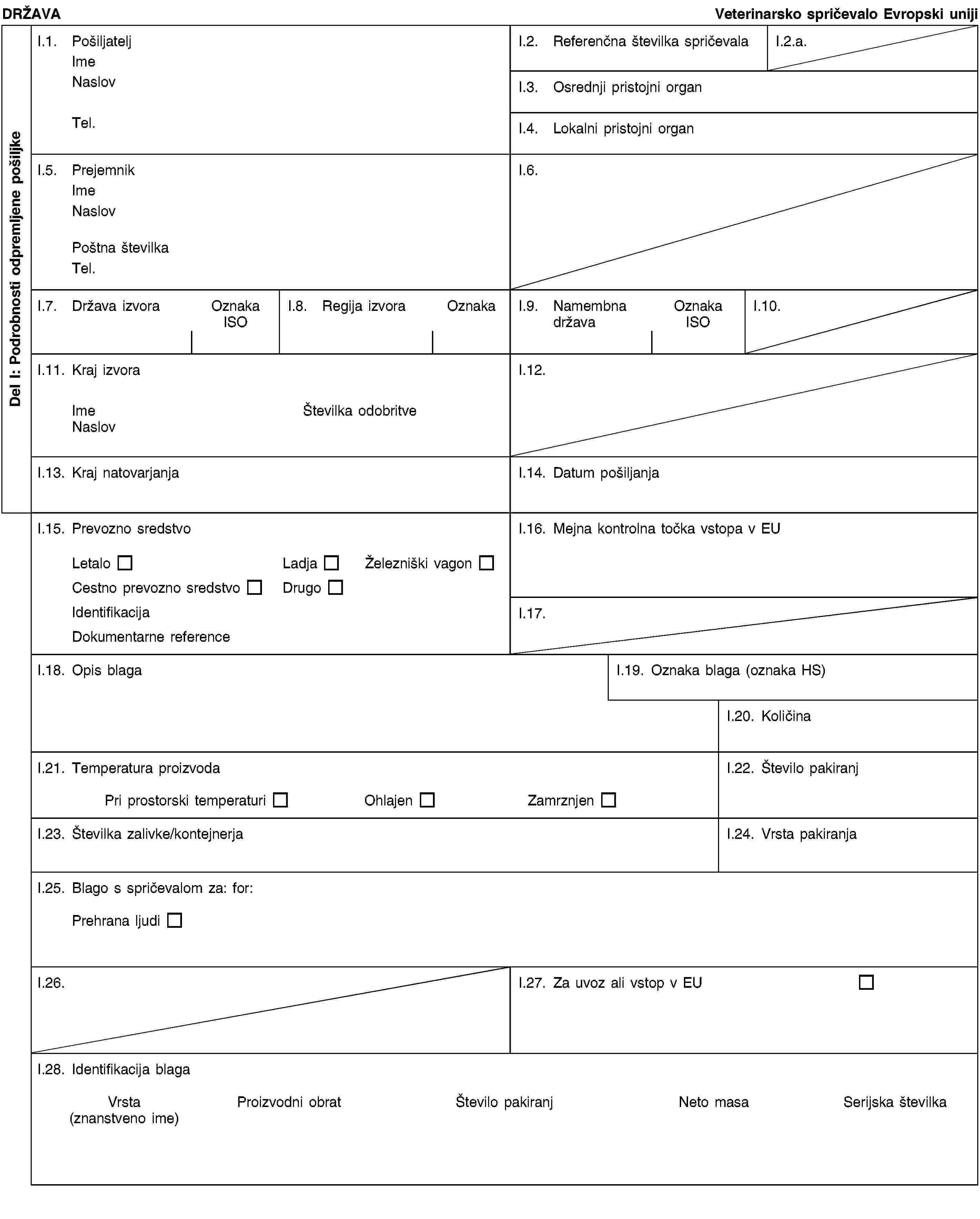 Del I: Podrobnosti odpremljene pošiljkeDRŽAVAVeterinarsko spričevalo Evropski unijiI.1. PošiljateljImeNaslovTel.I.2. Referenčna številka spričevalaI.2.a.I.3. Osrednji pristojni organI.4. Lokalni pristojni organI.5. PrejemnikImeNaslovPoštna številkaTel.I.6.I.7. Država izvoraOznaka ISOI.8. Regija izvoraOznakaI.9. Namembna državaOznaka ISOI.10.I.11. Kraj izvoraImeŠtevilka odobritveNaslovI.12.I.13. Kraj natovarjanjaI.14. Datum pošiljanjaI.15. Prevozno sredstvoLetaloLadjaŽelezniški vagonCestno prevozno sredstvoDrugoIdentifikacijaDokumentarne referenceI.16. Mejna kontrolna točka vstopa v EUI.17.I.18. Opis blagaI.19. Oznaka blaga (oznaka HS)I.20. KoličinaI.21. Temperatura proizvodaPri prostorski temperaturiOhlajenZamrznjenI.22. Število pakiranjI.23. Številka zalivke/kontejnerjaI.24. Vrsta pakiranjaI.25. Blago s spričevalom za: for:Prehrana ljudiI.26.I.27. Za uvoz ali vstop v EUI.28. Identifikacija blagaVrsta(znanstveno ime)Proizvodni obratŠtevilo pakiranjNeto masaSerijska številka