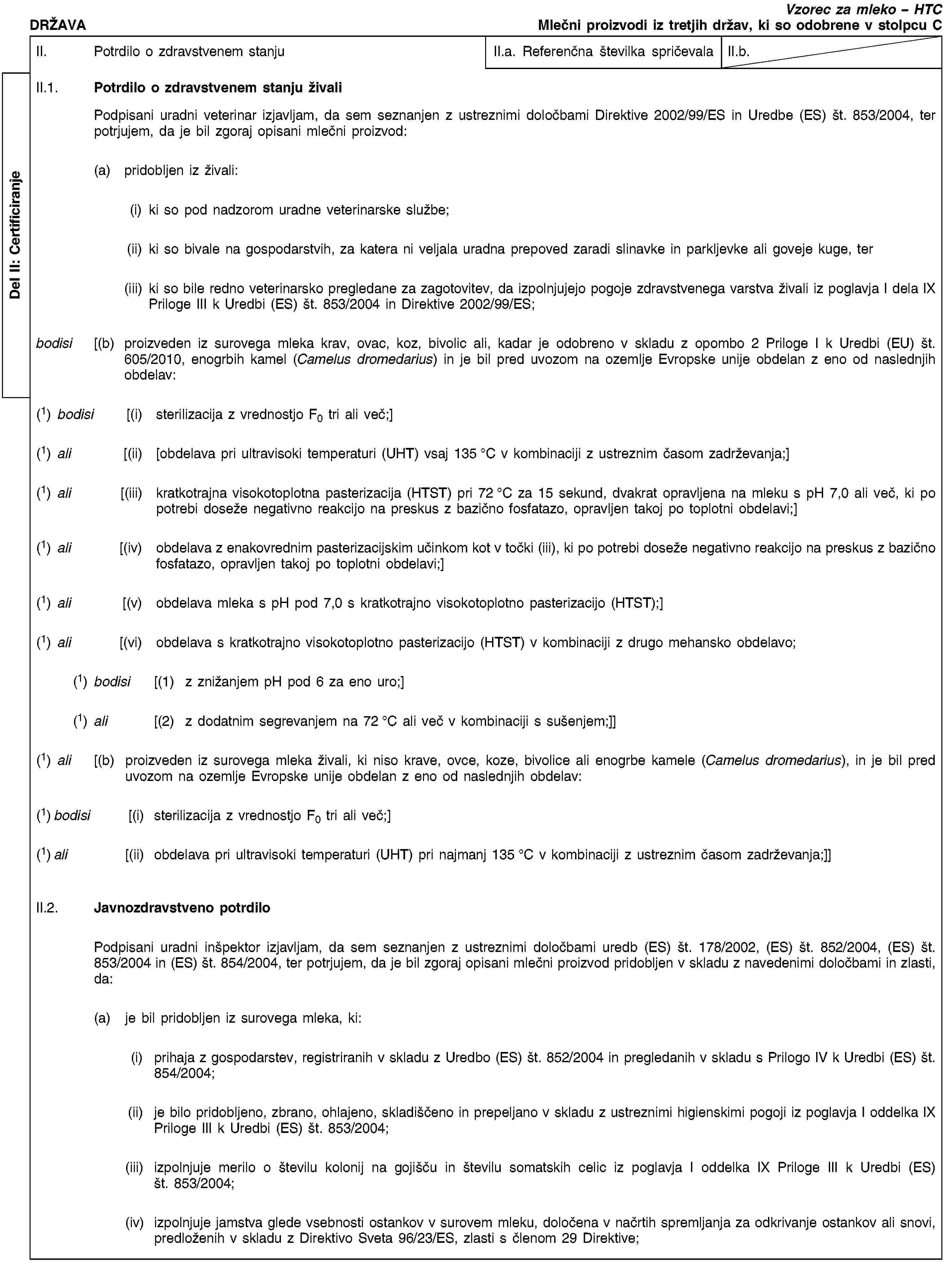 Del II: CertificiranjeDRŽAVAVzorec za mleko – HTCMlečni proizvodi iz tretjih držav, ki so odobrene v stolpcu CII. Potrdilo o zdravstvenem stanjuII.a. Referenčna številka spričevalaII.b.II.1. Potrdilo o zdravstvenem stanju živaliPodpisani uradni veterinar izjavljam, da sem seznanjen z ustreznimi določbami Direktive 2002/99/ES in Uredbe (ES) št. 853/2004, ter potrjujem, da je bil zgoraj opisani mlečni proizvod:(a) pridobljen iz živali:(i) ki so pod nadzorom uradne veterinarske službe;(ii) ki so bivale na gospodarstvih, za katera ni veljala uradna prepoved zaradi slinavke in parkljevke ali goveje kuge, ter(iii) ki so bile redno veterinarsko pregledane za zagotovitev, da izpolnjujejo pogoje zdravstvenega varstva živali iz poglavja I dela IX Priloge III k Uredbi (ES) št. 853/2004 in Direktive 2002/99/ES;bodisi [(b) proizveden iz surovega mleka krav, ovac, koz, bivolic ali, kadar je odobreno v skladu z opombo 2 Priloge I k Uredbi (EU) št. 605/2010, enogrbih kamel (Camelus dromedarius) in je bil pred uvozom na ozemlje Evropske unije obdelan z eno od naslednjih obdelav:(1) bodisi [(i) sterilizacija z vrednostjo F0 tri ali več;](1) ali [(ii) [obdelava pri ultravisoki temperaturi (UHT) vsaj 135 °C v kombinaciji z ustreznim časom zadrževanja;](1) ali [(iii) kratkotrajna visokotoplotna pasterizacija (HTST) pri 72 °C za 15 sekund, dvakrat opravljena na mleku s pH 7,0 ali več, ki po potrebi doseže negativno reakcijo na preskus z bazično fosfatazo, opravljen takoj po toplotni obdelavi;](1) ali [(iv) obdelava z enakovrednim pasterizacijskim učinkom kot v točki (iii), ki po potrebi doseže negativno reakcijo na preskus z bazično fosfatazo, opravljen takoj po toplotni obdelavi;](1) ali [(v) obdelava mleka s pH pod 7,0 s kratkotrajno visokotoplotno pasterizacijo (HTST);](1) ali [(vi) obdelava s kratkotrajno visokotoplotno pasterizacijo (HTST) v kombinaciji z drugo mehansko obdelavo;(1) bodisi [(1) z znižanjem pH pod 6 za eno uro;](1) ali [(2) z dodatnim segrevanjem na 72 °C ali več v kombinaciji s sušenjem;]](1) ali [(b) proizveden iz surovega mleka živali, ki niso krave, ovce, koze, bivolice ali enogrbe kamele (Camelus dromedarius), in je bil pred uvozom na ozemlje Evropske unije obdelan z eno od naslednjih obdelav:(1) bodisi [(i) sterilizacija z vrednostjo F0 tri ali več;](1) ali [(ii) obdelava pri ultravisoki temperaturi (UHT) pri najmanj 135 °C v kombinaciji z ustreznim časom zadrževanja;]]II.2. Javnozdravstveno potrdiloPodpisani uradni inšpektor izjavljam, da sem seznanjen z ustreznimi določbami uredb (ES) št. 178/2002, (ES) št. 852/2004, (ES) št. 853/2004 in (ES) št. 854/2004, ter potrjujem, da je bil zgoraj opisani mlečni proizvod pridobljen v skladu z navedenimi določbami in zlasti, da:(a) je bil pridobljen iz surovega mleka, ki:(i) prihaja z gospodarstev, registriranih v skladu z Uredbo (ES) št. 852/2004 in pregledanih v skladu s Prilogo IV k Uredbi (ES) št. 854/2004;(ii) je bilo pridobljeno, zbrano, ohlajeno, skladiščeno in prepeljano v skladu z ustreznimi higienskimi pogoji iz poglavja I oddelka IX Priloge III k Uredbi (ES) št. 853/2004;(iii) izpolnjuje merilo o številu kolonij na gojišču in številu somatskih celic iz poglavja I oddelka IX Priloge III k Uredbi (ES) št. 853/2004;(iv) izpolnjuje jamstva glede vsebnosti ostankov v surovem mleku, določena v načrtih spremljanja za odkrivanje ostankov ali snovi, predloženih v skladu z Direktivo Sveta 96/23/ES, zlasti s členom 29 Direktive;